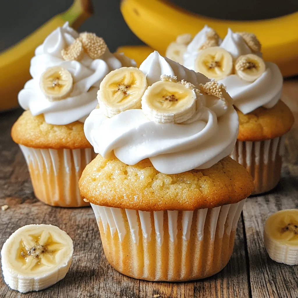 To create the best banana pudding cupcakes, you need these key ingredients: - 1 cup ripe bananas (approximately 2 medium-sized), thoroughly mashed - 1/3 cup vegetable oil - 1 cup granulated sugar - 2 large eggs - 1 teaspoon pure vanilla extract - 1 teaspoon baking powder - 1/2 teaspoon baking soda - 1/4 teaspoon salt - 1 1/2 cups all-purpose flour - 1 cup buttermilk (or substitute using 1 cup milk with 1 tablespoon vinegar added) - 1 box (3.4 oz) instant vanilla pudding mix - 1 cup whipped cream (can be store-bought or homemade) - 1 cup crushed vanilla wafer cookies - Sliced bananas for decoration The dry ingredients give structure to your cupcakes. Use flour, baking powder, baking soda, and salt. Make sure to whisk them well. This helps in even rising while baking. The wet ingredients add moisture and flavor. You will combine mashed bananas, vegetable oil, sugar, eggs, and vanilla. Each ingredient plays a role in making the cupcakes soft and tasty. Using ripe bananas is key for sweetness and natural moisture. The vegetable oil keeps the cupcakes tender. Mixing these wet ingredients well ensures a smooth batter that bakes evenly. For the full recipe, you can follow the detailed instructions to bring these amazing cupcakes to life. Start by preheating your oven to 350°F (175°C). This is the ideal temperature for baking these cupcakes. While the oven heats, line a standard cupcake pan with cupcake liners. This will keep your cupcakes from sticking and make cleanup easy. In a large mixing bowl, combine the wet ingredients first. Mix 1 cup of mashed ripe bananas, 1/3 cup of vegetable oil, and 1 cup of granulated sugar. Whisk these together until smooth. Next, add 2 large eggs and 1 teaspoon of pure vanilla extract. Mix until everything is well combined. In a separate bowl, whisk together the dry ingredients. This includes 1 1/2 cups of all-purpose flour, 1 teaspoon of baking powder, 1/2 teaspoon of baking soda, and 1/4 teaspoon of salt. Gradually add the dry mix to the wet ingredients, alternating with 1 cup of buttermilk. Start and end with the dry ingredients. Mix gently until just combined. Avoid overmixing to keep the cupcakes soft. Fill each cupcake liner about two-thirds full with the batter. This gives them room to rise without spilling over. Place the pan in the preheated oven and bake for about 18-20 minutes. To check if they are done, insert a toothpick into the center of a cupcake. If it comes out clean, they are ready. After baking, let the cupcakes cool in the pan for about 5 minutes before moving them to a wire rack. To make the frosting, follow the package instructions for the instant vanilla pudding mix. Use cold milk as directed. Once the pudding thickens, gently fold in 1 cup of whipped cream. This will create a light and fluffy frosting perfect for topping the cupcakes. Once the cupcakes are completely cool, create wells in the centers of each one. Use a small knife or cupcake corer for this task. Fill each well generously with the banana pudding. Finally, frost the tops of the cupcakes with the remaining pudding frosting. For decoration, sprinkle crushed vanilla wafer cookies on top and add a slice of banana for a fresh touch. For more detailed steps, check the Full Recipe for Best Banana Pudding Cupcakes. To make moist cupcakes, use room temperature ingredients. Cold ingredients can lead to a dense batter. Let your eggs and buttermilk sit out for about 30 minutes before mixing. This small step helps them blend better, creating a light texture. Mixing technique is also key. Stir the wet and dry ingredients gently and just until combined. Overmixing can introduce too much air and make the cupcakes tough. Remember, a few lumps are okay! Presentation matters! Arrange your cupcakes on a vibrant platter for a pop of color. To elevate their look, drizzle extra whipped cream around the base. Add sliced bananas and crushed vanilla wafers for a playful touch. Don’t forget to garnish each cupcake with crushed vanilla wafers. This adds crunch and makes them look extra tempting. A simple slice of banana on top adds a fresh touch, too. A common mistake is overmixing the batter. This can lead to dense cupcakes, which nobody wants. Mix just until combined for the best results. Also, be precise with your measurements. Not measuring ingredients accurately can throw off the balance. Use measuring cups and spoons for the best outcome. Following the Full Recipe will help you get it right each time! {{image_4}} You can make your banana pudding cupcakes even more fun! Adding chocolate or butterscotch chips gives each bite a sweet twist. Just mix in about half a cup of chips into the batter. You can also swap bananas for other fruits like strawberries or peaches. This change brings a fresh taste and keeps things exciting. Frosting can change the whole cupcake vibe! Try different flavors like cream cheese or chocolate frosting for a tasty twist. You can top your cupcakes with crushed nuts, toasted coconut, or even caramel drizzle. These alternatives add texture and layers of flavor that will impress your friends. Worried about dietary needs? You can easily make gluten-free cupcakes. Just use a gluten-free flour blend instead of all-purpose flour. For vegan versions, replace eggs with flax eggs and use plant-based milk and oil. These swaps keep the cupcakes delicious while meeting different diets. To keep your banana pudding cupcakes fresh, cool them completely before storage. Hot cupcakes can create steam, making them soggy. Once cool, place them in airtight containers. This keeps them soft and moist. You can layer them with parchment paper to avoid sticking. If you want to save some for later, freezing is a great option. Wrap each cupcake in plastic wrap and then place them in a freezer bag. This prevents freezer burn. When you are ready to enjoy, take them out and let them thaw in the fridge overnight. For serving, gently reheat them in the microwave for about 10-15 seconds. This helps bring back the soft texture. At room temperature, your cupcakes will stay fresh for about 2-3 days. Keep them in a cool, dry place away from direct sunlight. If you want to keep them longer, store them in the fridge. In the fridge, they can last up to a week. Just remember to cover them well to maintain their moisture. To check if the cupcakes are done, look for a golden color. A toothpick test works well too. Insert a toothpick into the center of a cupcake. If it comes out clean, your cupcakes are ready. This usually takes about 18-20 minutes in the oven. You can prepare the batter ahead of time. I recommend storing it in the fridge if you need to wait. Use the batter within 2 hours for the best results. If stored too long, the cupcakes may not rise well. Cupcakes can sink for several reasons. Overmixing the batter can cause this issue. Also, if you don't use enough baking powder, they might not rise. Make sure to measure your ingredients accurately to avoid sinking. If you do not have buttermilk, an easy substitute exists. Mix 1 cup of milk with 1 tablespoon of vinegar. Let it sit for about 5 minutes. This method makes a quick homemade buttermilk that works well in your recipe. Ripe bananas are key for this recipe. They are sweeter and softer than fresh ones. Fresh bananas may lead to a less moist cupcake. If your bananas have brown spots, they are perfect for baking! To enhance flavor, use fresh ingredients whenever possible. Ripe bananas add sweetness and moisture. Make sure to measure your ingredients right. Also, allow your eggs and buttermilk to reach room temperature before mixing. This will help your cupcakes taste amazing! For the full recipe, check out the Best Banana Pudding Cupcakes. In this guide, we explored how to make tasty cupcakes from scratch. We covered essential ingredients, step-by-step baking instructions, and helpful tips. You learned how to avoid common mistakes and discover fun variations. Storing your cupcakes for freshness ensures they stay delicious. Remember, the key to great cupcakes lies in using ripe bananas and proper mixing. Enjoy baking and sharing these treats!
