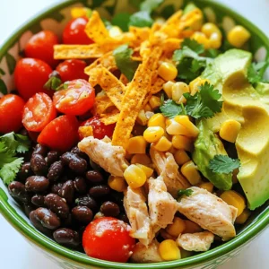 To make this salad pop with flavor, you need: - 2 cups cooked chicken breast, diced into bite-sized pieces - 1 cup canned black beans, drained and rinsed thoroughly - 1 cup corn kernels (use fresh, frozen, or canned) - 1 red bell pepper, diced into small cubes - 1 ripe avocado, diced - 1 small red onion, finely chopped - 1 jalapeño pepper, minced (adjust based on your spice preference) - 1 cup cherry tomatoes, halved for sweetness - 1/4 cup fresh cilantro, roughly chopped - Juice of 2 fresh limes - 3 tablespoons extra virgin olive oil - 1 teaspoon ground cumin - 1 teaspoon chili powder - Salt and freshly cracked black pepper to taste - Crunchy tortilla strips for garnish These ingredients create a bold and colorful mix that shines in the bowl. You can tweak the salad to suit your taste. Here are some options: - Add diced cucumber for extra crunch. - Toss in some sweet corn for a pop of flavor. - Try adding black olives for a briny bite. - Include diced mango for a sweet contrast. - Use different herbs like parsley or mint for a fresh twist. Feel free to mix and match these items. For dressing, I love a zesty lime vinaigrette. Use: - Fresh lime juice, - Extra virgin olive oil, - Ground cumin, - Chili powder, - A pinch of salt and pepper. This dressing brings the salad to life. You can also try a creamy avocado dressing or a spicy ranch if you want a different flavor. For the best taste, make sure to balance the heat and acidity. This will enhance every bite. Check out the Full Recipe for complete details. Start by gathering your ingredients. You will need cooked chicken, black beans, corn, and more. In a large bowl, add the diced cooked chicken. Next, toss in the black beans, corn, diced red bell pepper, avocado, red onion, minced jalapeño, and halved cherry tomatoes. Use a spatula to mix all the ingredients. Be gentle to keep the avocado intact. In a small bowl, combine the fresh lime juice and extra virgin olive oil. Add the ground cumin and chili powder. Season with salt and pepper. Whisk until the dressing is smooth. This adds a bright and zesty flavor to the salad. Pour the dressing over the salad. Toss everything together so that each piece is coated evenly. Serve the salad in bowls or on a large platter. For a nice touch, add crispy tortilla strips on top. This gives a great crunch. You can also add extra lime wedges on the side. A sprinkle of cilantro looks nice and brightens the dish. Enjoy your Spicy Southwest Chicken Salad! For the complete recipe, check out the Full Recipe section. When you dice ingredients, make sure they are fresh. Fresh veggies taste better! Start by washing them well. Use a sharp knife for clean cuts. Cut your bell pepper into strips, then chop those strips into small cubes. For the onion, cut it in half, place the flat side down, and slice it thinly. This method makes dicing quick and easy. To cook chicken breast well, use a meat thermometer. Aim for 165°F inside for safety. Start with a hot pan. Add a little olive oil and season the chicken with salt and pepper. Cook for 6-7 minutes on each side for even browning. Let it rest before dicing. This keeps the chicken juicy and tasty. Use the diced chicken in your salad for the best flavor. If you have leftover salad, store it in an airtight container. It stays fresh for up to three days. Keep the dressing separate until you're ready to eat. This prevents the salad from getting soggy. When ready to enjoy, drizzle the dressing and mix it well. The salad will taste fresh, just like when you first made it. {{image_4}} You can easily make this salad vegetarian or vegan. Just swap out the chicken for hearty ingredients like grilled tofu or chickpeas. Both options add protein and texture. For a vegan twist, use lime juice and olive oil for the dressing. Skip the honey or dairy-based dressings to keep it plant-based. Want more heat? Add diced serrano peppers or extra jalapeños to the mix. You can also switch the chili powder for chipotle powder. This gives a smoky flavor and more spice. If you want a milder taste, use sweet paprika instead. For crunch, try adding crushed spicy tortilla chips. This salad pairs well with grilled meats or fish. You can serve it alongside tacos or burritos for a festive meal. It also works great as a filling lunch on its own. For a complete dinner, add a side of Mexican rice or quinoa. This will round out your meal and keep it balanced. For the full recipe, check out the Zesty Southwest Chicken Salad 🥗. This Spicy Southwest Chicken Salad packs a punch of flavors and nutrition. A serving has about 400 calories. The chicken adds lean protein, while the beans and corn boost fiber. This fiber helps keep your digestion healthy. Healthy fats come from the avocado and olive oil, supporting heart health. The lime juice brightens the dish and adds vitamin C, which helps your immune system. This salad is full of key nutrients. Here are some highlights: - Protein: Chicken and beans provide a great source of protein. - Fiber: Beans and corn are high in fiber, aiding digestion. - Healthy Fats: Avocado offers healthy monounsaturated fats. - Vitamins and Minerals: Bell peppers and tomatoes add vitamins A and C. These nutrients help keep you energized and satisfied. This salad is a winner for many diets. It is naturally gluten-free because it has no wheat products. If you want a low-carb option, skip the corn or use fewer beans. You can also add more leafy greens for extra volume. This salad can fit into various meal plans, making it a flexible choice for any table. For the full recipe, check out the details above! You can make this salad ahead of time. Prepare the chicken, beans, and veggies. Mix them in a bowl. Keep the dressing separate until you are ready to serve. This keeps the salad fresh and crunchy. Store it in the fridge for up to two days. Just add the dressing before you eat. If you want a chicken substitute, try these options: - Turkey breast: This has a similar taste and texture. - Tofu: Cubed firm tofu works well for a vegan option. - Chickpeas: They add protein and a nice texture. - Tempeh: This is a great choice for a hearty option. All these substitutes give you a tasty salad without chicken. Yes, you can use frozen ingredients! Frozen corn works great in this salad. Just thaw it before mixing. For beans, use canned ones for better taste. If you use frozen bell peppers, chop them after thawing. This makes it easy to get fresh flavors with frozen veggies. Check the Full Recipe for all the details! This blog post guides you on making a Spicy Southwest Chicken Salad. We covered essential and optional ingredients, dressings, and step-by-step preparation. You now know tips for cooking chicken and storing leftovers. We explored delicious variations and shared nutritional info. In conclusion, this salad is versatile and healthy. You can easily customize it to fit your taste. Whether you’re meal-prepping or serving guests, this recipe shines. Enjoy every bite of your spicy creation!