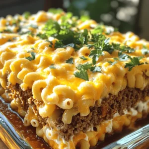 - 1 lb (450g) ground beef - 1 cup (100g) breadcrumbs - 1 large egg - 2 cups (200g) shredded cheddar cheese (divided) - 1 cup (240ml) milk - 1/2 cup (120g) sour cream - 1 teaspoon garlic powder - 1 teaspoon onion powder - 1 teaspoon smoked paprika Gathering the right ingredients is key. Start with ground beef, which gives the casserole its hearty base. Breadcrumbs help bind the meat, making it hold together. The egg adds moisture and richness. Next, we have cheese and dairy. Cheddar cheese brings that classic flavor to the dish. Sour cream adds creaminess, while milk makes everything smooth. For flavor, we use garlic powder and onion powder. These give a savory kick. Smoked paprika adds depth and a slight warmth. With these ingredients, you're set to create a delicious Mac and Cheese Meatloaf Casserole. For more details, check out the Full Recipe. 1. Preheat your oven to 350°F (175°C). This helps the casserole cook evenly. 2. In a large mixing bowl, combine the ground beef, breadcrumbs, egg, garlic powder, onion powder, and smoked paprika. Add salt and pepper to taste. Use your hands to mix everything until well blended. 1. Grease a 9x13 inch casserole dish with non-stick spray. Spread the meat mixture evenly on the bottom. This forms a strong base for your casserole. 2. In another bowl, mix the cooked macaroni with 1 cup of shredded cheddar cheese, milk, and sour cream. Stir well until the macaroni is coated. 1. Layer the macaroni mixture over the meat layer in the dish. Make sure it covers the meat fully. 2. Pour marinara sauce over the macaroni. Spread it out to keep the dish moist and tasty. 3. Sprinkle the remaining cheddar cheese and grated Parmesan cheese on top. 4. Bake the casserole for 30-35 minutes. It should be bubbly and golden. 5. Once done, let it sit for about 5 minutes. This helps it set and makes serving easier. You can find the Full Recipe to guide you through this process. To ensure even cooking, spread the meat mixture flat in the dish. This helps it cook uniformly. Use a spatula to level it out. Layer the macaroni carefully on top. This keeps the flavors balanced and each bite delicious. For presentation, slice the casserole into squares. Place each square on a plate. Add a sprinkle of parsley on top for color. Serve it with a simple green salad. The salad adds freshness and balances the rich flavors. Avoid overmixing the meat mixture. This can make the meatloaf tough. Mix just until combined. Also, let the casserole rest after baking. This helps it set up, making it easier to slice. Enjoy the full recipe for more details on the steps! {{image_4}} You can swap ground beef for ground turkey or chicken. This change makes the dish leaner. You can also use gluten-free breadcrumbs. This option suits those with gluten sensitivities. Both swaps keep the dish tasty while fitting different diets. Adding vegetables boosts the nutrition and flavor. You can mix in sautéed spinach, bell peppers, or zucchini. Feel free to experiment with different cheese combinations too. Try pepper jack for a kick or mozzarella for a milder taste. Each choice gives the casserole a unique twist. For vegetarian options, replace the meat with lentils or black beans. This keeps the protein while making it meat-free. You can also make low-carb substitutions. Use cauliflower rice instead of macaroni. This change lowers the carbs and adds veggies to the meal. Check out the Full Recipe for more ideas on making this dish your own! To keep your Mac and Cheese Meatloaf Casserole fresh, store leftovers in an airtight container. This prevents drying out and keeps it tasty. The best spot is the fridge. You can keep it there for up to three days. After that, the quality can drop, so enjoy it soon! When it’s time to enjoy leftovers, I recommend reheating in the oven. Preheat your oven to 350°F (175°C). Place the casserole in a baking dish and cover it with foil. Heat for about 15-20 minutes. This method helps keep the cheese melty and the meat moist. You can also use a microwave. Heat it in short bursts, about 1-2 minutes, stirring in between. This ensures even warming and keeps it from drying out. If you want to save some for later, freezing is a great option. First, let the casserole cool completely. Then, wrap it tightly in plastic wrap and foil. This protects it from freezer burn. You can freeze it for up to three months. When you’re ready to eat, move it to the fridge to thaw overnight. To reheat, bake it in the oven at 350°F (175°C) for about 30-40 minutes. Ensure it’s heated through before serving. For best results, check that the cheese is bubbly and the center is hot. Yes, you can prepare this casserole ahead of time. To do this, follow these steps: - Prep the meat mixture: Mix all the meat ingredients as you normally would. - Layer the casserole: Spread the meat mixture in the dish, add the macaroni, and pour on the sauce. Do not bake it yet. - Cover and chill: Wrap the dish in plastic wrap. Store it in the fridge for up to 24 hours. - Baking: When ready to bake, just remove the wrap. Preheat the oven and bake as directed. This makes it easy to serve a tasty meal on busy days. If you love heat, try these ideas: - Hot sauce: Add a few dashes of your favorite hot sauce to the meat mixture. - Spices: Mix in some cayenne pepper or crushed red pepper flakes for an extra kick. - Spicy cheese: Use pepper jack cheese instead of cheddar for a spicy twist. These options can help you create a casserole that packs a flavorful punch. Pair this casserole with simple sides for a great meal: - Green salad: A fresh salad with lettuce, tomatoes, and cucumbers adds crunch. - Steamed veggies: Broccoli or green beans balance the rich flavors. - Garlic bread: Serve warm garlic bread to soak up the sauce. These sides make your meal even more enjoyable. For the full recipe, visit the link provided. This blog post showed you how to create a tasty mac and cheese meatloaf casserole. We covered the needed ingredients, from ground beef to cheddar cheese, and how to layer it all perfectly. I shared tips to avoid common mistakes and ideas for tasty variations. Lastly, we discussed how to store and reheat your leftovers. Now you can impress friends and family with this fun dish. Enjoy your cooking!