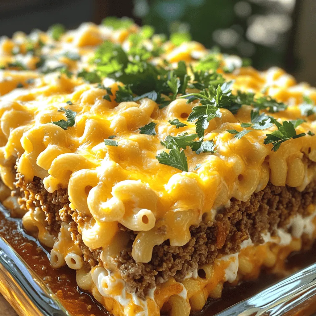 - 1 lb (450g) ground beef - 1 cup (100g) breadcrumbs - 1 large egg - 2 cups (200g) shredded cheddar cheese (divided) - 1 cup (240ml) milk - 1/2 cup (120g) sour cream - 1 teaspoon garlic powder - 1 teaspoon onion powder - 1 teaspoon smoked paprika Gathering the right ingredients is key. Start with ground beef, which gives the casserole its hearty base. Breadcrumbs help bind the meat, making it hold together. The egg adds moisture and richness. Next, we have cheese and dairy. Cheddar cheese brings that classic flavor to the dish. Sour cream adds creaminess, while milk makes everything smooth. For flavor, we use garlic powder and onion powder. These give a savory kick. Smoked paprika adds depth and a slight warmth. With these ingredients, you're set to create a delicious Mac and Cheese Meatloaf Casserole. For more details, check out the Full Recipe. 1. Preheat your oven to 350°F (175°C). This helps the casserole cook evenly. 2. In a large mixing bowl, combine the ground beef, breadcrumbs, egg, garlic powder, onion powder, and smoked paprika. Add salt and pepper to taste. Use your hands to mix everything until well blended. 1. Grease a 9x13 inch casserole dish with non-stick spray. Spread the meat mixture evenly on the bottom. This forms a strong base for your casserole. 2. In another bowl, mix the cooked macaroni with 1 cup of shredded cheddar cheese, milk, and sour cream. Stir well until the macaroni is coated. 1. Layer the macaroni mixture over the meat layer in the dish. Make sure it covers the meat fully. 2. Pour marinara sauce over the macaroni. Spread it out to keep the dish moist and tasty. 3. Sprinkle the remaining cheddar cheese and grated Parmesan cheese on top. 4. Bake the casserole for 30-35 minutes. It should be bubbly and golden. 5. Once done, let it sit for about 5 minutes. This helps it set and makes serving easier. You can find the Full Recipe to guide you through this process. To ensure even cooking, spread the meat mixture flat in the dish. This helps it cook uniformly. Use a spatula to level it out. Layer the macaroni carefully on top. This keeps the flavors balanced and each bite delicious. For presentation, slice the casserole into squares. Place each square on a plate. Add a sprinkle of parsley on top for color. Serve it with a simple green salad. The salad adds freshness and balances the rich flavors. Avoid overmixing the meat mixture. This can make the meatloaf tough. Mix just until combined. Also, let the casserole rest after baking. This helps it set up, making it easier to slice. Enjoy the full recipe for more details on the steps! {{image_4}} You can swap ground beef for ground turkey or chicken. This change makes the dish leaner. You can also use gluten-free breadcrumbs. This option suits those with gluten sensitivities. Both swaps keep the dish tasty while fitting different diets. Adding vegetables boosts the nutrition and flavor. You can mix in sautéed spinach, bell peppers, or zucchini. Feel free to experiment with different cheese combinations too. Try pepper jack for a kick or mozzarella for a milder taste. Each choice gives the casserole a unique twist. For vegetarian options, replace the meat with lentils or black beans. This keeps the protein while making it meat-free. You can also make low-carb substitutions. Use cauliflower rice instead of macaroni. This change lowers the carbs and adds veggies to the meal. Check out the Full Recipe for more ideas on making this dish your own! To keep your Mac and Cheese Meatloaf Casserole fresh, store leftovers in an airtight container. This prevents drying out and keeps it tasty. The best spot is the fridge. You can keep it there for up to three days. After that, the quality can drop, so enjoy it soon! When it’s time to enjoy leftovers, I recommend reheating in the oven. Preheat your oven to 350°F (175°C). Place the casserole in a baking dish and cover it with foil. Heat for about 15-20 minutes. This method helps keep the cheese melty and the meat moist. You can also use a microwave. Heat it in short bursts, about 1-2 minutes, stirring in between. This ensures even warming and keeps it from drying out. If you want to save some for later, freezing is a great option. First, let the casserole cool completely. Then, wrap it tightly in plastic wrap and foil. This protects it from freezer burn. You can freeze it for up to three months. When you’re ready to eat, move it to the fridge to thaw overnight. To reheat, bake it in the oven at 350°F (175°C) for about 30-40 minutes. Ensure it’s heated through before serving. For best results, check that the cheese is bubbly and the center is hot. Yes, you can prepare this casserole ahead of time. To do this, follow these steps: - Prep the meat mixture: Mix all the meat ingredients as you normally would. - Layer the casserole: Spread the meat mixture in the dish, add the macaroni, and pour on the sauce. Do not bake it yet. - Cover and chill: Wrap the dish in plastic wrap. Store it in the fridge for up to 24 hours. - Baking: When ready to bake, just remove the wrap. Preheat the oven and bake as directed. This makes it easy to serve a tasty meal on busy days. If you love heat, try these ideas: - Hot sauce: Add a few dashes of your favorite hot sauce to the meat mixture. - Spices: Mix in some cayenne pepper or crushed red pepper flakes for an extra kick. - Spicy cheese: Use pepper jack cheese instead of cheddar for a spicy twist. These options can help you create a casserole that packs a flavorful punch. Pair this casserole with simple sides for a great meal: - Green salad: A fresh salad with lettuce, tomatoes, and cucumbers adds crunch. - Steamed veggies: Broccoli or green beans balance the rich flavors. - Garlic bread: Serve warm garlic bread to soak up the sauce. These sides make your meal even more enjoyable. For the full recipe, visit the link provided. This blog post showed you how to create a tasty mac and cheese meatloaf casserole. We covered the needed ingredients, from ground beef to cheddar cheese, and how to layer it all perfectly. I shared tips to avoid common mistakes and ideas for tasty variations. Lastly, we discussed how to store and reheat your leftovers. Now you can impress friends and family with this fun dish. Enjoy your cooking!