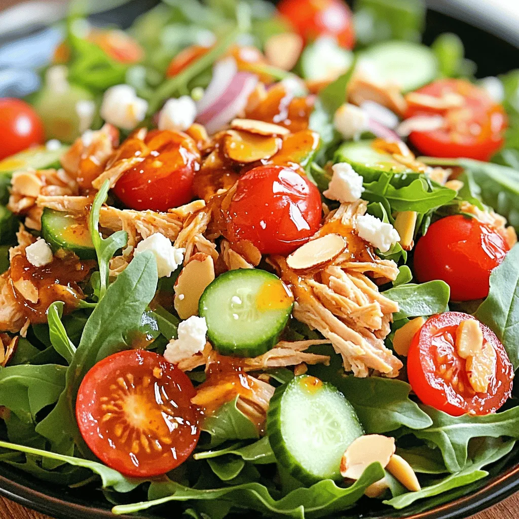 Here, you will find all the ingredients you need for this tasty dish. Each item plays a key role in making the honey hot chicken salad both savory and flavorful. - 2 cups cooked chicken, shredded - 1/4 cup honey - 2 tablespoons hot sauce - 4 cups mixed greens (arugula, spinach, romaine) - 1 cup cherry tomatoes, halved - 1/2 cup cucumber, diced - 1/4 cup red onion, thinly sliced - 1/2 cup feta cheese, crumbled - 1/4 cup sliced almonds, toasted - Salt and pepper to taste - 2 tablespoons olive oil Each ingredient adds a unique flavor and texture to the salad. The cooked chicken brings protein, while honey adds sweetness. Hot sauce gives it a kick. The mixed greens offer freshness and crunch. Cherry tomatoes and cucumber add color and juiciness. Red onion gives a slight bite, and feta cheese adds creaminess. Finally, toasted almonds bring a delightful crunch. For the full recipe, refer to the section above. Enjoy creating your own version of this dish! Preparation for this honey hot chicken salad takes just 15 minutes. The total time is also 15 minutes. This recipe serves four people, making it perfect for a family dinner or a gathering with friends. To make the honey-hot sauce, combine honey and hot sauce in a small bowl. Stir until well blended. Taste it to see if you want more heat from the hot sauce. Next, toss the shredded chicken with the honey-hot sauce in a large bowl. Ensure every piece of chicken gets coated with the sauce. This step gives the chicken that sweet and spicy kick. Now, let's assemble the salad. Start with a large bowl and lay down the mixed greens. This will be your fresh base. Add the halved cherry tomatoes, diced cucumber, thinly sliced red onion, and crumbled feta cheese. This mix adds color and flavor to the salad. Then, add the coated chicken on top. Spread it evenly over the colorful salad. Drizzle olive oil over the salad, then season with salt and pepper. This adds richness and helps all the flavors shine. Finally, sprinkle the toasted sliced almonds on top. They add a nice crunch and nutty flavor. Just before serving, gently toss everything together to mix the ingredients. This ensures that each bite is filled with the delicious flavors of honey and heat. For the full recipe, check out the details above! - Tips for cooking chicken perfectly: Start with cooked chicken. You can use rotisserie chicken for ease. Shred it into bite-sized pieces. For juicy chicken, consider poaching it in broth. This adds flavor and keeps it moist. Always season your chicken with salt and pepper before cooking. - How to make ahead and store ingredients: Prepare the honey-hot sauce in advance. Store it in a jar for up to a week. You can also chop veggies ahead of time. Keep them in airtight containers in the fridge. This saves time when you're ready to assemble your salad. - Adjusting spice levels with hot sauce: If you like it mild, use less hot sauce. Start with one tablespoon and mix. Taste it, then add more if desired. For a kick, try adding a dash of cayenne pepper to the mix. - Substitutions for different salad greens: You can switch out mixed greens for spinach or kale. These options give a different flavor and texture. If you prefer, use romaine or butter lettuce for a crisp bite. It's all about what you enjoy! {{image_4}} You can change the protein in your Honey Hot Chicken Salad. If you like seafood, try grilled shrimp. Shrimp cooks fast and adds a nice flavor. Cut it into bite-sized pieces and grill until pink. If you want a plant-based option, tofu works great. Use firm tofu and grill or sauté it. This adds protein without meat. You can also swap chicken for other meats. Turkey is a lean choice that pairs well with honey and hot sauce. Ground turkey is easy to cook and full of flavor. Beef is another option. Use thinly sliced steak for a savory taste. Just make sure to season it well for the best flavor. Adding fruits can take your salad to the next level. Apples add a sweet crunch. Chop them into small pieces and mix them in. Berries like strawberries or blueberries add a burst of flavor. They balance the heat from the sauce. Sprinkle them on top for color and taste. Incorporating nuts and seeds adds great texture. You can use walnuts or pecans for a nutty flavor. Toast them lightly to enhance their taste. Pumpkin seeds or sunflower seeds also work well. They provide a nice crunch and extra nutrition. Just sprinkle a handful on top before serving. This salad is not just tasty; it’s a canvas for your creativity. Mix and match proteins and flavors to find your favorite combination. For the full recipe, check out the Honey Hot Chicken Salad. To keep your honey hot chicken salad fresh, store it in an airtight container. Make sure to cover it tightly to prevent air from getting in. If you have leftover dressing, store it separately. This helps keep the salad crunchy. Always cool the salad to room temperature before placing it in the fridge. Avoid leaving it out for more than two hours to prevent bacteria growth. Honey hot chicken salad can last about three to four days in the fridge. After this time, the salad may lose its flavor and texture. Look for signs of spoilage, such as a sour smell or slimy greens. If you see any of these signs, it’s best to throw it away. Always trust your senses when it comes to food safety. For the best taste, enjoy your salad as soon as you can. Can I make honey hot chicken salad vegetarian? Yes, you can. Replace the chicken with chickpeas or grilled tofu. Both options add protein and texture. You can still use the honey-hot sauce for flavor. What can I serve with honey hot chicken salad? This salad pairs well with crusty bread or a side of sweet potato fries. You can also serve it with a light soup for a complete meal. Is it suitable for meal prep? Absolutely! You can prepare the salad in advance. Just keep the dressing separate until you're ready to eat. This keeps the greens fresh and crisp. How can I make it gluten-free? To make this salad gluten-free, use gluten-free hot sauce and check labels on all ingredients. Most of the salad's components are already gluten-free! This article covered how to make a tasty honey hot chicken salad. You learned about the key ingredients, step-by-step instructions, and helpful tips. Remember to adjust spice levels to fit your taste. You can also swap proteins or add fruits for new flavors. Proper storage keeps leftovers fresh. Enjoy making this dish that is simple and full of flavor! Your kitchen adventures can lead to tasty meals, so have fun as you explore!