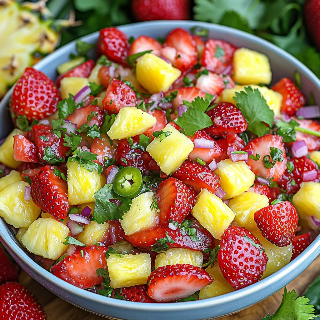 - Ripe strawberries (1 cup) - Fresh pineapple (1 cup) - Red onion (1/4 cup) - Fresh cilantro (1/4 cup) - Jalapeño pepper (1, optional) - Fresh lime juice (2 tablespoons) - Salt (to taste) Every ingredient plays a key role in making my Strawberry Pineapple Salsa burst with flavor. I always use ripe strawberries and fresh pineapple. They add natural sweetness and a bright taste. The red onion gives a nice crunch, while cilantro adds freshness. If you like heat, you can add jalapeño pepper. It brings a spicy kick, but feel free to skip it if you prefer mild flavors. Fresh lime juice is a must. It adds acidity and brightens the dish. Salt ties everything together, enhancing the natural flavors. You can adjust it to your taste. When you gather these ingredients, you create a delicious salsa. This recipe is perfect for summer gatherings or anytime you crave something fresh and tasty. Check out the Full Recipe for more details. 1. Start by washing the strawberries and pineapple under cold water. 2. Hull the strawberries and chop them into small pieces. Make sure they are bite-sized. 3. Cut the fresh pineapple into small chunks. Aim for pieces that match the strawberry size. 4. Place both fruits in a mixing bowl, ensuring they mix well. 1. Add the finely chopped red onion to the bowl. This gives a nice sweetness. 2. Chop the fresh cilantro and mix it in for a burst of flavor. 3. If you like some spice, add the minced jalapeño. Adjust it to your taste. 4. Squeeze in the fresh lime juice. This will brighten the salsa's flavor. 1. Use a spatula to gently fold the ingredients together. Be careful not to crush the fruit. 2. Season the salsa with salt to taste. This helps bring all the flavors together. 3. Chill the salsa in the fridge for about 15-20 minutes. This allows the flavors to blend. Enjoy this sweet and tangy Strawberry Pineapple Salsa with your favorite dishes. For a complete guide, check out the Full Recipe. To make the best strawberry pineapple salsa, use ripe fruits. Ripe strawberries and pineapples bring out great flavors. When fruits are at their peak, they taste sweeter and juicier. Next, chill your salsa before serving. This helps the flavors mix well. Letting it rest in the fridge for about 20 minutes really boosts the taste. You can also adjust the spice level. If you like heat, add jalapeño. If not, skip it or use less. Presentation matters too! Serve your salsa in vibrant bowls. Bright colors make the dish inviting. For added appeal, garnish with whole strawberries or cilantro leaves. This makes your dish look professional. You can pair the salsa with crispy tortilla chips. It also works well as a topping for grilled chicken or fish. This mix of flavors makes any meal exciting. {{image_4}} Adding different fruits can make your strawberry pineapple salsa even better. Here are some fun ideas: - Mango for tropical sweetness: Mango adds a rich, juicy sweetness. It pairs well with strawberries and pineapple. Just dice one cup of ripe mango and mix it in. - Avocado for creaminess: Avocado brings a nice creaminess to the salsa. Dice half an avocado and fold it in carefully. This will create a smooth texture that balances the fruit. - Additional berries for varied flavors: You can also add other berries like blueberries or raspberries. They add a new twist while keeping the salsa fruity and fresh. Now, let's spice it up! - More jalapeño or add a dash of hot sauce: If you love heat, add more jalapeño or a few drops of hot sauce. This will give the salsa a nice kick. Adjust the amount to fit your taste. - Use different herbs like mint: Swap cilantro for fresh mint. This will add a refreshing twist to your salsa. Mint pairs nicely with fruity flavors and makes it unique. For serving suggestions, strawberry pineapple salsa shines in many ways. - As a dip with tortilla chips: Serve it as a dip at your next gathering. Tortilla chips are perfect for scooping up the salsa. - Topping for grilled meats: Use it as a topping for grilled chicken or fish. The salsa adds a bright, fresh flavor that complements the smoky taste of grilled food. - Drizzle over salads or tacos: You can drizzle the salsa over a mixed salad or tacos. It adds a fun burst of flavor to any dish. Try these variations and enjoy your delicious strawberry pineapple salsa! For the full recipe, check out the details above. After making your strawberry pineapple salsa, store it in an airtight container. This keeps the salsa fresh and tasty. You should enjoy your leftovers within 3-5 days. Be mindful of any changes in texture or color. If it looks or smells off, it’s best to discard it. Can you freeze salsa? Yes, you can freeze it! However, salsa changes in texture when frozen. The fruits may become mushy once thawed. To freeze, use a freezer-safe container and leave space for expansion. When you want to use it, thaw the salsa in the fridge overnight. This way, it stays cold and safe to eat. For best results, mix it well after thawing. You can pair this salsa with many foods. Here are some great ideas: - Tortilla chips: A classic choice for dipping. - Grilled chicken: It adds a fresh twist to the meat. - Fish tacos: The salsa complements fish beautifully. - Salads: Use it as a topping for extra flavor. - Pork: This salsa adds a sweet and tangy touch. These options make your summer meals exciting and tasty. Yes, you can prep this salsa in advance. Here are some tips: - Store it in an airtight container in the fridge. - It stays fresh for 3-5 days. - Make sure to stir it before serving. This helps mix the flavors again. This makes it easy for parties or busy days. You can easily change the sweetness level. Here’s how: - Add more pineapple if you want it sweeter. - Use ripe strawberries for natural sweetness. - If it’s too sweet, add a bit more lime juice. This balances the flavors. Experiment to find your perfect taste! To sum up, this blog post guides you through making a fresh strawberry pineapple salsa. We covered choosing ripe ingredients, preparing the fruits, mixing flavors, and adding final touches. You can also explore variations with different fruits and spice levels. Remember, storing leftovers properly helps maintain flavor. I hope you enjoy trying this simple recipe. With a little practice, you’ll impress everyone with your salsa-making skills. Make it your own, and have fun with it!