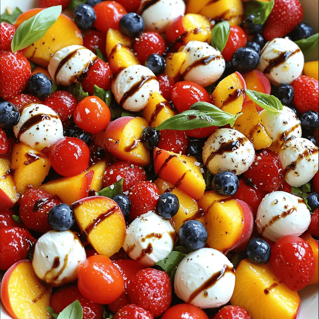 - 1 cup fresh mozzarella balls (bocconcini) - 1 cup cherry tomatoes, halved - 1 cup mixed summer fruits (peaches, strawberries, watermelon) - 1/4 cup fresh basil leaves - Additional ingredients: balsamic glaze, extra virgin olive oil, sea salt, and pepper Fresh ingredients make this salad shine. I love using bocconcini for its creamy texture and mild flavor. The cherry tomatoes add a burst of sweetness. Mixing summer fruits like peaches and strawberries adds fun colors and flavors. Use ripe fruits for the best taste. For the basil, I prefer tearing the leaves. It releases oils and brings out the aroma. The balsamic glaze gives a sweet tang that pairs well with the cheese and fruits. A drizzle of extra virgin olive oil adds richness. Finally, a pinch of sea salt and freshly cracked pepper enhances everything. Gathering these fresh ingredients is key to a delightful Summer Fruit Caprese Salad. If you want the full recipe, check out the details! - First, rinse all fresh produce under cool running water. - Dry them gently with a clean kitchen towel. - In a large bowl, combine halved cherry tomatoes and diced summer fruits. - Make sure the colors and flavors mix well. - Next, add fresh mozzarella balls and torn basil leaves. - Be careful not to break the mozzarella. - Drizzle extra virgin olive oil over the salad. - Add balsamic glaze evenly across the top. - Sprinkle sea salt and freshly cracked black pepper to taste. - With a spatula or spoon, gently mix all ingredients. - Make sure the mozzarella balls stay whole. - Let the salad rest for about 5 minutes. - This helps the flavors blend nicely together. You can find the Full Recipe for more details! For a stunning display, use a wide bowl or a large platter. It lets the colors shine. Drizzle a bit of extra balsamic glaze over the top. This adds flavor and makes it look fancy. Garnish with whole basil leaves. They pop with green and smell wonderful. Use ripe fruits for the best taste. Sweet peaches, juicy strawberries, and fresh blueberries work well. You can mix in different cheeses, too. Burrata adds creaminess while feta gives a salty kick. Try different dressings like lemon vinaigrette for a twist. You can prepare this salad in advance. Chop the fruits and veggies a few hours before serving. Keep the mozzarella and basil in a separate container. This keeps them fresh. Mix everything right before serving to keep it looking great. {{image_4}} When making a Summer Fruit Caprese Salad, you want to use the best fruits. Choose seasonal fruits for the best taste. Fresh peaches, strawberries, and blueberries work well in summer. They add color and sweetness. If you want a tropical twist, try mango or pineapple. These fruits give a nice zing and freshness. For cheese, fresh mozzarella is a classic choice. However, you can switch it up! Burrata cheese adds a creamy texture and a rich taste. Feta cheese can bring a salty kick to your salad. If you are dairy-free, try vegan mozzarella. It melts well and still tastes good in salads. Adding nuts can give your salad a crunchy bite. Pine nuts or walnuts work great! They add texture and a nice flavor contrast. You can also incorporate greens like arugula or spinach. These greens will add a peppery note that enhances the salad. With these variations, your Summer Fruit Caprese Salad will always surprise and delight! To keep your Summer Fruit Caprese Salad fresh, store it in the refrigerator. Use an airtight container to block out air and moisture. This method helps maintain the crispness of the fruit and the creaminess of the mozzarella. For longer-lasting freshness, keep the ingredients separate. Store the mozzarella, fruits, and dressing in different containers. This way, they won’t spoil each other too soon. Just combine them right before serving for the best taste. The salad will last in the fridge for about three days. After that, the fruits and cheese may start to lose their taste and texture. Check for signs of spoilage, such as mushy fruits or a sour smell. If you notice these changes, it’s best to toss it out. To refresh your leftovers, add a little more dressing. A splash of olive oil or balsamic glaze can bring life back to the salad. You can also toss in fresh basil or a new fruit for added flavor. This simple trick makes the leftovers feel new and exciting! The best fruits for this salad are fresh and ripe. I love using peaches, strawberries, and blueberries. They add sweetness and color. You can also try watermelon or nectarines. The key is to pick fruits that are in season. They taste better and are juicier. Mix and match to find your favorite combo! Yes, you can use store-bought balsamic glaze. It saves time and still tastes great. Just check the label for quality. Look for one with simple ingredients. You can also make your own glaze by reducing balsamic vinegar on the stove. This way, you control the flavor and sweetness. You can store the salad in the fridge for up to two days. Cover it well to keep it fresh. The fruits and cheese may lose some texture over time. If you want to keep it crispy, store the fruits and cheese separately. Just mix them before serving. Yes, there are great vegan options for mozzarella. You can use plant-based cheese made from nuts or soy. Look for brands that melt well. You can also use avocado for creaminess. It adds a nice twist to the salad and keeps it fresh. To spice up your salad, add sliced jalapeños or red pepper flakes. They bring heat without overpowering the fruit. You can also mix in a dash of hot sauce into the dressing for a kick. Don’t be afraid to experiment with flavors to suit your taste! This blog post covered how to make a fresh Summer Fruit Caprese Salad. You learned the key ingredients needed, along with easy steps to prepare it. We shared tips for presentation and flavor enhancements, plus variations if you want to mix it up. Storing and refreshing your salad ensures it stays delicious. In closing, enjoy this vibrant dish. It’s simple, fresh, and packed with flavor. Each bite brings summer to your table.