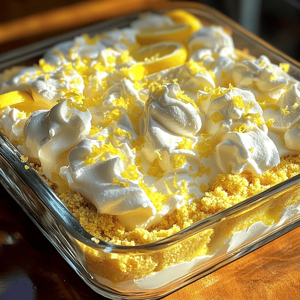 To create this delightful dessert, you need the following items: - 1 package of Lemon Oreo cookies (approximately 14 oz) - 1 cup unsalted butter, melted - 8 oz cream cheese, softened to room temperature - 1 cup powdered sugar - 1 cup cold whipped topping (such as Cool Whip) - 1 cup freshly squeezed lemon juice (about 4-5 medium lemons) - 2 teaspoons freshly grated lemon zest - 1/4 teaspoon fine sea salt - Extra Lemon Oreo cookies for garnish These ingredients come together to form a creamy and tangy treat. The Lemon Oreo cookies add a zesty flavor that complements the smooth filling. You can elevate your dessert with a few extra touches: - Fresh lemon slices - Mint leaves - Additional crushed Lemon Oreo cookies These garnishes not only enhance the look but also add a burst of flavor. Using the right tools makes cooking easier and more fun. Here’s what you’ll need: - Food processor - Mixing bowls - Electric mixer - 9x13-inch baking dish - Spatula - Plastic wrap or lid With these tools, you can smoothly prepare and serve your dessert. They help you mix, bake, and chill everything perfectly. Happy cooking with the Full Recipe! To start, grab your package of Lemon Oreo cookies. Place them in a food processor. Pulse them until they turn into fine crumbs. Next, melt your cup of unsalted butter. In a bowl, mix the Oreo crumbs with the melted butter. Stir until the crumbs are moistened. Now, press this crumb mixture into a 9x13-inch baking dish. Make sure it forms a solid base. Place it in the fridge to chill while you work on the filling. Take out a large mixing bowl. Add the softened cream cheese to it. Beat it with an electric mixer on medium speed until smooth. Gradually mix in the powdered sugar. Then, add the freshly squeezed lemon juice, lemon zest, and salt. Keep mixing until everything is blended well and smooth. You don’t want any lumps. Now it’s time to fold in the whipped topping. Gently add the cold whipped topping to the cream cheese mix. Use a spatula to fold it in carefully. Avoid over-mixing so the filling stays light and fluffy. Next, take the chilled crust out of the fridge. Pour the cream cheese filling over the crust. Spread it evenly with your spatula. Cover the baking dish tightly with plastic wrap or a lid. Refrigerate for at least four hours. This helps the flavors come together. When it’s set, you’re ready to enjoy your Heavenly Lemon Oreo Dessert! For the full recipe, make sure to check out the detailed instructions. To get the best flavors in your Heavenly Lemon Oreo Dessert, fresh lemons are a must. Their juice and zest bring brightness that makes this dessert shine. Use ripe lemons for the best taste. Mixing the cream cheese and powdered sugar well is key. This step ensures a smooth filling, free of lumps. Also, remember to fold in the whipped topping gently. This keeps the filling light and fluffy. One common mistake is rushing the chilling time. Make sure to chill the dessert for at least four hours. This time allows the flavors to blend well. Another mistake is over-mixing the filling. This can make your dessert dense instead of airy. Finally, do not skip the garnish. Crushing extra Lemon Oreos for the top adds both flavor and a nice look. When serving, cut the dessert into neat squares. This makes it easy for your guests to enjoy. Pair it with fresh berries or a scoop of vanilla ice cream. These add extra flavor and texture. You can also serve it at parties or family gatherings. Everyone loves a bright and tangy dessert. For the full recipe, be sure to check out the complete instructions. {{image_4}} You can easily switch up flavors in this dessert. Try using other Oreo flavors, like mint or vanilla, for a fun twist. You can also mix in different fruit juices, such as lime or orange, to give it a fresh taste. If you want a berry flavor, add mashed strawberries or blueberries to the cream cheese filling. Each change can create a new dessert experience. To make this dessert gluten-free, use gluten-free Lemon Oreo cookies. You can find many brands that offer great options. For a vegan version, substitute cream cheese with a vegan cream cheese. Use coconut whipped cream in place of whipped topping. These swaps keep the dessert tasty and allow more people to enjoy it. Make your dessert even more eye-catching! Instead of cutting it into squares, try serving in individual cups. Layer the dessert in clear cups for a pretty view of the layers. You can also add fresh lemon slices or mint leaves on top for a pop of color. Use a piping bag to add whipped topping swirls for extra flair. These simple changes make your dessert look as good as it tastes. To keep your dessert fresh, cover it tightly with plastic wrap. You can also use a lid if your dish has one. This keeps the flavors in and prevents it from drying out. Store the dessert in the refrigerator. Enjoy it within three days for the best taste. You can freeze this dessert for later. Cut it into squares and place them in an airtight container. Make sure to layer parchment paper between the squares to avoid sticking. This way, you can take out just what you need. It stays good in the freezer for up to two months. To enjoy, thaw it in the fridge overnight before serving. When stored correctly, your Heavenly Lemon Oreo dessert can last several days. The cream cheese layer stays tasty for about three days in the fridge. After that, it may lose some texture. If you freeze it, remember to eat it within two months for the best flavor and texture. Yes, you can. If you use regular Oreos, the dessert will taste different. The lemon flavor won’t be as strong. However, you can add extra lemon juice to enhance the flavor. This will help make up for the lack of lemon in regular Oreos. Chill the dessert for at least four hours. This time helps set the layers and blend the flavors. If you have more time, chill it overnight. The longer it chills, the better the taste. I always find that a longer chill makes the dessert even more delightful. Absolutely! This dessert is perfect for making ahead. You can prepare it one or two days in advance. Just store it in the fridge. This makes it a great choice for parties and gatherings. The flavors will deepen, making each bite extra special. For the best results, add the garnish right before serving. You can find the full recipe to ensure all steps are followed. This blog post shared the key steps to create a tasty Lemon Oreo dessert. We covered essential ingredients, tools, and easy step-by-step instructions. I shared tips to help you avoid mistakes and suggested fun variations. You can even adjust recipes for dietary needs. In conclusion, making this dessert is simple and fun. Enjoy it today or share it with friends. Your tastes will shine with these easy steps and ideas. Happy baking!
