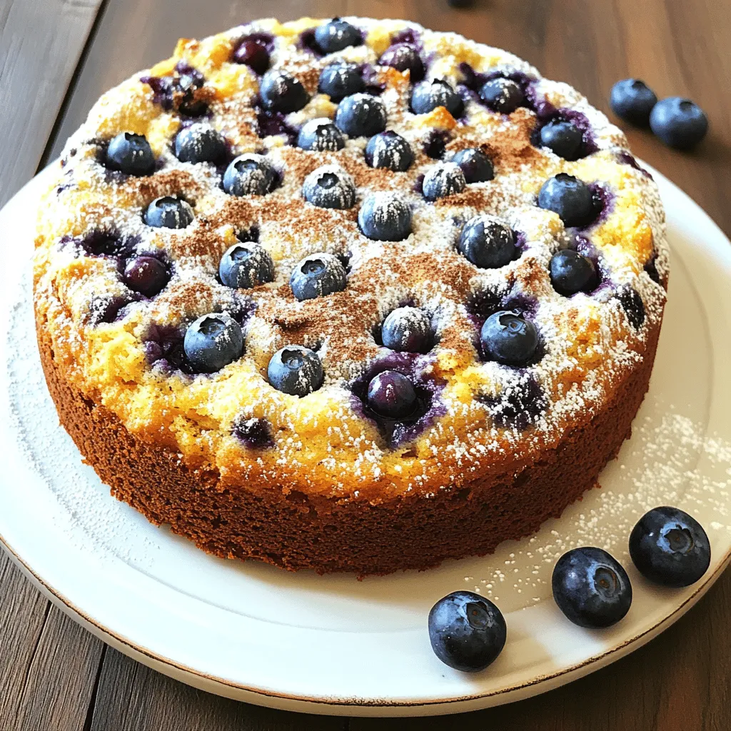 - 2 cups all-purpose flour - 1 cup granulated sugar - 1/2 cup unsalted butter - 2 large eggs - 1 cup sour cream - 1 teaspoon pure vanilla extract - 1 teaspoon baking powder - 1/2 teaspoon baking soda - 1/2 teaspoon salt - 1 1/2 cups fresh blueberries - 1/2 teaspoon ground cinnamon (topping) - 1/4 cup packed brown sugar (topping) - 1 tablespoon fresh lemon zest To create the perfect blueberry coffee cake, you need key ingredients. Each one plays a big role in taste and texture. The all-purpose flour gives the cake its structure. The granulated sugar adds sweetness. Unsalted butter makes it rich, while eggs provide moisture. Sour cream keeps the cake soft and fluffy. Pure vanilla extract enhances flavor. You also need leavening agents like baking powder and baking soda. These help the cake rise. Salt balances the sweetness. Fresh blueberries add a burst of flavor. For the topping, ground cinnamon and brown sugar create a sweet crust. Lemon zest adds a refreshing twist. - Different types of berries - Nuts like pecans or walnuts - Cream cheese filling Feel free to mix things up! You can use other berries for variety. Nuts add crunch. A cream cheese filling gives a rich taste. These options make your coffee cake unique and fun! For more details, check the Full Recipe. - Preheat oven to 350°F (175°C). - Grease the baking dish. Start by preheating your oven to 350°F (175°C). This step is key, as it helps the cake bake evenly. While the oven warms up, grease a 9x13 inch baking dish. Use butter or cooking spray to ensure the cake won't stick. This makes serving much easier. - Creaming butter and sugar. - Adding eggs and sour cream. In a large bowl, combine softened butter and granulated sugar. Use a mixer to cream them together. Mix until the blend is light and fluffy. This should take about 2-3 minutes. Next, add the eggs one at a time. Mix well after each egg. Lastly, stir in the sour cream and pure vanilla extract until smooth. - Sifting dry ingredients. - Folding in blueberries and lemon zest. In another bowl, sift together the flour, baking powder, baking soda, and salt. Gradually add this dry mix to the wet ingredients. Stir gently; be careful not to overmix. Overmixing can make the cake dense. Then, fold in the blueberries and lemon zest. Take your time here. You want the blueberries to stay whole. - Pouring batter into the dish. - Preparing the cinnamon-sugar topping. - Baking time and indicators. Once your batter is ready, pour it into the greased dish. Use a spatula to spread it evenly. In a small bowl, mix brown sugar and ground cinnamon. Sprinkle this mixture over the cake batter. Bake in the oven for 45-50 minutes. Check for doneness by inserting a toothpick into the center. If it comes out clean, your coffee cake is ready. For the full recipe, refer to the earlier section. Enjoy creating this delicious blueberry treat! To bake a perfect blueberry coffee cake, keep the oven temperature steady. A consistent heat helps your cake rise evenly. Use an oven thermometer to check the actual temperature. Fresh ingredients really make a difference. Choose plump blueberries and fresh eggs for the best taste. Avoid overmixing your batter. Mix until just combined for a light texture. Overmixing can lead to a dense cake, which is not what we want. Also, remember to prep your baking dish well. Grease it properly to prevent sticking. If the cake sticks, it can ruin your lovely slices. Blueberry coffee cake pairs great with coffee or tea. The flavors complement each other perfectly. For an eye-catching presentation, dust the cake with powdered sugar before serving. You can also add a fresh blueberry on each slice. A little whipped cream on the side enhances the taste too! Enjoy your delightful slice of blueberry bliss! {{image_4}} You can change the flavor of your blueberry coffee cake. Instead of just blueberries, try using mixed berries. Blackberries, raspberries, or strawberries add fun tastes. Each berry brings its own sweetness and tartness to the cake. Adding citrus zest can also brighten the flavors. A tablespoon of lemon or orange zest makes a big difference. This small change adds a fresh twist to every bite. The brightness of citrus pairs well with blueberries. If you are gluten-free, don't worry! You can still enjoy this coffee cake. Simply swap the all-purpose flour for almond or coconut flour. These flours give a nice texture while keeping the cake light. Just remember, you might need to adjust the liquid. Almond flour absorbs more moisture than regular flour. Start with less liquid and add as needed. Do you want a vegan version? It’s easy! Replace the eggs with applesauce or flaxseed. For flaxseed, mix one tablespoon of flaxseed meal with three tablespoons of water. Let it sit for five minutes. This mixture works like an egg in your cake. Using applesauce is simple too. One-fourth cup of applesauce replaces one egg. It keeps the cake moist and adds a hint of sweetness. You can still enjoy a slice of blueberry bliss without eggs! For full details on making this cake, check the Full Recipe. To keep your blueberry coffee cake fresh, store it properly. First, let the cake cool completely. Then, cover it with plastic wrap or aluminum foil. This keeps moisture in and prevents drying out. You can store it at room temperature for up to three days. If you want it to last longer, refrigerate it. In the fridge, it stays good for about a week. For freezing, slice the cake first. Wrap each slice in plastic wrap, then put them in a freezer-safe bag. This way, you can grab a slice anytime. The cake freezes well for up to three months. When you want to enjoy it, just thaw it in the fridge overnight. To reheat your blueberry coffee cake, you have a few options. If you want the best texture, use the oven. Preheat your oven to 350°F (175°C). Place the slices on a baking sheet and cover them with aluminum foil. Heat for about 10 to 15 minutes. This keeps the cake moist and soft. You can also use the microwave for quick reheating. Place a slice on a microwave-safe plate. Heat it for about 20 to 30 seconds. Keep an eye on it to avoid drying it out. Enjoy your warm blueberry coffee cake with a cup of coffee or tea! To keep your blueberry coffee cake moist, use sour cream. This adds richness and moisture. Also, do not overmix the batter. Mixing too much can lead to a dry cake. Bake at the right temperature. If the oven is too hot, it can dry out the cake. Lastly, let the cake cool in its pan for a bit before serving. This helps it retain moisture. Yes, you can use frozen blueberries. Thaw them and drain excess water first. Frozen blueberries can make the batter too wet if you don’t drain them. They may also burst more than fresh ones. But, they still taste great in the cake. If you use frozen, add them straight from the freezer for a fun swirl. To check if the coffee cake is done, insert a toothpick in the center. If it comes out clean, the cake is ready. You can also look at the top; it should be golden brown. The edges will start to pull away from the pan slightly. These signs tell you it’s time to take the cake out of the oven. For the full recipe, check out the Blueberry Bliss Coffee Cake section above. To make a delicious blueberry coffee cake, gather the right ingredients and follow simple steps. You mix your wet and dry ingredients, then add fresh blueberries. Remember to avoid common mistakes like overmixing. With the right tips, you can make your cake moist and perfect every time. Try different flavors and store leftovers wisely. Enjoy with coffee or tea for the best flavor. With these easy techniques, you can create an inviting treat that everyone will love. Baking can be fun and rewarding, so give it a try!