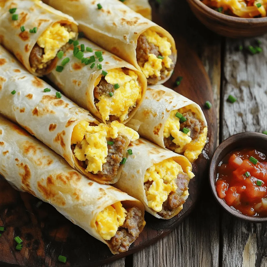 - 6 small flour tortillas - 6 breakfast sausages, cooked and crumbled - 4 large eggs - 1 cup shredded cheddar cheese - 1/2 teaspoon garlic powder - 1/2 teaspoon onion powder - Salt and pepper, to taste - 2 tablespoons fresh chives, finely chopped (optional) - Salsa for dipping To make easy sausage egg and cheese roll-ups, gather these simple ingredients. The flour tortillas hold everything together. You can use any brand you like. The breakfast sausages add great flavor and protein. I prefer the crumbled kind, but whole sausages work too. Fresh eggs bring fluffiness, while shredded cheddar cheese gives creaminess. For seasoning, garlic and onion powder add depth. Adjust salt and pepper to your taste. If you want more flavor, fresh chives brighten the dish. Don’t forget the salsa for dipping! It adds a nice kick and pairs well with the cheesy roll-ups. You can find the full recipe above for more details on preparation. Enjoy crafting these tasty bites! - Start by cracking 4 large eggs into a medium bowl. - Add 1/4 cup of milk for creaminess. - Use a whisk to mix them until smooth and frothy. - Sprinkle in 1/2 teaspoon of garlic powder and 1/2 teaspoon of onion powder. - Add salt and pepper to taste. Mix well to combine all flavors. - Preheat your non-stick skillet over medium heat. - Pour in the egg mixture and let it sit for 3-4 minutes. - Stir occasionally until the eggs are set but still fluffy. - Remove the skillet from heat and add the crumbled sausage and shredded cheese. - Gently fold them in until the cheese melts into the warm eggs. - Grab a flour tortilla and lay it flat on a clean surface. - Spoon a generous amount of the sausage and egg mixture into the center. - Fold in the sides of the tortilla and tightly roll it up. - Repeat this for the rest of the tortillas and filling. - Return the skillet to medium heat and spray it lightly with non-stick spray. - Place the roll-ups seam side down in the skillet. - Cook them for 2-3 minutes until the bottom is golden brown and crispy. - Flip each roll-up and cook for another 2-3 minutes until both sides are golden. - Remove them from the skillet and let cool for a minute. - Slice each roll-up in half for easy serving. Enjoy your Easy Sausage Egg & Cheese Roll-Ups warm, and feel free to dip them in salsa! For the full recipe, check the section above. To get fluffy eggs, start with fresh eggs. Crack them into a bowl and whisk well. Mixing in milk adds creaminess. It also helps the eggs puff up. Cook them on medium heat. Stir gently, letting them form soft curds. Take them off the heat just as they set. They will continue to cook from the heat. Avoid filling spillage by not overstuffing your tortillas. Place a small amount of the sausage and egg mixture in the center. Fold in the sides of the tortilla before rolling it up tightly. This keeps everything inside. Use a clean surface for rolling, which makes it easier. Make sure the seam side is down when you place them in the skillet. For a fun presentation, arrange the roll-ups on a platter, cut side up. You can sprinkle extra chives or cheese on top for color. Pair them with salsa for dipping. You might also try hot sauce for a spicy kick. These touches make your dish more inviting. {{image_4}} For a tasty vegetarian option, swap the sausage with plant-based alternatives. You can use crumbled tofu, tempeh, or even black beans for a hearty filling. These choices add protein and flavor while keeping the dish meat-free. When it comes to cheese, feel free to experiment. Try mozzarella, pepper jack, or even a vegan cheese. Each option brings a unique taste and texture. Mixing different cheeses can also enhance the flavor. Want to add some heat? Incorporate jalapeños or drizzle hot sauce into the egg mixture. These spicy additions will give your roll-ups a delightful kick. You can also add diced bell peppers or onions for extra flavor and crunch. For more flavor, consider adding herbs like cilantro or spices like cumin. A sprinkle of smoked paprika can also add depth to your dish. Experiment with what you love to make it your own. To make breakfast easier, you can prepare these roll-ups ahead of time. Cook the sausage, eggs, and cheese mixture, then fill the tortillas. Wrap them tightly in plastic wrap or foil. Store them in the fridge for up to three days. When you're ready to eat, simply reheat in the microwave or skillet. If you prefer, you can also freeze them. Just make sure to separate them with parchment paper. This keeps them from sticking together. Reheat from frozen for a quick and easy meal. For the full recipe, check out the detailed instructions above. To keep your sausage egg and cheese roll-ups fresh, store leftovers in the fridge. Place them in airtight containers to prevent drying out. You can also wrap them tightly in plastic wrap. This will help keep them moist and tasty. They will stay good for 3 to 4 days. Choose containers that fit the roll-ups snugly. Glass containers work well. Plastic containers are lighter and easier to handle. If you want to avoid waste, use reusable silicone bags. They are great for storing food and are eco-friendly. You can freeze these roll-ups for later enjoyment. To do this, let them cool completely first. Then, wrap each roll-up in plastic wrap. After wrapping, place them in a freezer-safe bag or container. This will keep them fresh for about 2 to 3 months. Make sure to label the bags with the date. This helps you keep track of how long they have been in the freezer. For best results, freeze them before cooking. If you want to freeze cooked roll-ups, make sure they are cooled fully to avoid sogginess. When you're ready to eat, take one roll-up out of the freezer. Remove the plastic wrap and place it on a microwave-safe plate. Heat it in the microwave for about 1 to 2 minutes. You can also reheat them in the oven at 350°F (175°C) for about 15 minutes. This will make them crispy again! Enjoy your roll-ups warm and delicious. Yes, you can prepare these roll-ups ahead of time. Just follow these steps: - Make the filling and let it cool. - Roll up the tortillas and wrap them tightly in plastic wrap. - Place them in the fridge for up to 24 hours. When you are ready to eat, cook them in a skillet. This keeps them fresh and tasty. For the best results, I recommend these tortillas: - Small flour tortillas - Corn tortillas - Whole wheat tortillas Each type brings a different taste. Flour tortillas are soft and easy to roll. Corn tortillas add a nice crunch. Whole wheat tortillas offer a healthy twist. You can easily change the filling to fit your taste. Here are some ideas: - Swap the breakfast sausage for turkey or veggie sausage. - Use different cheeses like pepper jack or mozzarella. - Add veggies like bell peppers or spinach for more flavor. For extra taste, try adding: - Salsa or hot sauce for heat. - Fresh herbs like cilantro or parsley for freshness. Feel free to get creative with your roll-ups! These roll-ups are simple and packed with flavor. We covered all you need: key ingredients, step-by-step cooking methods, handy tips, and delicious variations. Whether you want a quick breakfast or a fun meal prep option, this recipe fits the bill. Don't hesitate to try new flavors or customize to your taste. Enjoying these tasty roll-ups will bring joy to your morning routines. Dive in and make your mornings brighter!