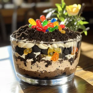 To make Oreo Dirt Cake, you need a few simple ingredients. Here’s what I use: - 1 package (15.5 oz) Oreo cookies - 1/2 cup unsalted butter, softened - 8 oz cream cheese, softened - 1 cup powdered sugar - 3 cups cold milk - 1 package (3.4 oz) instant chocolate pudding mix - 1 tub (8 oz) whipped topping - Optional: 1 cup gummy worms - Optional: 1 small potted plant or flower These ingredients create a rich and creamy dessert. The Oreos give it a crunchy texture, while the pudding and whipped topping make it light. You can get creative with the optional gummies or a potted plant for fun. This combination is simple yet delicious. You can find the full recipe [here](#). To start, we need to crush the Oreo cookies. You can do this in two ways: - Place the cookies in a sealed plastic bag. Use a rolling pin to crush them into fine crumbs. - Alternatively, you can pulse the cookies in a food processor until they reach a fine texture. Set aside 1 cup of crumbs for later use as a topping. Store any extra crumbs in an airtight container to keep them fresh. Next, we will make the cream mixture. In a large bowl, combine the softened butter and cream cheese. Use an electric mixer to beat them together on medium speed. Mix until the blend is smooth and creamy. This should take about 2 minutes. Then, slowly sift in the powdered sugar while mixing. Keep blending until the mixture is perfectly smooth, with no lumps. Now, it's time to prepare the pudding. In a separate bowl, whisk together the instant chocolate pudding mix and the cold milk. Whisk vigorously for about 2 minutes. The pudding should thicken nicely. Once thickened, gently fold the chocolate pudding into the cream cheese and butter mixture. Use a spatula to mix everything together without deflating the whipped cream texture. For the fun part, we will assemble the dirt cake! In a large trifle dish or individual cups, start by adding half of the crushed Oreo cookies. Spread them evenly across the bottom. Next, pour half of the cream mixture over the cookies. Gently spread it to cover the crumbs evenly. Repeat this layering process with the remaining crushed Oreos and the rest of the cream mixture. Finally, use the reserved Oreo crumbs to sprinkle a generous layer on top. This creates the dirt effect. If you want, you can add gummy worms on top for a playful touch. You can also place a small potted plant or flower in the center for a cute garden look. For the full recipe, you can check the earlier instructions. To make your Oreo Dirt Cake perfect, follow these tips: - Preventing lumps in the cream mixture: Always beat the softened butter and cream cheese together first. This step helps to avoid lumps. Mix until smooth before adding the powdered sugar. Use a sifter for the sugar to break up any clumps. - Maintaining the lightness of the whipped topping: When folding in the whipped topping, use a spatula. Gently fold in the topping to keep air in the mix. Avoid stirring too hard, as this can deflate the light and fluffy texture you want. Presentation adds fun to your dessert. Here are some ideas: - Creative ways to layer in clear cups: Use clear cups to show off the beautiful layers. Start with a layer of crushed Oreos, then add the cream mixture. Repeat until you fill the cup. This makes for an eye-catching display. - Unique garnishing suggestions: Add gummy worms on top for a playful touch. You can also place a small potted plant or flower in the center to mimic a garden. This adds charm and makes the dessert feel special. For the full recipe, check out the [Full Recipe]. {{image_4}} You can change the flavor of your Oreo dirt cake in fun ways. For a twist, try using vanilla pudding instead of chocolate. Vanilla adds a lighter taste that works well with the Oreo flavor. You can also mix in some peanut butter for a nutty kick. If you want to switch up the cookies, consider using chocolate chip cookies instead of Oreos. The sweet, chewy texture can add a nice contrast. You could even blend in other cookie flavors like mint or birthday cake. Each option brings a new taste adventure. If you need gluten-free options, don’t worry! Some brands make gluten-free Oreo cookies. You can substitute these in your recipe, and it tastes just as good. For those following a vegan diet, there are easy swaps. Use plant-based cream cheese and whipped topping. Almond milk or oat milk works well in the pudding. These changes keep the dessert creamy and delicious without dairy. Enjoy making this dessert fit any diet! To store your Oreo Dirt Cake, use an airtight container. This helps keep the cake fresh. You can also cover it with plastic wrap. Make sure it touches the surface of the cake to prevent air from getting in. This will help avoid drying out. If you have leftovers, separate the cake into smaller portions. Use small containers for easy access. This way, you can enjoy a piece anytime without losing freshness. The Oreo Dirt Cake lasts about 3 to 5 days in the fridge. Keep it cool and sealed. If you notice any change in texture or smell, it might be time to toss it. Signs of spoilage include a sour smell or an off taste. If the whipped topping starts to separate, it’s best to discard it. Always trust your senses when it comes to food safety. How long does Oreo Dirt Cake last in the refrigerator? Oreo Dirt Cake stays fresh for about 3 to 5 days in the fridge. Cover it well with plastic wrap or a lid. This keeps it from drying out. Can I make Oreo Dirt Cake a day in advance? Yes, you can make it a day ahead. This can help the flavors blend better. Just chill it in the fridge. What can I use instead of gummy worms for decoration? If you want to skip gummy worms, use chocolate sprinkles or mini candy flowers. They look cute and add color. Is Oreo Dirt Cake suitable for a gluten-free diet? Oreo Dirt Cake is not gluten-free. Regular Oreos contain gluten. However, you can buy gluten-free cookies to make it safe for everyone. How do I prevent the layers from mixing? To keep the layers separate, let each layer set before adding the next. Use a gentle hand when layering to avoid mixing. In this post, we explored how to make Oreo Dirt Cake. We covered the ingredients, step-by-step instructions, and helpful tips. You learned how to create a tasty treat that can impress at any gathering. Remember to customize flavors or adjust for dietary needs. Proper storage helps keep your dessert fresh, too. Enjoy making your Oreo Dirt Cake, and have fun sharing it with friends and family!