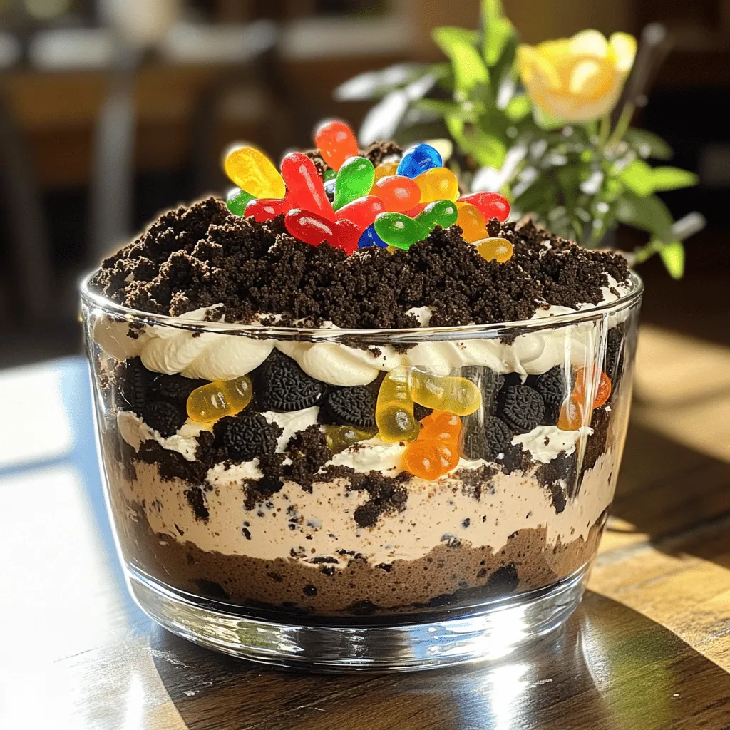 To make Oreo Dirt Cake, you need a few simple ingredients. Here’s what I use: - 1 package (15.5 oz) Oreo cookies - 1/2 cup unsalted butter, softened - 8 oz cream cheese, softened - 1 cup powdered sugar - 3 cups cold milk - 1 package (3.4 oz) instant chocolate pudding mix - 1 tub (8 oz) whipped topping - Optional: 1 cup gummy worms - Optional: 1 small potted plant or flower These ingredients create a rich and creamy dessert. The Oreos give it a crunchy texture, while the pudding and whipped topping make it light. You can get creative with the optional gummies or a potted plant for fun. This combination is simple yet delicious. You can find the full recipe [here](#). To start, we need to crush the Oreo cookies. You can do this in two ways: - Place the cookies in a sealed plastic bag. Use a rolling pin to crush them into fine crumbs. - Alternatively, you can pulse the cookies in a food processor until they reach a fine texture. Set aside 1 cup of crumbs for later use as a topping. Store any extra crumbs in an airtight container to keep them fresh. Next, we will make the cream mixture. In a large bowl, combine the softened butter and cream cheese. Use an electric mixer to beat them together on medium speed. Mix until the blend is smooth and creamy. This should take about 2 minutes. Then, slowly sift in the powdered sugar while mixing. Keep blending until the mixture is perfectly smooth, with no lumps. Now, it's time to prepare the pudding. In a separate bowl, whisk together the instant chocolate pudding mix and the cold milk. Whisk vigorously for about 2 minutes. The pudding should thicken nicely. Once thickened, gently fold the chocolate pudding into the cream cheese and butter mixture. Use a spatula to mix everything together without deflating the whipped cream texture. For the fun part, we will assemble the dirt cake! In a large trifle dish or individual cups, start by adding half of the crushed Oreo cookies. Spread them evenly across the bottom. Next, pour half of the cream mixture over the cookies. Gently spread it to cover the crumbs evenly. Repeat this layering process with the remaining crushed Oreos and the rest of the cream mixture. Finally, use the reserved Oreo crumbs to sprinkle a generous layer on top. This creates the dirt effect. If you want, you can add gummy worms on top for a playful touch. You can also place a small potted plant or flower in the center for a cute garden look. For the full recipe, you can check the earlier instructions. To make your Oreo Dirt Cake perfect, follow these tips: - Preventing lumps in the cream mixture: Always beat the softened butter and cream cheese together first. This step helps to avoid lumps. Mix until smooth before adding the powdered sugar. Use a sifter for the sugar to break up any clumps. - Maintaining the lightness of the whipped topping: When folding in the whipped topping, use a spatula. Gently fold in the topping to keep air in the mix. Avoid stirring too hard, as this can deflate the light and fluffy texture you want. Presentation adds fun to your dessert. Here are some ideas: - Creative ways to layer in clear cups: Use clear cups to show off the beautiful layers. Start with a layer of crushed Oreos, then add the cream mixture. Repeat until you fill the cup. This makes for an eye-catching display. - Unique garnishing suggestions: Add gummy worms on top for a playful touch. You can also place a small potted plant or flower in the center to mimic a garden. This adds charm and makes the dessert feel special. For the full recipe, check out the [Full Recipe]. {{image_4}} You can change the flavor of your Oreo dirt cake in fun ways. For a twist, try using vanilla pudding instead of chocolate. Vanilla adds a lighter taste that works well with the Oreo flavor. You can also mix in some peanut butter for a nutty kick. If you want to switch up the cookies, consider using chocolate chip cookies instead of Oreos. The sweet, chewy texture can add a nice contrast. You could even blend in other cookie flavors like mint or birthday cake. Each option brings a new taste adventure. If you need gluten-free options, don’t worry! Some brands make gluten-free Oreo cookies. You can substitute these in your recipe, and it tastes just as good. For those following a vegan diet, there are easy swaps. Use plant-based cream cheese and whipped topping. Almond milk or oat milk works well in the pudding. These changes keep the dessert creamy and delicious without dairy. Enjoy making this dessert fit any diet! To store your Oreo Dirt Cake, use an airtight container. This helps keep the cake fresh. You can also cover it with plastic wrap. Make sure it touches the surface of the cake to prevent air from getting in. This will help avoid drying out. If you have leftovers, separate the cake into smaller portions. Use small containers for easy access. This way, you can enjoy a piece anytime without losing freshness. The Oreo Dirt Cake lasts about 3 to 5 days in the fridge. Keep it cool and sealed. If you notice any change in texture or smell, it might be time to toss it. Signs of spoilage include a sour smell or an off taste. If the whipped topping starts to separate, it’s best to discard it. Always trust your senses when it comes to food safety. How long does Oreo Dirt Cake last in the refrigerator? Oreo Dirt Cake stays fresh for about 3 to 5 days in the fridge. Cover it well with plastic wrap or a lid. This keeps it from drying out. Can I make Oreo Dirt Cake a day in advance? Yes, you can make it a day ahead. This can help the flavors blend better. Just chill it in the fridge. What can I use instead of gummy worms for decoration? If you want to skip gummy worms, use chocolate sprinkles or mini candy flowers. They look cute and add color. Is Oreo Dirt Cake suitable for a gluten-free diet? Oreo Dirt Cake is not gluten-free. Regular Oreos contain gluten. However, you can buy gluten-free cookies to make it safe for everyone. How do I prevent the layers from mixing? To keep the layers separate, let each layer set before adding the next. Use a gentle hand when layering to avoid mixing. In this post, we explored how to make Oreo Dirt Cake. We covered the ingredients, step-by-step instructions, and helpful tips. You learned how to create a tasty treat that can impress at any gathering. Remember to customize flavors or adjust for dietary needs. Proper storage helps keep your dessert fresh, too. Enjoy making your Oreo Dirt Cake, and have fun sharing it with friends and family!