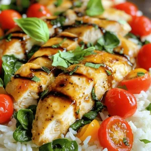 To make Balsamic Chicken & Rice, you will need: - 4 boneless, skinless chicken breasts - 1 cup balsamic vinegar - 2 tablespoons honey - 2 tablespoons Dijon mustard - 4 cloves garlic, minced - 1 teaspoon dried oregano - 1 teaspoon salt - 1/2 teaspoon black pepper - 1 cup long-grain white rice - 2 cups chicken broth - 1 cup cherry tomatoes, halved - 1 cup fresh spinach - 2 tablespoons olive oil These ingredients come together to create a dish that is rich in flavor and easy to prepare. The chicken absorbs the tangy taste of balsamic vinegar, while the rice soaks up all the delicious juices. For a beautiful finish, add: - Fresh basil - Balsamic glaze Using fresh basil adds a burst of color and aroma. The balsamic glaze enhances the dish's sweetness and depth. These garnishes elevate the meal and make it visually appealing. The combination of flavors in this recipe makes every bite a delight. Start by combining the balsamic vinegar, honey, Dijon mustard, minced garlic, dried oregano, salt, and black pepper in a bowl. Whisk them together until you have a smooth mix. This marinade adds flavor to the chicken, making it juicy and tasty. Marinating the chicken is key. It helps the meat soak up all the flavors. I recommend marinating for at least 30 minutes. If you have more time, go for 4 hours for an even better taste. Next, heat olive oil in a large skillet over medium heat. Take the chicken out of the marinade, but save the leftover marinade for later. Place the chicken in the hot skillet. Cook it for about 5 to 7 minutes on each side. Look for a golden brown color and check that the chicken is fully cooked. It should reach an internal temperature of 165°F. While the chicken is cooking, rinse the rice under cold water. This removes extra starch and helps the rice become fluffy. After rinsing, toast the rice in the same skillet for 1 to 2 minutes. Stir it often to avoid burning. Once toasted, pour in the chicken broth and the reserved marinade. Bring the mix to a boil, then reduce the heat. Cover the skillet and let it simmer for about 15 minutes, until the rice is tender and absorbs the liquid. After 15 minutes, gently stir in the halved cherry tomatoes and fresh spinach. Cover the skillet again and let it cook for another 5 minutes. The spinach should wilt and turn bright green. Slice the cooked chicken and place it over the rice. Drizzle any remaining balsamic marinade on top for an extra flavor boost. To serve, transfer the dish to a platter and garnish with fresh basil leaves. Enjoy your delicious Balsamic Chicken & Rice! For the full recipe, check out the detailed instructions above. To boost flavor, you can try different herbs. Fresh thyme or rosemary work well. You might also add a splash of lemon juice for brightness. When marinating chicken, use a zip-top bag. This ensures every piece gets coated. Seal it tightly and refrigerate. Aim for at least 30 minutes, but 4 hours makes a big difference in taste. Using a skillet gives you a nice sear on the chicken. It also helps lock in the juices. If you prefer, you can use the oven. Bake at 375°F for about 25-30 minutes. To keep chicken juicy, don’t overcook it. Check the internal temperature. It should reach 165°F to be safe and tasty. Serve the chicken on a bed of rice for visual appeal. This creates a lovely contrast in colors. For added flair, drizzle balsamic glaze around the edge of the plate. Garnish with fresh basil leaves. They add a pop of color and a nice aroma. You can also use cherry tomatoes for a bright touch. {{image_4}} You can make this balsamic chicken even better by adding spices or herbs. Try adding rosemary or thyme for a fresh twist. A pinch of red pepper flakes can give it a nice kick. The key is to think about what flavors you love. You can also swap the chicken for other proteins. Pork works great with balsamic flavors. Tofu is a good choice for a vegetarian option. Just make sure to adjust the cooking time. Each protein has its own cooking needs. For a complete meal, pair this dish with sides that balance the flavors. A simple green salad with a light dressing is refreshing. Roasted broccoli or asparagus adds nice texture and color. You can also make quick vegetable sides. Sautéed green beans with garlic are fast and tasty. Steamed carrots with a bit of honey can add a sweet touch. Each side will enhance your balsamic chicken and rice, making it a feast for the eyes and the palate. When you have leftover Balsamic Chicken & Rice, store it properly. First, wait for the dish to cool down. Then, place it in an airtight container. This helps keep the flavors fresh. Store the container in the fridge. It should last for up to three days. If you want to save it for later, freezing is a great option. Divide the chicken and rice into smaller portions. Use freezer-safe bags or containers. Label them with the date. You can freeze it for up to three months. This way, you can enjoy a quick meal later. To reheat Balsamic Chicken & Rice, you have a few options. The best method is to use the oven. Preheat it to 350°F. Place your dish in an oven-safe container. Cover it with foil to keep moisture in. Heat it for about 20-25 minutes. This helps keep the chicken juicy and the rice fluffy. If you’re short on time, you can use the microwave. Place your portion in a microwave-safe dish. Add a splash of water to keep it moist. Cover it with a lid or microwave-safe wrap. Heat on medium for about 2-3 minutes. Check if it's hot throughout. If not, heat in 30-second bursts until warm. Marinating chicken takes at least 30 minutes. This time allows the chicken to soak in the flavors. If you want a bolder taste, marinate for up to 4 hours. The longer the chicken sits, the more flavorful it gets. Just be careful not to over-marinate, as it can change the texture. Yes, you can use brown rice. However, brown rice has a longer cooking time. It usually takes about 40-50 minutes to cook. White rice cooks faster, around 15 minutes. Also, brown rice has a nuttier flavor and a chewier texture. Choose based on your taste and time. Balsamic chicken can be gluten-free. The main ingredients are naturally gluten-free. Use gluten-free honey and Dijon mustard if needed. Always check labels for hidden gluten sources. This makes the dish safe for those with gluten sensitivities. Enjoy a tasty meal without worry! This article covered how to make a tasty balsamic chicken and rice dish. You learned about key ingredients and the importance of marinating. I shared step-by-step cooking instructions, tips for juicy chicken, and ideas for great presentation. Variations let you get creative, and storage tips ensure meals last longer. Enjoy cooking your dish with fresh flavors and simple techniques that impress. This meal will surely please your taste buds!