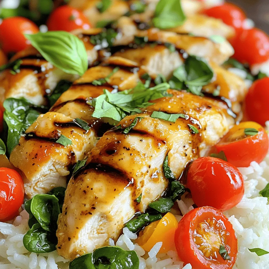 To make Balsamic Chicken & Rice, you will need: - 4 boneless, skinless chicken breasts - 1 cup balsamic vinegar - 2 tablespoons honey - 2 tablespoons Dijon mustard - 4 cloves garlic, minced - 1 teaspoon dried oregano - 1 teaspoon salt - 1/2 teaspoon black pepper - 1 cup long-grain white rice - 2 cups chicken broth - 1 cup cherry tomatoes, halved - 1 cup fresh spinach - 2 tablespoons olive oil These ingredients come together to create a dish that is rich in flavor and easy to prepare. The chicken absorbs the tangy taste of balsamic vinegar, while the rice soaks up all the delicious juices. For a beautiful finish, add: - Fresh basil - Balsamic glaze Using fresh basil adds a burst of color and aroma. The balsamic glaze enhances the dish's sweetness and depth. These garnishes elevate the meal and make it visually appealing. The combination of flavors in this recipe makes every bite a delight. Start by combining the balsamic vinegar, honey, Dijon mustard, minced garlic, dried oregano, salt, and black pepper in a bowl. Whisk them together until you have a smooth mix. This marinade adds flavor to the chicken, making it juicy and tasty. Marinating the chicken is key. It helps the meat soak up all the flavors. I recommend marinating for at least 30 minutes. If you have more time, go for 4 hours for an even better taste. Next, heat olive oil in a large skillet over medium heat. Take the chicken out of the marinade, but save the leftover marinade for later. Place the chicken in the hot skillet. Cook it for about 5 to 7 minutes on each side. Look for a golden brown color and check that the chicken is fully cooked. It should reach an internal temperature of 165°F. While the chicken is cooking, rinse the rice under cold water. This removes extra starch and helps the rice become fluffy. After rinsing, toast the rice in the same skillet for 1 to 2 minutes. Stir it often to avoid burning. Once toasted, pour in the chicken broth and the reserved marinade. Bring the mix to a boil, then reduce the heat. Cover the skillet and let it simmer for about 15 minutes, until the rice is tender and absorbs the liquid. After 15 minutes, gently stir in the halved cherry tomatoes and fresh spinach. Cover the skillet again and let it cook for another 5 minutes. The spinach should wilt and turn bright green. Slice the cooked chicken and place it over the rice. Drizzle any remaining balsamic marinade on top for an extra flavor boost. To serve, transfer the dish to a platter and garnish with fresh basil leaves. Enjoy your delicious Balsamic Chicken & Rice! For the full recipe, check out the detailed instructions above. To boost flavor, you can try different herbs. Fresh thyme or rosemary work well. You might also add a splash of lemon juice for brightness. When marinating chicken, use a zip-top bag. This ensures every piece gets coated. Seal it tightly and refrigerate. Aim for at least 30 minutes, but 4 hours makes a big difference in taste. Using a skillet gives you a nice sear on the chicken. It also helps lock in the juices. If you prefer, you can use the oven. Bake at 375°F for about 25-30 minutes. To keep chicken juicy, don’t overcook it. Check the internal temperature. It should reach 165°F to be safe and tasty. Serve the chicken on a bed of rice for visual appeal. This creates a lovely contrast in colors. For added flair, drizzle balsamic glaze around the edge of the plate. Garnish with fresh basil leaves. They add a pop of color and a nice aroma. You can also use cherry tomatoes for a bright touch. {{image_4}} You can make this balsamic chicken even better by adding spices or herbs. Try adding rosemary or thyme for a fresh twist. A pinch of red pepper flakes can give it a nice kick. The key is to think about what flavors you love. You can also swap the chicken for other proteins. Pork works great with balsamic flavors. Tofu is a good choice for a vegetarian option. Just make sure to adjust the cooking time. Each protein has its own cooking needs. For a complete meal, pair this dish with sides that balance the flavors. A simple green salad with a light dressing is refreshing. Roasted broccoli or asparagus adds nice texture and color. You can also make quick vegetable sides. Sautéed green beans with garlic are fast and tasty. Steamed carrots with a bit of honey can add a sweet touch. Each side will enhance your balsamic chicken and rice, making it a feast for the eyes and the palate. When you have leftover Balsamic Chicken & Rice, store it properly. First, wait for the dish to cool down. Then, place it in an airtight container. This helps keep the flavors fresh. Store the container in the fridge. It should last for up to three days. If you want to save it for later, freezing is a great option. Divide the chicken and rice into smaller portions. Use freezer-safe bags or containers. Label them with the date. You can freeze it for up to three months. This way, you can enjoy a quick meal later. To reheat Balsamic Chicken & Rice, you have a few options. The best method is to use the oven. Preheat it to 350°F. Place your dish in an oven-safe container. Cover it with foil to keep moisture in. Heat it for about 20-25 minutes. This helps keep the chicken juicy and the rice fluffy. If you’re short on time, you can use the microwave. Place your portion in a microwave-safe dish. Add a splash of water to keep it moist. Cover it with a lid or microwave-safe wrap. Heat on medium for about 2-3 minutes. Check if it's hot throughout. If not, heat in 30-second bursts until warm. Marinating chicken takes at least 30 minutes. This time allows the chicken to soak in the flavors. If you want a bolder taste, marinate for up to 4 hours. The longer the chicken sits, the more flavorful it gets. Just be careful not to over-marinate, as it can change the texture. Yes, you can use brown rice. However, brown rice has a longer cooking time. It usually takes about 40-50 minutes to cook. White rice cooks faster, around 15 minutes. Also, brown rice has a nuttier flavor and a chewier texture. Choose based on your taste and time. Balsamic chicken can be gluten-free. The main ingredients are naturally gluten-free. Use gluten-free honey and Dijon mustard if needed. Always check labels for hidden gluten sources. This makes the dish safe for those with gluten sensitivities. Enjoy a tasty meal without worry! This article covered how to make a tasty balsamic chicken and rice dish. You learned about key ingredients and the importance of marinating. I shared step-by-step cooking instructions, tips for juicy chicken, and ideas for great presentation. Variations let you get creative, and storage tips ensure meals last longer. Enjoy cooking your dish with fresh flavors and simple techniques that impress. This meal will surely please your taste buds!