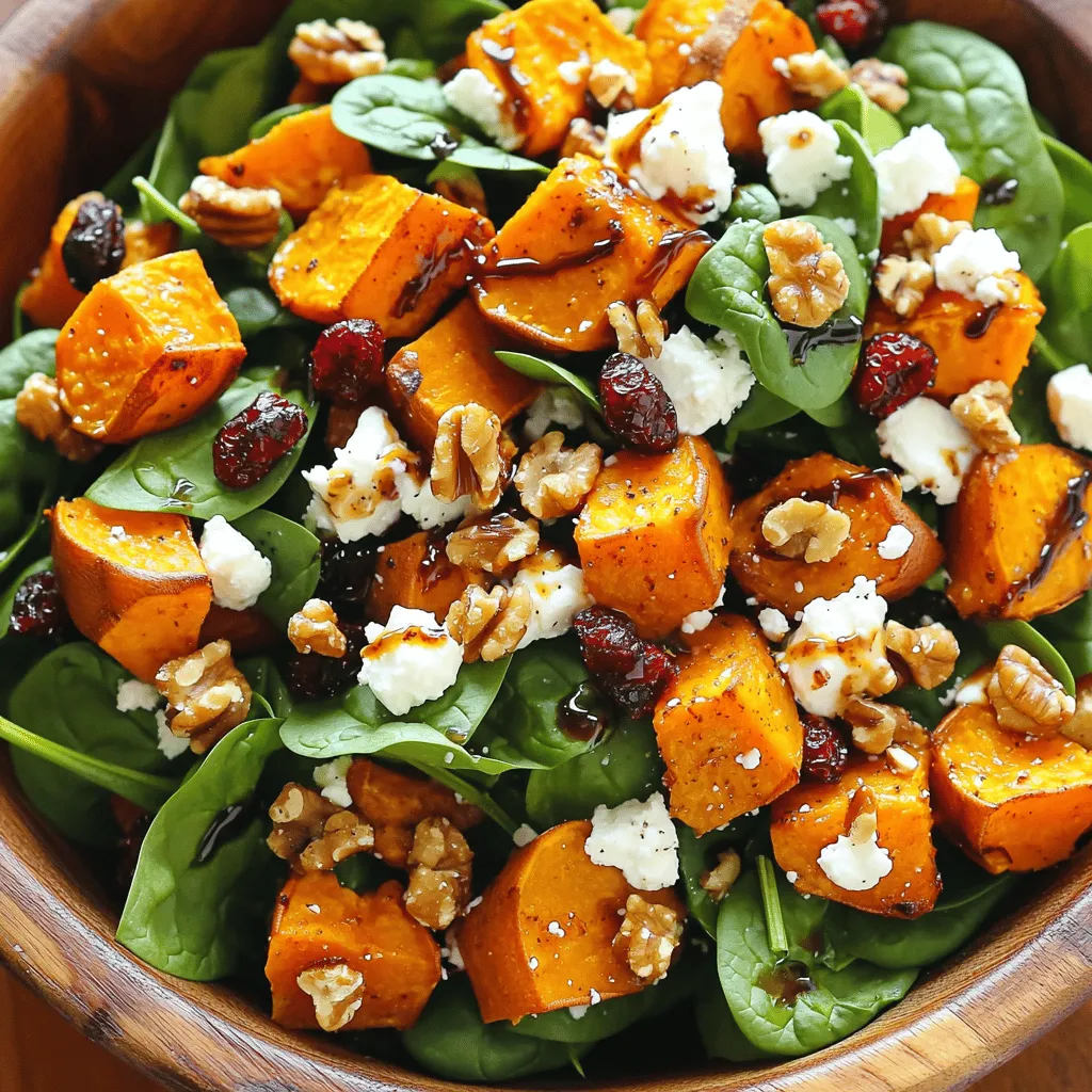 To make this delightful salad, you will need these key ingredients: - 2 medium sweet potatoes, peeled and cut into 1-inch cubes - 2 tablespoons extra virgin olive oil - 1 teaspoon smoked paprika - Sea salt and freshly cracked black pepper, to taste - 1 cup baby spinach leaves, washed and dried - 1/2 cup feta cheese, crumbled - 1/4 cup walnuts, roughly chopped and toasted - 1/4 cup dried cranberries - 2 tablespoons balsamic vinegar - 1 tablespoon pure honey These ingredients come together to create a colorful and tasty dish. While the main ingredients shine, you can also add some fun extras: - Avocado for creaminess - Red onion for a sharp bite - Quinoa for added protein - Fresh herbs like parsley or mint for a fresh touch These optional ingredients can make your salad unique and exciting! Every ingredient in this salad offers health benefits: - Sweet Potatoes: High in vitamins A and C, they support your immune system. - Olive Oil: Rich in healthy fats, it can boost heart health. - Smoked Paprika: Adds flavor while being low in calories and high in antioxidants. - Spinach: Packed with iron and fiber, it promotes good digestion. - Feta Cheese: Offers calcium and protein for strong bones. - Walnuts: Full of omega-3 fatty acids, they support brain health. - Dried Cranberries: Provide antioxidants and can help with heart health. - Balsamic Vinegar: Low in calories, it adds flavor without added sugar. - Honey: A natural sweetener that offers quick energy. This mix not only tastes good but also fuels your body with nutrients. You can find the full recipe for Roasted Sweet Potato Feta Salad in the earlier section. First, gather your sweet potatoes. You need two medium sweet potatoes. Peel them and cut them into 1-inch cubes. This size helps them cook evenly. Next, take a large bowl. Add the sweet potato cubes, two tablespoons of olive oil, one teaspoon of smoked paprika, and some sea salt and black pepper. Mix it all until the sweet potatoes are well coated. Now, it's time to roast! Preheat your oven to 400°F (200°C). Line a baking sheet with parchment paper. Spread the sweet potatoes in a single layer on the sheet. This step is key to getting that nice caramelization. Roast them in the oven for about 25 to 30 minutes. Halfway through, stir the potatoes. You want them tender and a little crispy on the edges. While the sweet potatoes roast, prepare your salad base. In a large bowl, place one cup of baby spinach. Next, add half a cup of crumbled feta cheese. Toss in a quarter cup of roughly chopped and toasted walnuts and a quarter cup of dried cranberries. These ingredients add great flavor and texture. Once the sweet potatoes are done, let them cool slightly before adding them to the bowl. Drizzle two tablespoons of balsamic vinegar and one tablespoon of honey over the salad. Toss it gently so you don’t mash the sweet potatoes. Taste it and add more salt or pepper if needed. Enjoy your vibrant salad! For the full recipe, see the details above. To get sweet potatoes crispy on the outside, follow these steps: - Cut sweet potatoes into 1-inch cubes for even cooking. - Toss them well with olive oil and seasonings. - Spread them out on a baking sheet. Avoid crowding. - Stir them halfway through roasting to promote even browning. Roast until they are tender and caramelized, about 25-30 minutes. Balancing flavors is key to a great salad. Here are some tips: - Use smoked paprika for warmth and depth. - The salt and pepper enhance the sweet potatoes' natural sweetness. - The feta adds a creamy, tangy kick. - Dried cranberries give a sweet contrast. - Balsamic vinegar and honey together create a nice balance of sweet and tangy. You can prep parts of this salad in advance: - Roast sweet potatoes a day before and store them in the fridge. - Prepare the dressing and keep it in a jar. - Assemble salad ingredients but wait to mix in the dressing until serving. This ensures the salad stays fresh and tasty. For the full recipe, check the details! {{image_4}} You can easily adapt this salad to meet dietary needs. If you're vegan, swap feta cheese for tofu or avocado. Use maple syrup instead of honey for a vegan-friendly dressing. For nut allergies, replace walnuts with pumpkin seeds or sunflower seeds. If you need gluten-free options, ensure your balsamic vinegar is certified gluten-free. These swaps keep the flavors intact while catering to your needs. Using seasonal ingredients makes this salad even better. In fall, add roasted Brussels sprouts or apples. In winter, try using kale instead of spinach for a heartier base. During spring, fresh herbs like mint or basil can brighten the dish. In summer, include cherry tomatoes and cucumbers for added crunch. These seasonal tweaks enhance freshness and flavor. The dressing can change the whole vibe of your salad. If you want something zesty, mix olive oil with lemon juice and Dijon mustard. For a creamy option, try a yogurt-based dressing with garlic and herbs. A spicy dressing with chili flakes and lime juice can also add a kick. These alternatives can bring new life to your roasted sweet potato feta salad. For the full recipe, check out the details above! Store leftover salad in an airtight container. Keep it in the fridge for up to three days. If you have extra sweet potatoes, store them separately to keep them fresh. This helps avoid sogginess in the salad. To reheat sweet potatoes, preheat your oven to 350°F (175°C). Spread the sweet potatoes on a baking sheet. Heat them for about 10-15 minutes, or until warm. You can also use a microwave if you're in a hurry. Just heat them in short bursts to prevent drying out. Keep spinach leaves dry to avoid wilting. Store them in a container with a paper towel to absorb moisture. For feta cheese, keep it in brine or olive oil in the fridge. This keeps it flavorful and fresh. Store walnuts in a cool, dark place to prevent them from turning rancid. Yes, you can use other vegetables. Try bell peppers, zucchini, or carrots. These add color and flavor. You can roast them like the sweet potatoes. Just cut them into similar sizes. This helps them cook evenly. To make this salad vegan, replace feta cheese with a plant-based option. You can use tofu or a vegan cheese. For the dressing, swap honey with maple syrup. This keeps your salad sweet without using animal products. This salad pairs well with grilled chicken or fish. You can also serve it with quinoa or a hearty grain. It makes a great side dish for any meal. Enjoy it at lunch or dinner. For more ideas, check out the Full Recipe. This article covered everything you need for a tasty Roasted Sweet Potato Feta Salad. We explored key ingredients and their benefits, along with step-by-step instructions for roasting and assembly. I shared tips for great texture and flavor balance, plus ideas for variations and storage. In closing, this salad is both easy to make and packed with nutrition. Enjoy making it your own with the tips provided!