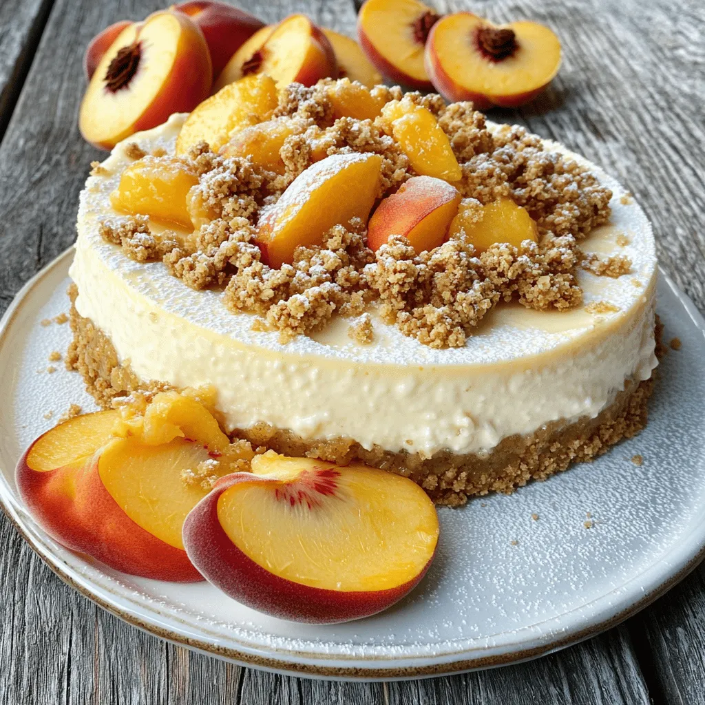 - 1 ½ cups graham cracker crumbs - ¼ cup granulated sugar - ½ cup unsalted butter, melted - 16 oz cream cheese, softened to room temperature - ½ cup granulated sugar - 2 large eggs, at room temperature - 1 teaspoon vanilla extract - 1 cup fresh peaches, peeled and diced (or use canned peaches, thoroughly drained) - 1 cup rolled oats - ½ cup all-purpose flour - ½ cup brown sugar, packed - ½ teaspoon ground cinnamon - ¼ cup unsalted butter, melted For a tasty Georgia Peach Crumble Cheesecake, gather all these ingredients first. The crust needs graham cracker crumbs, sugar, and butter. This mix gives the cheesecake a nice base. Use melted butter to help the crumbs stick together. Next, for the filling, you will need cream cheese, sugar, eggs, vanilla, and peaches. The cream cheese makes it rich and creamy. The diced peaches add a sweet flavor. You can use fresh peaches or canned ones. If you use canned peaches, drain them well. Lastly, the crumble topping needs oats, flour, brown sugar, cinnamon, and more melted butter. This topping brings a crunchy texture. Mixing these items creates a delightful blend. Be sure to check the [Full Recipe] for detailed steps. You’ll love how all these ingredients come together for a delicious dessert! - Preheat your oven to 350°F (175°C). - In a large bowl, combine 1 ½ cups of graham cracker crumbs, ¼ cup of sugar, and ½ cup of melted butter. - Mix until it's smooth and well combined. - Press this mixture evenly into the bottom of a 9-inch springform pan. - Bake for 8-10 minutes until the crust is golden. - After baking, let it cool completely. - In a separate bowl, beat 16 oz of softened cream cheese and ½ cup of sugar until smooth. - Add in 2 large eggs one at a time, mixing well after each. - Stir in 1 teaspoon of vanilla extract. - Finally, fold in 1 cup of diced peaches. - Ensure the peaches are evenly spread throughout the filling. - Carefully pour the cheesecake filling over the cooled crust. - Use a spatula to smooth the top. - For the crumble topping, mix 1 cup of rolled oats, ½ cup of all-purpose flour, ½ cup of brown sugar, and ½ teaspoon of ground cinnamon in a bowl. - Add ¼ cup of melted butter and mix until crumbly. - Evenly sprinkle this topping over the cheesecake filling. - Bake the cheesecake for 40-45 minutes until the edges are firm, but the center has a slight jiggle. - Turn off the oven and leave the cheesecake inside for an hour to cool gently. - Once cooled, chill it in the fridge for at least 4 hours. For the best taste, let it chill overnight. For the complete recipe, refer to the Full Recipe. - Ensure butter is fully melted and evenly mixed. This helps the crust stick together well. - Press crust firmly for better structure. A solid base keeps your cheesecake intact. - Use room temperature ingredients for a smooth filling. Cold cream cheese creates lumps. - Monitor baking time to avoid overcooking. The center should jiggle slightly when done. - Garnish with fresh peach slices. This adds color and freshness to each slice. - Dust with powdered sugar before serving. It gives a lovely touch and sweetness. For more details on making this dish, check the Full Recipe. {{image_4}} You can change the peaches for other fruits. Blueberries, strawberries, or raspberries work great. Each fruit adds its unique flavor. For a fun summer twist, try mixed berries. The blend of colors and tastes makes it so vibrant! Feel like trying something new? Switch the crust! An Oreo crust gives a sweet touch. Almond flour crusts add a nutty flavor. If you want a gluten-free option, use a nut-based crust. It brings a delicious crunch to each bite. Want a plant-based version? You can replace cream cheese with cashew or almond-based cream cheese. It gives a creamy texture without dairy. For eggs, use flax eggs or applesauce as substitutes. These swaps keep the cheesecake rich and tasty while being vegan-friendly. Try these variations to make the dessert your own. You can find the full recipe above to guide you! To keep your cheesecake fresh, store it in an airtight container in your refrigerator. This will help maintain its texture and flavor. For the best taste, enjoy it within 5-7 days. After that, the quality may decline. You can freeze your cheesecake if you want to save it for later. Wrap it tightly in plastic wrap and then in aluminum foil. It will stay good in the freezer for up to 3 months. Make sure to label it with the date so you can keep track. When you are ready to eat your frozen cheesecake, thaw it in the refrigerator overnight. This slow thaw will keep the texture smooth and creamy. Once thawed, it’s ready to slice and serve. Enjoy this treat with family and friends! Yes, ensure they are thoroughly drained for best results. Canned peaches can work well in this recipe. They save time and still add that sweet peach flavor. Just make sure to let them sit and drain. This way, you avoid extra liquid in your cheesecake. It takes at least 4 hours, but overnight is recommended for best flavor. Chilling lets the cheesecake firm up and the flavors blend. If you can wait, letting it sit overnight will give you a richer taste and creamy texture. Use digestive biscuits, Panko breadcrumbs, or crushed nuts for alternatives. Each option gives a different taste and texture. Digestive biscuits add a sweet touch, while Panko makes it light. Nuts can add crunch and flavor, so choose what you like best. If you want the full recipe, check it out for details! This cheesecake recipe blends simple ingredients like graham crackers and fresh peaches. You can make a tasty dessert by following the steps and using our tips. You learned about different fruits and crust options to try. Lastly, store leftovers properly to keep them fresh. Enjoy making this delightful cheesecake with family and friends! Your creativity will shine through each bite.