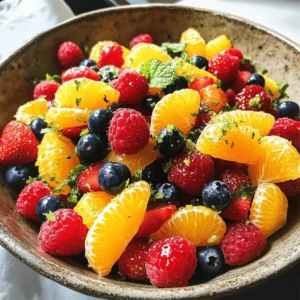 To create a vibrant Orange Berry Fruit Salad, you will need fresh and flavorful ingredients. Here is the list of ingredients you will need: - 2 large oranges, peeled and segmented - 1 cup strawberries, hulled and quartered - 1 cup blueberries - 1 cup raspberries - 1 tablespoon honey - 1 tablespoon fresh mint, finely chopped - 1 teaspoon fresh lime juice - A pinch of sea salt These ingredients are key to making this dish bright and delicious. The oranges bring a sweet and zesty flavor that pairs well with the berries' natural sweetness. The honey adds a touch of sweetness, while the mint gives a fresh kick. Lime juice adds a tangy note, making each bite exciting. When choosing your fruit, look for ripe, firm berries and juicy oranges. This ensures that your salad will be bursting with flavor. For the best taste, use fresh ingredients whenever possible. If you're interested in the full recipe, be sure to check it out! To segment oranges, start by cutting off both ends. This gives you a stable base. Then, use a sharp knife to slice the peel off the orange. Follow the curves of the fruit to remove all the white pith. Next, cut between the membranes to release the segments. Make sure to catch any juices that flow out. A bowl under the orange helps collect these juices. You can add this juice to your salad for extra flavor. Now, it’s time to mix the berries. Take your strawberries, blueberries, and raspberries and place them in a large bowl. Gently stir the berries together. This keeps them from bruising. If you press too hard, they can break. You want to keep them whole for the best look and taste. For the dressing, gather your honey, fresh mint, lime juice, and sea salt. In a small bowl, whisk these together until smooth. The mint adds a nice touch. You want it to blend well so every bite is tasty. This dressing will bring all the flavors together. Next, drizzle the dressing over your fruit mixture. Use a spatula to toss everything lightly. Make sure all the fruit gets coated well. This is where the magic happens. The dressing makes the fruit shine and taste even better. Let the salad rest for about 10 minutes. This time helps the flavors meld. The fruit will soak up the dressing, making it even tastier. It’s a small step, but it really makes a difference. You can serve this salad chilled or at room temperature. Both ways taste great! For a lovely touch, garnish with extra mint leaves. They add a pop of color and freshness to the dish. Enjoy your vibrant and healthy Orange Berry Fruit Salad! For the full recipe, check the earlier sections. To make the best Orange Berry Fruit Salad, choosing ripe fruit is key. Here are some best practices for selecting berries and oranges: - Oranges: Look for firm, heavy oranges. The skin should be bright and smooth. Avoid any with soft spots or blemishes. - Strawberries: Choose bright red strawberries with green leaves. They should feel firm and fragrant. - Blueberries: Look for plump and shiny blueberries. They should be deep blue without any red or green spots. - Raspberries: Pick raspberries that are deep in color and plump. They should have no signs of mold or mushiness. You can boost the flavor of your fruit salad with a few simple additions: - Mint: Fresh mint adds a great burst of flavor. I love using finely chopped mint to give a fresh taste. - Citrus Zest: Grating a little lime or orange zest can enhance the fruit's natural flavor. - Honey: A drizzle of honey adds sweetness and pairs well with the tart berries. - Chili Flakes: For a spicy kick, add a pinch of chili flakes. It creates a unique flavor contrast. Serving your salad creatively can impress your guests. Here are some fun ideas: - Glass Bowls: Use clear glass bowls to showcase the vibrant colors of the fruit. - Fruit Cups: Serve individual portions in hollowed-out oranges or small jars for a fun touch. - Garnishes: Top each serving with a mint leaf or edible flowers for a beautiful finish. - Layering: Layer the fruit in a trifle dish for a stunning visual effect at parties. These tips will help you create a delicious and visually appealing Orange Berry Fruit Salad. For the complete process, check out the Full Recipe. {{image_4}} When making Orange Berry Fruit Salad, think about the fruits in season. In spring and summer, you can swap strawberries and raspberries for peaches or cherries. In fall, try apples or pears for a crunchy twist. Winter brings citrus fruits like grapefruit. This makes your salad fresh and bright all year long. To make this fruit salad more filling, add protein. Nuts, like walnuts or almonds, give a nice crunch. You can also use yogurt, which adds creaminess. A dollop of Greek yogurt on top makes it rich and tasty. This helps balance the sweet fruit and keeps you satisfied longer. While honey and mint dressing is tasty, you can mix it up! Try a yogurt-based dressing for a creamy option. A drizzle of balsamic glaze adds a sweet and tangy flavor. For a zesty kick, mix lime juice with a dash of ginger. These options keep your salad exciting and full of flavor. For the full recipe, click [here](#). To keep your orange berry fruit salad fresh, place it in an airtight container. This prevents air from drying out the fruit. Store it in the fridge right away. Use a container that fits well to reduce space and limit exposure. If you have any leftover dressing, store it separately. This keeps the fruit from getting soggy. Your fruit salad will last about three days in the fridge. After that, the fruit may lose its freshness. Look for signs of spoilage like an off smell or mushy texture. If the berries look dull or discolored, it's best to toss the salad. Freshness is key to enjoying this colorful treat. When you're ready to enjoy it again, check for moisture. If it seems watery, drain any extra liquid. Gently toss the salad to mix the fruit again. You can also add a splash of fresh lime juice or a bit of honey for extra flavor. This refreshes the salad and brings back its lively taste. Yes, you can. To prepare this salad in advance, follow these steps. First, cut the oranges and berries, but do not mix them. Keep each fruit in separate airtight containers. This way, each fruit stays fresh. Just before serving, mix them together. This helps keep the flavors bright and the fruit crispy. You can add many fruits! Try diced apples or sliced bananas for extra sweetness. Pineapple chunks add a tropical twist. Kiwi offers a nice pop of color and tang. Be creative and add whatever you love! To keep fruit looking fresh, use these tricks. For apples and bananas, squeeze fresh lemon juice on them. This juice slows browning. Store cut fruit in water or cover tightly with plastic wrap. Keeping them cold also helps maintain their vibrant colors. Yes, this salad is good for many diets. It is vegan and gluten-free. If you need lower sugar, skip the honey or use a sugar substitute. Those with nut allergies can enjoy this salad without worry, as it contains no nuts. This fruit salad is packed with nutrients. Each serving has vitamins C and A from oranges and berries. The honey adds natural sweetness. The mint gives a refreshing taste. This salad is low in calories, making it a healthy snack. For the complete Orange Berry Fruit Salad recipe, visit [Full Recipe]. This blog post walks you through making a vibrant Orange Berry Fruit Salad. You learned about fresh ingredients, step-by-step instructions, and helpful tips. Taking the time to store your salad correctly keeps it fresh for longer. Remember, this dish is versatile—feel free to swap out fruits, add protein, or try new dressings. Whether for a party or a snack, this salad is sure to please. Enjoy your fresh, colorful creation!
