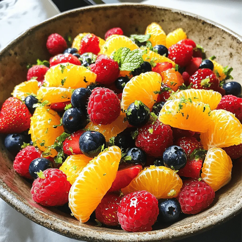 To create a vibrant Orange Berry Fruit Salad, you will need fresh and flavorful ingredients. Here is the list of ingredients you will need: - 2 large oranges, peeled and segmented - 1 cup strawberries, hulled and quartered - 1 cup blueberries - 1 cup raspberries - 1 tablespoon honey - 1 tablespoon fresh mint, finely chopped - 1 teaspoon fresh lime juice - A pinch of sea salt These ingredients are key to making this dish bright and delicious. The oranges bring a sweet and zesty flavor that pairs well with the berries' natural sweetness. The honey adds a touch of sweetness, while the mint gives a fresh kick. Lime juice adds a tangy note, making each bite exciting. When choosing your fruit, look for ripe, firm berries and juicy oranges. This ensures that your salad will be bursting with flavor. For the best taste, use fresh ingredients whenever possible. If you're interested in the full recipe, be sure to check it out! To segment oranges, start by cutting off both ends. This gives you a stable base. Then, use a sharp knife to slice the peel off the orange. Follow the curves of the fruit to remove all the white pith. Next, cut between the membranes to release the segments. Make sure to catch any juices that flow out. A bowl under the orange helps collect these juices. You can add this juice to your salad for extra flavor. Now, it’s time to mix the berries. Take your strawberries, blueberries, and raspberries and place them in a large bowl. Gently stir the berries together. This keeps them from bruising. If you press too hard, they can break. You want to keep them whole for the best look and taste. For the dressing, gather your honey, fresh mint, lime juice, and sea salt. In a small bowl, whisk these together until smooth. The mint adds a nice touch. You want it to blend well so every bite is tasty. This dressing will bring all the flavors together. Next, drizzle the dressing over your fruit mixture. Use a spatula to toss everything lightly. Make sure all the fruit gets coated well. This is where the magic happens. The dressing makes the fruit shine and taste even better. Let the salad rest for about 10 minutes. This time helps the flavors meld. The fruit will soak up the dressing, making it even tastier. It’s a small step, but it really makes a difference. You can serve this salad chilled or at room temperature. Both ways taste great! For a lovely touch, garnish with extra mint leaves. They add a pop of color and freshness to the dish. Enjoy your vibrant and healthy Orange Berry Fruit Salad! For the full recipe, check the earlier sections. To make the best Orange Berry Fruit Salad, choosing ripe fruit is key. Here are some best practices for selecting berries and oranges: - Oranges: Look for firm, heavy oranges. The skin should be bright and smooth. Avoid any with soft spots or blemishes. - Strawberries: Choose bright red strawberries with green leaves. They should feel firm and fragrant. - Blueberries: Look for plump and shiny blueberries. They should be deep blue without any red or green spots. - Raspberries: Pick raspberries that are deep in color and plump. They should have no signs of mold or mushiness. You can boost the flavor of your fruit salad with a few simple additions: - Mint: Fresh mint adds a great burst of flavor. I love using finely chopped mint to give a fresh taste. - Citrus Zest: Grating a little lime or orange zest can enhance the fruit's natural flavor. - Honey: A drizzle of honey adds sweetness and pairs well with the tart berries. - Chili Flakes: For a spicy kick, add a pinch of chili flakes. It creates a unique flavor contrast. Serving your salad creatively can impress your guests. Here are some fun ideas: - Glass Bowls: Use clear glass bowls to showcase the vibrant colors of the fruit. - Fruit Cups: Serve individual portions in hollowed-out oranges or small jars for a fun touch. - Garnishes: Top each serving with a mint leaf or edible flowers for a beautiful finish. - Layering: Layer the fruit in a trifle dish for a stunning visual effect at parties. These tips will help you create a delicious and visually appealing Orange Berry Fruit Salad. For the complete process, check out the Full Recipe. {{image_4}} When making Orange Berry Fruit Salad, think about the fruits in season. In spring and summer, you can swap strawberries and raspberries for peaches or cherries. In fall, try apples or pears for a crunchy twist. Winter brings citrus fruits like grapefruit. This makes your salad fresh and bright all year long. To make this fruit salad more filling, add protein. Nuts, like walnuts or almonds, give a nice crunch. You can also use yogurt, which adds creaminess. A dollop of Greek yogurt on top makes it rich and tasty. This helps balance the sweet fruit and keeps you satisfied longer. While honey and mint dressing is tasty, you can mix it up! Try a yogurt-based dressing for a creamy option. A drizzle of balsamic glaze adds a sweet and tangy flavor. For a zesty kick, mix lime juice with a dash of ginger. These options keep your salad exciting and full of flavor. For the full recipe, click [here](#). To keep your orange berry fruit salad fresh, place it in an airtight container. This prevents air from drying out the fruit. Store it in the fridge right away. Use a container that fits well to reduce space and limit exposure. If you have any leftover dressing, store it separately. This keeps the fruit from getting soggy. Your fruit salad will last about three days in the fridge. After that, the fruit may lose its freshness. Look for signs of spoilage like an off smell or mushy texture. If the berries look dull or discolored, it's best to toss the salad. Freshness is key to enjoying this colorful treat. When you're ready to enjoy it again, check for moisture. If it seems watery, drain any extra liquid. Gently toss the salad to mix the fruit again. You can also add a splash of fresh lime juice or a bit of honey for extra flavor. This refreshes the salad and brings back its lively taste. Yes, you can. To prepare this salad in advance, follow these steps. First, cut the oranges and berries, but do not mix them. Keep each fruit in separate airtight containers. This way, each fruit stays fresh. Just before serving, mix them together. This helps keep the flavors bright and the fruit crispy. You can add many fruits! Try diced apples or sliced bananas for extra sweetness. Pineapple chunks add a tropical twist. Kiwi offers a nice pop of color and tang. Be creative and add whatever you love! To keep fruit looking fresh, use these tricks. For apples and bananas, squeeze fresh lemon juice on them. This juice slows browning. Store cut fruit in water or cover tightly with plastic wrap. Keeping them cold also helps maintain their vibrant colors. Yes, this salad is good for many diets. It is vegan and gluten-free. If you need lower sugar, skip the honey or use a sugar substitute. Those with nut allergies can enjoy this salad without worry, as it contains no nuts. This fruit salad is packed with nutrients. Each serving has vitamins C and A from oranges and berries. The honey adds natural sweetness. The mint gives a refreshing taste. This salad is low in calories, making it a healthy snack. For the complete Orange Berry Fruit Salad recipe, visit [Full Recipe]. This blog post walks you through making a vibrant Orange Berry Fruit Salad. You learned about fresh ingredients, step-by-step instructions, and helpful tips. Taking the time to store your salad correctly keeps it fresh for longer. Remember, this dish is versatile—feel free to swap out fruits, add protein, or try new dressings. Whether for a party or a snack, this salad is sure to please. Enjoy your fresh, colorful creation!
