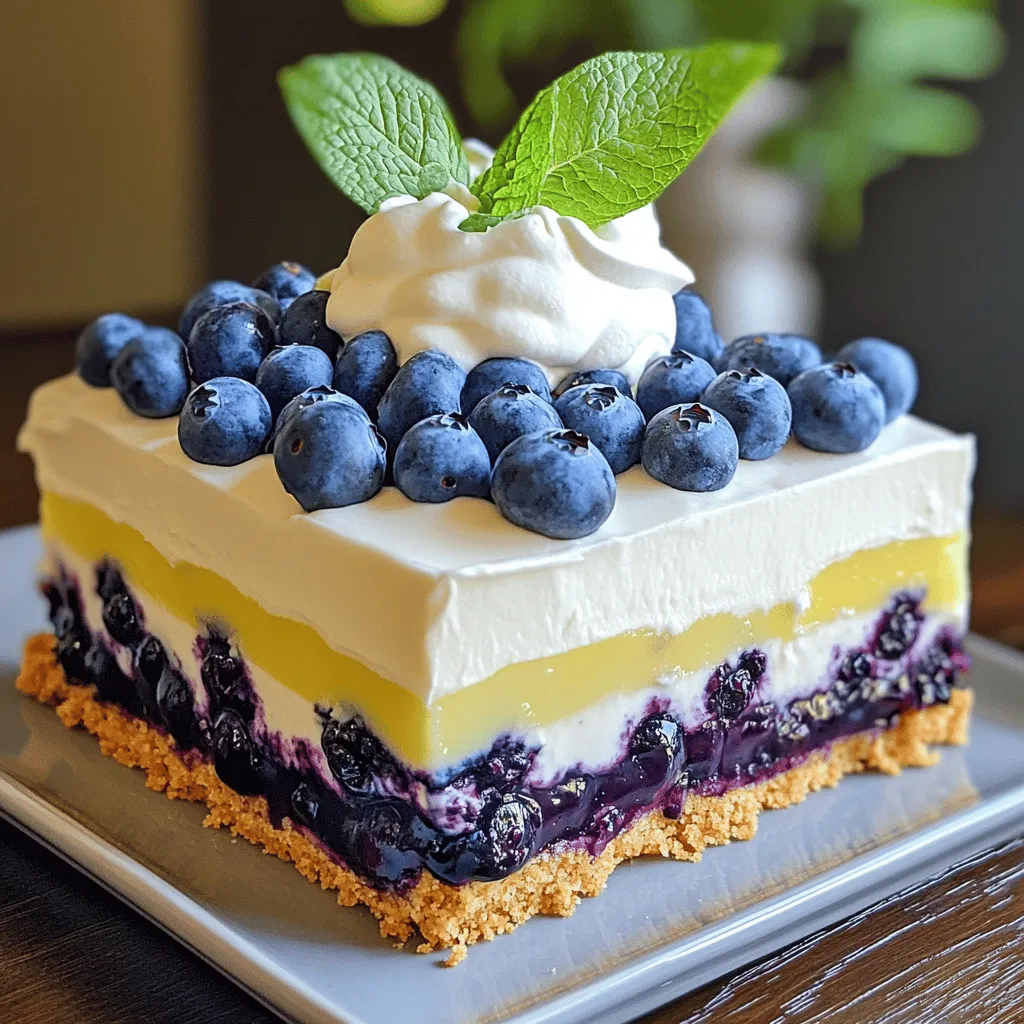 - 1 ½ cups graham cracker crumbs - ½ cup unsalted butter, melted - 2 cups fresh blueberries, rinsed and drained - 1 cup cream cheese, softened to room temperature - 1 cup powdered sugar, sifted - 1 cup whipped cream - ¼ cup freshly squeezed lemon juice - 1 teaspoon lemon zest - 1 teaspoon pure vanilla extract - Fresh mint leaves for garnish When making this no bake lemon blueberry dessert, I focus on fresh, simple ingredients. Each component adds to the final taste and texture. The graham cracker crumbs form a crunchy base. I melt the butter to bind the crust. Next, I use fresh blueberries because they burst with flavor. Cream cheese gives the filling a rich and creamy feel. Sifting the powdered sugar helps it blend smoothly. Fresh lemon juice and zest bring bright citrus notes, while vanilla adds warmth. Finally, whipped cream lightens the filling, creating a fluffy texture. - 9-inch round springform pan - Medium mixing bowl - Large mixing bowl - Electric mixer - Spatula Using the right tools makes the process easier. A springform pan allows for easy removal of the dessert. Mixing bowls help keep things organized. An electric mixer speeds up the blending, ensuring a smooth filling. A spatula helps with folding and spreading layers evenly. For the full recipe, check out the specific instructions to guide you through each step. To start, you need graham cracker crumbs and melted butter. In a medium bowl, combine these two ingredients. Stir until it looks like wet sand. This means you mixed it well. Next, grab a 9-inch springform pan. Press the crumb mixture firmly into the bottom. Make sure it’s even and tight. Then, put the pan in the fridge for about 20 minutes. This will help the crust set. Now, let’s make the filling. In a large bowl, beat the softened cream cheese until it's smooth. Use an electric mixer to make this easy. Slowly add in the sifted powdered sugar while mixing. Keep going until everything blends well. Next, add the lemon juice, lemon zest, and vanilla extract. Beat until it’s creamy and mixed. Finally, gently fold in the whipped cream. This keeps the filling light and fluffy. To assemble, take the crust out of the fridge. Pour half of the lemon cream cheese mixture on top of the crust. Use a spatula to spread it evenly. Next, add half of the blueberries. Press them gently into the cream cheese layer. Now, spoon the rest of the cream cheese mixture on top. Smooth it out, then add the remaining blueberries on top. Cover the pan with plastic wrap and refrigerate. Let it chill for at least 4 hours. This allows the dessert to set perfectly. For the full recipe, check out the details provided earlier. - Use room temperature ingredients for smoother mixing. Cold ingredients can clump. - Be gentle when folding in whipped cream. This keeps the mix light and fluffy. - Drizzle with extra lemon juice for a zesty kick. Honey adds sweetness. - Garnish with extra blueberries or mint leaves. These add color and freshness. - Don’t skip chilling the crust. It needs time to firm up before adding filling. - Avoid overmixing whipped cream. This can deflate it and ruin the texture. Follow these tips, and your No Bake Lemon Blueberry Dessert will shine! For the full recipe, check out the details above. Enjoy! {{image_4}} You can switch up the flavors in this dessert easily. Try using strawberries or raspberries instead of blueberries. This change will give you a fresh twist that is just as tasty. If you want a nutty taste, add a dash of almond extract. This will enhance the dessert's flavor profile and surprise your guests. For those needing gluten-free options, use gluten-free graham crackers. They work just as well and keep the dessert delightful. If you or anyone you know is lactose intolerant, you can replace cream cheese with a dairy-free alternative. This keeps the dessert creamy while being friendly to those with dietary needs. Want a smaller or larger dessert? Adjust the ingredient amounts easily to fit your needs. For a fun twist, consider using mini springform pans. These are perfect for individual servings and make your dessert look fancy. You can impress friends and family with these lovely personal treats. If you're ready to make this delicious dessert, check out the Full Recipe for all the details! Store the dessert in the refrigerator for up to 5 days. Keeping it cold helps keep the flavors fresh and the texture creamy. Make sure to cover it with plastic wrap or a lid to avoid drying out. This dessert is perfect for warm days when you need a sweet, cool treat. You can freeze portions for later use. Wrap them tightly in plastic wrap to prevent freezer burn. This method is great for saving leftovers or preparing ahead for a party. Just remember to label your wraps with the date, so you know how long they’ve been frozen. Thaw the frozen dessert in the fridge overnight before serving. This slow thawing keeps the texture nice and creamy. Avoid thawing at room temperature, as it can make the dessert too soft or watery. Enjoy the delightful taste of lemon and blueberry as soon as it’s ready! Yes, it can be made up to 2 days in advance and stored in the refrigerator. This makes it perfect for parties or gatherings. Just cover it well to keep it fresh and tasty. While fresh blueberries are preferred, you can use frozen blueberries if necessary. Just remember to thaw them first and drain any excess liquid. This way, your dessert stays creamy and doesn’t get too watery. Yes, alternative crusts like Oreo or nut crusts can also work well. These options add a fun twist to the dessert. You can even mix and match for a unique flavor. Use a warm knife to create clean slices and prevent sticking. This tip helps keep the layers intact. Wipe the knife between cuts for the best results. Yes, add more lemon zest or juice to the cream cheese mixture for a stronger lemon taste. This step can make your dessert even zippier and more refreshing! If you love lemon, go ahead and experiment! This dessert combines fresh blueberries and creamy lemon filling. We covered ingredients, equipment, and step-by-step instructions to make it easy. Remember to chill your crust first and fold whipped cream gently for the best result. You can make this dessert your own with different flavors or dietary choices. It’s a versatile treat that can be stored and served later. Enjoy making this refreshing dessert for any occasion!