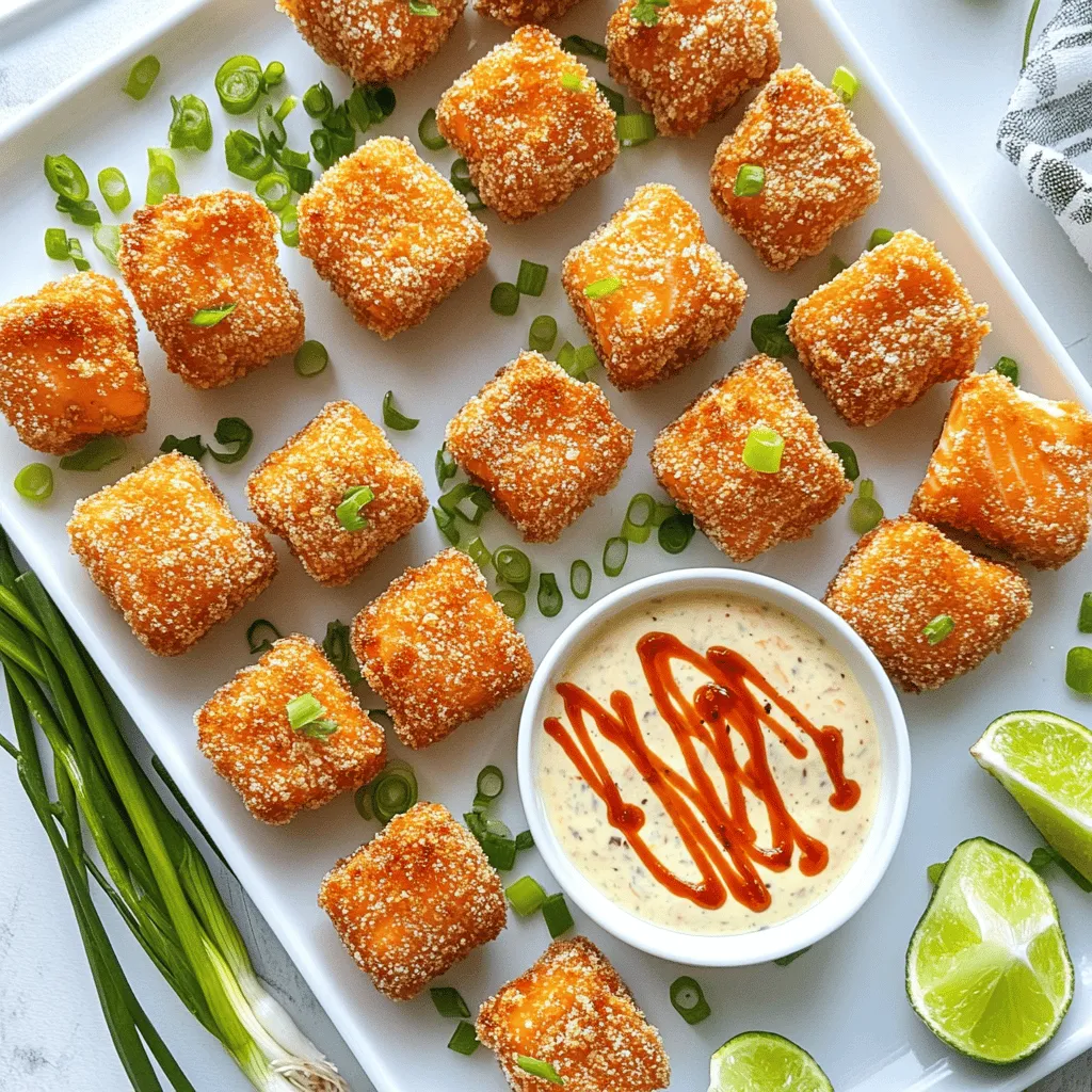 To make Crispy Bang Bang Salmon Bites, gather these ingredients: - 1 lb fresh salmon, skinless, cut into 1-inch bite-sized cubes - 1 cup panko breadcrumbs - ½ cup all-purpose flour - 2 large eggs, beaten - ½ teaspoon garlic powder - ½ teaspoon smoked paprika - Salt and freshly ground black pepper, to taste - 1 cup mayonnaise - 3 tablespoons sweet chili sauce - 1 tablespoon sriracha (adjust based on spice preference) - 1 teaspoon fresh lime juice - Fresh green onions, finely chopped, for garnish You can swap some ingredients for similar ones. If you don’t have salmon, try using firm white fish like cod or halibut. Instead of panko, regular breadcrumbs work too, but panko gives a crunchier bite. If you need a gluten-free option, use almond flour in place of all-purpose flour. For the sauce, Greek yogurt can replace mayonnaise for a lighter version. Feel free to get creative with spices! Instead of smoked paprika, use regular paprika or chili powder for a different flavor. You can add a pinch of cayenne for more heat or even dried herbs like dill or parsley for a fresh taste. Experimenting with different seasonings makes this dish versatile and fun! First, gather your three shallow bowls. This setup makes breading easy and fun. In the first bowl, mix the flour with garlic powder, smoked paprika, salt, and pepper. This blend adds great taste to the salmon. Next, pour the beaten eggs into the second bowl. The eggs help the breadcrumbs stick. In the final bowl, add the panko breadcrumbs. These will give your bites the perfect crunch. Now it's time to bread the salmon. Take a salmon cube and dip it in the seasoned flour. Make sure it is well-coated. Gently shake off any extra flour. Next, move the cube to the egg mixture. Allow the excess egg to drip back into the bowl. Finally, roll the salmon in the panko breadcrumbs. Press lightly to make sure they stick. This process is key to getting crispy bites. Heat about ½ inch of vegetable oil in a large skillet over medium-high heat. Wait until the oil is shimmering and hot, but not smoking. Carefully add the breaded salmon bites in small batches. Don't overcrowd the pan; this helps them cook evenly. Fry each side for about 2-3 minutes until golden brown. Once done, use a slotted spoon to move the bites to a plate lined with paper towels. This step removes extra oil and keeps them crispy. For the full recipe, check out the complete instructions above! To get those perfect crispy bites, follow these tips. First, use panko breadcrumbs. They give a light and crunchy texture. Make sure the oil is hot enough before adding the salmon. If it’s too cool, the bites will soak up oil and become soggy. Fry in small batches. Overcrowding the pan lowers the oil temperature, ruining the crispiness. Lastly, let them rest on paper towels. This helps remove excess oil, keeping them crisp. Avoid these common mistakes for the best results. Don’t skip seasoning the flour. It adds great flavor to the salmon. Be careful with the egg wash; too much can make the bites heavy. Don’t rush the frying process. Cooking too quickly can burn the crust while leaving the inside raw. Lastly, don’t skip the resting step after frying. It’s key for keeping that crunch. To make a great Bang Bang sauce, balance is key. Mix mayonnaise, sweet chili sauce, sriracha, and lime juice well. Start with less sriracha if you like mild heat. Taste your sauce as you go. Adjust it based on your preference. Want more zing? Add extra lime juice. For a twist, try adding a bit of honey for sweetness. This sauce is great on the side or drizzled over the crispy bites. Check the full recipe for more ideas! {{image_4}} You can choose to bake or fry the salmon bites. Frying gives the bites a crispier texture. It takes only about 2-3 minutes per side. For a healthier option, bake them. Preheat your oven to 400°F. Place the breaded bites on a baking sheet. Bake for 12-15 minutes until golden brown. Both methods taste great, so try both and see which you like more! While the Bang Bang sauce is a hit, feel free to mix it up! Here are some tasty options: - Teriyaki sauce for a sweet and savory twist. - Garlic aioli brings a rich, creamy flavor. - Honey mustard adds a tangy sweetness. - Chipotle mayo gives a smoky kick. Experiment with these sauces to find your favorite! You can make this dish even better by adding veggies. Try bell peppers or zucchini for color and crunch. You can also use other proteins like shrimp or chicken. Just follow the same breading steps. This way, you can enjoy crispy bites with different tastes and textures. Each bite will be a new adventure! To keep your crispy Bang Bang salmon bites fresh, store them in an airtight container. Place a paper towel at the bottom to absorb moisture. This helps maintain their crispy texture. If you plan to eat them within two days, just refrigerate. For longer storage, freezing is best. When you want to enjoy the leftovers, reheating is key. Preheat your oven to 375°F (190°C). Spread the salmon bites on a baking sheet. Bake for about 10-15 minutes until they are hot and crispy again. This method works better than using a microwave, which can make them soggy. If you freeze the salmon bites, do it right after cooking. Let them cool completely. Then, arrange them in a single layer on a baking sheet. Freeze until solid, about one hour. After that, transfer them to a freezer bag. They will stay fresh for up to three months. When ready to eat, thaw them in the fridge overnight before reheating. Enjoy your crispy bites anytime! For the full recipe, refer back to the main section. You can tell the salmon is cooked when it turns opaque and flakes easily. The internal temperature should reach 145°F. Use a meat thermometer for accuracy. If you don't have one, cut a piece open. It should be light pink inside. Overcooking can make it dry, so keep an eye on it! Yes, you can make Bang Bang sauce ahead of time. This sauce lasts in the fridge for about a week. Store it in an airtight container. Just give it a good stir before using. Making it early lets the flavors blend well, which is a nice bonus! You can serve these bites with many tasty sides. Here are a few ideas: - Steamed rice or quinoa - Fresh salad with a light dressing - Veggie sticks or a colorful vegetable platter - Crispy fries or sweet potato fries - A zesty coleslaw for crunch These sides will complement the salmon bites and make your meal complete. For the full recipe, check out the main section! You learned about the key ingredients and their substitutions for making crispy Bang Bang Salmon Bites. I shared tips for perfecting the breading technique and frying process. You also discovered how to keep your bites crispy and what common mistakes to avoid. We explored variations like baking and new sauce ideas. Lastly, I offered storage tips and answered common questions. Keep these tips handy for your next cooking adventure. In no time, you'll impress with your delicious salmon bites!
