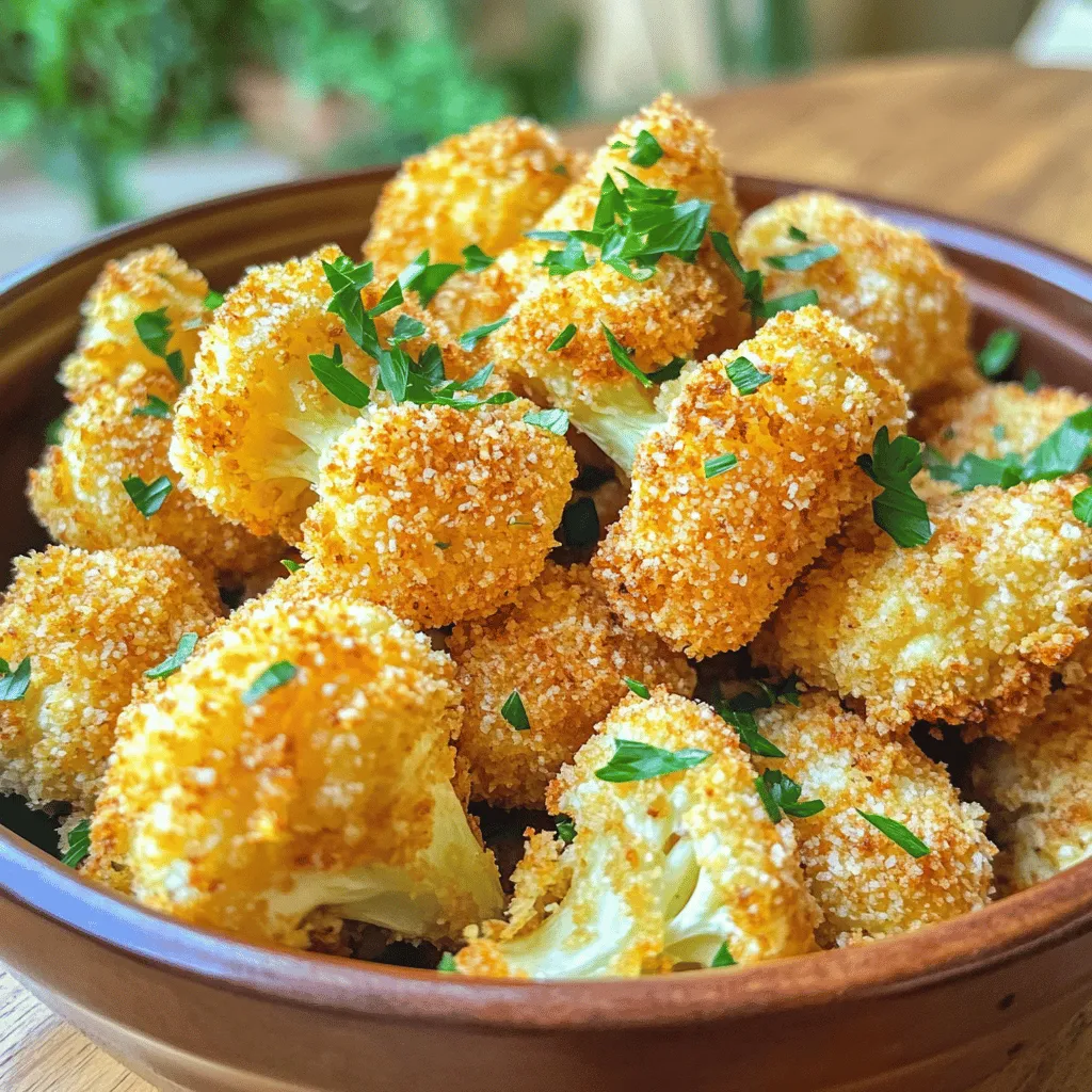 - 1 large head of cauliflower - 1/2 cup all-purpose flour - 1/2 cup milk (or plant-based alternative) - 1 teaspoon garlic powder - 1 teaspoon paprika - 1/2 teaspoon sea salt - 1/4 teaspoon freshly ground black pepper - Fresh parsley, chopped To make Air Fryer Cauliflower, you need some key ingredients. Start with a large head of cauliflower. Cut it into bite-sized florets. This makes it easy to eat and helps it cook evenly. You also need flour and milk. The flour gives a nice coating, while the milk helps the batter stick. Next, let’s talk about seasonings. Garlic powder adds great flavor. Paprika gives it a nice color and a bit of heat. Sea salt enhances all the flavors. Black pepper adds a touch of warmth. These seasonings make your cauliflower bites taste amazing. Want to make it look good? Use fresh parsley as a garnish. It adds color and a fresh taste. For the full recipe, visit the detailed guide. You’ll find all the steps to create this tasty dish. - Preheat the air fryer to 400°F (200°C). - In a large mixing bowl, whisk together the flour, garlic powder, paprika, sea salt, and black pepper thoroughly. - Gradually pour the milk into the flour mixture. Whisk until smooth. It should look like pancake batter. - Transfer the breadcrumbs to a separate shallow bowl for easy coating. - Take each cauliflower floret and dip it in the batter. Let any extra drip off. Then, coat it in the breadcrumbs. Press lightly to make sure they stick. - Arrange the coated florets in the air fryer basket. Make sure they do not touch each other. - Drizzle a tablespoon of olive oil over the florets for extra flavor. - Air fry the florets for 12-15 minutes. Shake the basket halfway through to help them cook evenly. - After cooking, carefully remove the cauliflower bites. Let them cool for a couple of minutes before serving. Enjoy your crispy bites! For full details on this recipe, check the Full Recipe. For the best crispiness, do not overcrowd the air fryer basket. Giving each floret space allows hot air to circulate. This helps them cook evenly. Also, shake the basket halfway through cooking. This action turns the florets and promotes even browning. Oven roasting cauliflower gives a different texture. It can be just as tasty, but takes longer. Preheat your oven to 425°F (220°C) and spread the florets on a baking sheet. Roast them for about 25-30 minutes. For stovetop sautéing, heat a pan over medium heat. Add a little oil and cook until golden brown. This method works well if you want a quick side dish. To elevate the flavor of your cauliflower, try adding spices. Some great options are cumin, chili powder, or even curry powder. These can add a nice kick. For dipping sauces, consider ranch dressing or spicy aioli. Both pair wonderfully with the crispy bites. If you want something light, a squeeze of lemon juice works too. {{image_4}} You can switch up the flavor of air fryer cauliflower bites in fun ways. Try buffalo-style bites for a spicy kick. Just toss the cooked cauliflower in buffalo sauce after air frying. This adds heat and tang. Another great option is parmesan and herb-coated cauliflower. Use grated parmesan cheese and mix in dried herbs like oregano or thyme. This will give your bites a savory, cheesy flavor. If you need gluten-free options, you can substitute the all-purpose flour. Almond flour or chickpea flour works great. Both provide a nice texture and taste. For those watching carbs, consider using crushed pork rinds instead of breadcrumbs. This creates a crispy coating without the extra carbs. These crispy bites pair well with many dips. Ranch dressing or blue cheese dressing makes a tasty match. You can also serve them with a fresh salad for a light meal. Use the cauliflower bites as a side dish or an appetizer. They are perfect for parties or family dinners. Enjoy them straight from the air fryer for the best taste. After enjoying your crispy air fryer cauliflower, store leftovers properly. Place the cooled cauliflower in an airtight container. This keeps it fresh and tasty. You can refrigerate it for up to three days. If you want to keep it longer, consider freezing. When it’s time to enjoy your leftovers, you have options. For best results, use an oven. Preheat the oven to 350°F (175°C). Place the cauliflower on a baking sheet and heat for about 10 minutes. This method restores its crispiness. You can also use a microwave, but the cauliflower may get soggy. If you prefer, air-fry your leftovers. Set your air fryer to 350°F (175°C) and cook for 5-7 minutes. This method revives flavor and crispness. To freeze your air fryer cauliflower bites, first cool them completely. Then, spread them in a single layer on a baking sheet. Freeze them for about an hour until solid. Once frozen, transfer them to a freezer-safe bag or container. This keeps them safe for up to three months. When you’re ready to eat, thaw the cauliflower in the fridge overnight. Reheat as mentioned above. Enjoy your delicious bites again! For the full recipe, check the details above. Yes, you can! You can use cornmeal, crushed nuts, or ground oats as coatings. Each option gives a different texture. Cornmeal adds a nice crunch. Crushed nuts give a nutty taste and great crunch. Ground oats create a wholesome flavor. You can also try a simple egg wash for a lighter option. The cooking time depends on the size of your florets. For bite-sized pieces, 12-15 minutes at 400°F (200°C) works best. If you cut them larger, it may take about 15-20 minutes. Always check for a crispy, golden finish to know they are done. Many sauces enhance the flavor. Here are some popular options: - Buffalo sauce: Spicy and tangy, great for heat lovers. - Ranch dressing: Creamy and cool, perfect for balancing spice. - Honey mustard: Sweet and tangy, adds a nice touch. - Garlic aioli: Rich and flavorful, a gourmet choice. You can easily make these sauces at home. Just mix your ingredients until smooth, and enjoy! Air fryer cauliflower is simple and fun to make. We covered the main ingredients, seasonings, and cooking methods. I shared tips for crispiness and flavor variations. You can adapt recipes for gluten-free or low-carb diets. Don’t forget the best ways to store and reheat leftovers. Enjoy exploring different dips and sauces to enhance your dish. Preparing this recipe opens up tasty options for meals or snacks. Try out your favorite variations, and trust that you will impress your friends and family. Happy cooking!