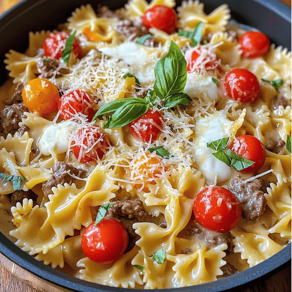 To make creamy beef and bowtie pasta, gather these items: - 12 oz bowtie pasta - 1 lb ground beef - 1 cup heavy cream - 1 cup beef broth - 1 cup cherry tomatoes, halved - 1 medium onion, finely chopped - 2 cloves garlic, minced - 1 tablespoon Italian seasoning - 1 teaspoon red pepper flakes (optional) - Salt and black pepper to taste - 1 cup freshly grated Parmesan cheese - Fresh basil leaves for garnish If you need to swap ingredients, here are some ideas: - Use whole wheat or gluten-free bowtie pasta for a healthier option. - Swap ground beef for turkey or chicken for a leaner dish. - You can replace heavy cream with half-and-half or coconut milk for a lighter sauce. - If you don't have cherry tomatoes, diced canned tomatoes work well too. Using fresh ingredients makes a big difference in flavor. Fresh tomatoes add sweetness and brightness. Fresh basil brings a lovely aroma. Good quality beef enhances the dish's richness. Always choose fresh over canned when possible. This decision elevates your meal and makes it more enjoyable. Plus, fresh ingredients are often more nutritious. So, don’t overlook their importance in your cooking! For the full recipe, you can refer to the earlier notes. Start by boiling a large pot of water. Add salt to the water for flavor. Once it boils, add the bowtie pasta. Cook it for about 8-10 minutes until it is al dente. Stir it occasionally to prevent sticking. After cooking, drain the pasta and set it aside. In a large skillet, heat it over medium heat. Add the ground beef and break it apart with a wooden spoon. Cook the beef until it turns brown. This should take about 5-7 minutes. Drain any extra fat to keep it from being greasy. Next, add the chopped onion and minced garlic to the skillet with the beef. Sauté for about 3-4 minutes until the onion is soft. Then, add the halved cherry tomatoes and cook for 2 more minutes. Pour in the beef broth and heavy cream. Bring the mixture to a gentle simmer. Stir in the Italian seasoning and red pepper flakes if you like spice. Season with salt and black pepper. Let it simmer for 5-7 minutes until the sauce thickens. Now, add the cooked bowtie pasta to the sauce in the skillet. Toss the pasta gently so each piece gets coated. Remove the skillet from heat and mix in the grated Parmesan cheese. Stir until the cheese melts and blends into the sauce. Taste and adjust seasoning if needed. Serve it warm, garnished with fresh basil leaves. Enjoy your creamy beef and bowtie pasta dish! For more details, check the Full Recipe. To get that silky smooth sauce, use heavy cream. It blends well with the beef broth. Make sure to simmer the sauce gently. If it boils too hard, it might separate. Stir often as it cooks. This keeps the sauce creamy and rich. Mixing in the Parmesan cheese at the end adds extra creaminess. It melts nicely and thickens the sauce. For a tasty boost, add some garlic and onion early on. They build a great base flavor. Cherry tomatoes add sweetness and color. Toss in red pepper flakes for heat if you like. Fresh basil at the end gives a bright taste. You can also try adding mushrooms or spinach for extra depth. Watch the heat when cooking the beef. Cooking too fast can lead to dry meat. Always drain excess fat to keep the dish light. When adding the pasta, coat it well in the sauce. If it seems too dry, add a splash of beef broth. Taste as you go! Adjust salt and pepper for the best flavor. This helps ensure your dish is perfect every time. For a complete guide, don’t forget to check out the Full Recipe. {{image_4}} You can lighten this dish while keeping it tasty. Swap ground beef for ground turkey or chicken. These options cut the fat but keep the flavor. Use low-fat cream or even Greek yogurt to reduce calories. This still gives a creamy feel without the heaviness. Boost nutrition by adding vegetables. Try bell peppers, spinach, or zucchini. Chop them small and add when you sauté the onions. This way, they cook down nicely and blend into the sauce. You’ll get extra color and crunch in every bite. Bowtie pasta is fun, but you can mix it up! Penne, fusilli, or rotini work well too. Each shape holds the sauce differently. Rotini grabs more sauce, while penne offers a hearty bite. Feel free to choose your favorite shape for a new twist on this creamy dish. For the full recipe, check out Bowtie Bliss: Creamy Beef Pasta. After enjoying your creamy beef and bowtie pasta, store any leftovers in an airtight container. This keeps the dish fresh for up to three days. Let the pasta cool down before sealing it. This way, it won't trap steam, which can make the pasta soggy. To reheat, you have a few options. The best way is to use the stove. Place the pasta in a skillet over low heat. Add a splash of beef broth or cream to keep it creamy. Stir often until heated through. You can also use a microwave. Just cover the dish and heat it in short bursts, stirring in between. If you want to save some for later, you can freeze the pasta. Use a freezer-safe container and leave some space at the top. The pasta will expand as it freezes. It can last up to three months. When you're ready to eat, thaw it in the fridge overnight. Then, reheat it on the stove as mentioned earlier. This way, your creamy beef and bowtie pasta stays tasty and fun! You can use whole milk or half-and-half. For a lighter option, try Greek yogurt. These swaps change the texture a bit but still taste great. If you're looking for a non-dairy choice, coconut cream works well too. Just remember, each substitute will change the flavor slightly. To add heat, mix in red pepper flakes. Start with one teaspoon and adjust based on your taste. You can also add diced jalapeños or hot sauce for an extra kick. Experiment with spices to find the perfect level of spice for you. Yes! Ground turkey or chicken are excellent choices. For a richer taste, try ground lamb. If you prefer beef chunks, cut them into small pieces and adjust cooking times. Each meat will create a unique flavor experience, so feel free to explore. For a vegetarian dish, swap the beef for mushrooms or lentils. Use vegetable broth instead of beef broth. Add extra veggies like bell peppers, zucchini, or spinach for more flavor. This version keeps the creamy texture while being plant-based. Check out the Full Recipe for more tips! This blog post covered the key ingredients and step-by-step instructions for a creamy pasta dish. We explored important substitutions and the value of fresh ingredients. I shared tips to enhance flavor and avoid common mistakes. Plus, we looked at healthy variations and proper storage methods. Remember, cooking is fun and personal, so make this dish your own. Enjoy the process, and don’t hesitate to get creative with your meals! Keep experimenting to find what you love most.