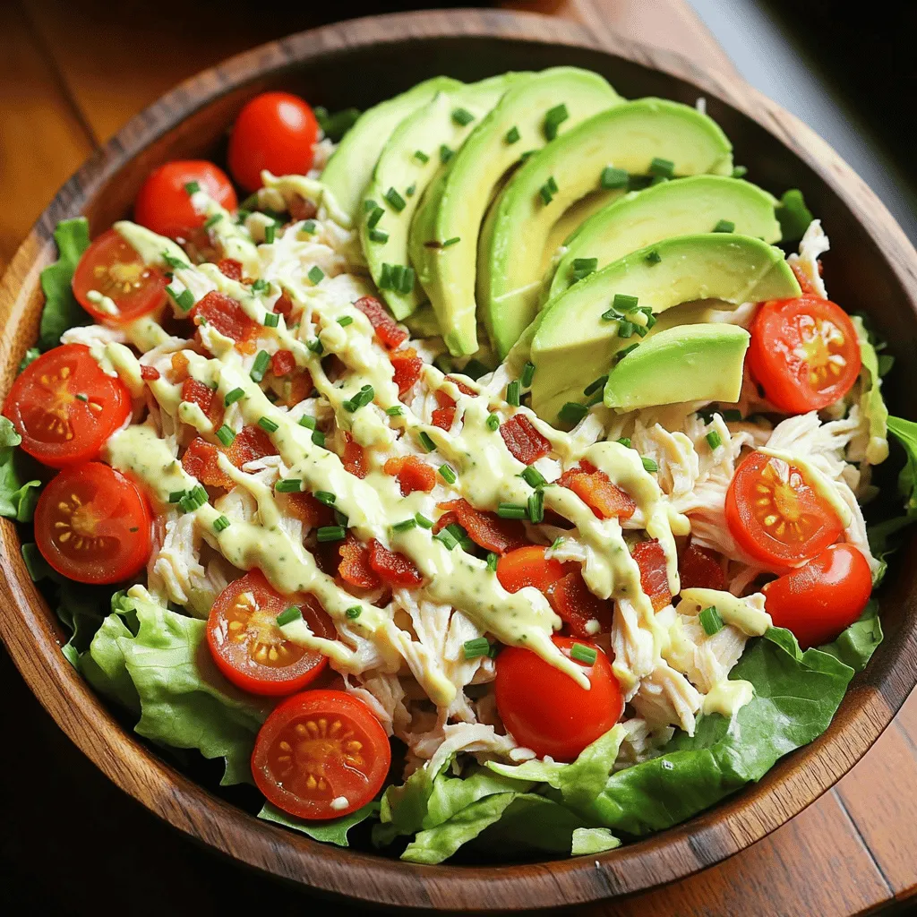 To make a tasty BLT chicken salad, you need the right ingredients. Here’s what you’ll need: - 2 cups cooked chicken breast, lightly shredded - 4 slices of crispy bacon, crumbled into small pieces - 2 cups cherry tomatoes, halved for a burst of sweetness - 1 cup romaine lettuce, chopped into bite-sized pieces - 1 cup creamy mayonnaise - 1 tablespoon Dijon mustard for a zesty kick - 1 teaspoon garlic powder to enhance flavors - Salt and freshly ground black pepper to taste - 1 tablespoon fresh chives, finely chopped (for garnish) Each ingredient plays a key role in flavor and texture. The chicken provides protein. Bacon adds crunch. Cherry tomatoes give sweetness. Romaine lettuce adds freshness. Mayonnaise creates creaminess. Dijon mustard adds zest. Garlic powder boosts flavor. Salt and pepper enhance everything. Chives add a fresh touch as a garnish. You can customize your BLT chicken salad with some optional add-ins. Try adding: - 1 avocado, diced for added creaminess - A sprinkle of cheese for extra richness - Some sliced cucumbers for a refreshing crunch - Chopped green onions for an extra oniony kick These extra ingredients let you play with flavors and textures. Each adds a unique twist to the dish, making it more exciting. Start by gathering all your ingredients for the BLT Chicken Salad. You will need cooked chicken, bacon, cherry tomatoes, and romaine lettuce. Make sure your chicken is shredded and your bacon is crispy. This recipe is simple and quick, making it perfect for a busy day. In a large mixing bowl, combine the shredded chicken, crumbled bacon, and halved cherry tomatoes. Use a spatula to mix them well. This blend gives you a great start. Next, add the chopped romaine lettuce. If you want, toss in diced avocado for creaminess. Gently fold the ingredients together. You want them mixed but not mushy! In a separate bowl, whisk together mayonnaise, Dijon mustard, and garlic powder. Add a pinch of salt and pepper. Whisk until the mix is smooth and creamy. This dressing adds a nice zesty kick to your salad. Once ready, drizzle it over the chicken mix. Stir gently to coat each piece well. Taste and adjust the seasoning if needed. Cover the bowl and let it chill for about 30 minutes. This helps the flavors come together nicely. For the final touch, garnish with fresh chives before you serve. Enjoy your BLT Chicken Salad! For the complete recipe, check out the Full Recipe. For the best chicken in your BLT Chicken Salad, use fresh, high-quality chicken breast. Cooking it on the grill adds a nice smoky taste. You can also poach the chicken for a juicy texture. Simply simmer it in salted water until fully cooked. Let the chicken cool before shredding it lightly. Shredded chicken blends well with other ingredients and soaks up flavors. Crispy bacon makes this salad delicious. Start with thick-cut bacon. Cook it in a skillet over medium heat. Watch it closely and flip it often. The bacon should sizzle loudly as it cooks. Once golden and crispy, place it on paper towels. This helps absorb excess grease. Crumble it into small pieces for easy mixing in the salad. Making this salad in advance is a great idea. Prepare the chicken and bacon a day before serving. Store them in the fridge. You can also mix the dressing ahead of time. Keep it separate until you're ready to serve. This way, all flavors blend nicely. Letting the salad chill for at least 30 minutes helps the tastes meld. For the best results, follow the full recipe. {{image_4}} You can switch up the dressing to keep things fun. Try ranch dressing for a creamy twist. A vinaigrette adds a tangy kick. You can mix olive oil, vinegar, and herbs for a fresh taste. Greek yogurt also works well if you want a lighter option. Each dressing changes the flavor, so choose what you love. Feel free to add more veggies to your salad. Cucumbers add crunch and freshness. Bell peppers bring sweetness and color. You can also toss in some radishes for a spicy bite. Carrots are great for extra crunch. Adding these veggies boosts nutrition and flavor, making your salad even better. If you want to mix up the protein, there are plenty of options. Grilled shrimp offers a tasty seafood twist. Turkey works well if you prefer a leaner meat. You can even use chickpeas for a vegetarian option. Each protein brings its own flavor and texture, giving you many choices. To store leftover BLT chicken salad, first let it cool. Place it in an airtight container. Make sure to seal it tightly to keep out air. You can also cover the bowl with plastic wrap if needed. This helps keep the salad fresh and tasty. The salad will stay good for about three days in the fridge. After three days, the flavors may change. If you see any signs of spoilage, like bad smells or changes in color, it's best to toss it out. To enjoy the salad at its best, try to eat it within two days. If you want to reheat the salad, think twice! It’s best served cold. Heating can make the bacon soggy and change the crispness of the veggies. If you prefer warm chicken, you can heat just the chicken separately. Add it to the salad right before serving for a nice touch. For a quick and tasty meal, check the Full Recipe for more tips! Yes, you can use leftover chicken. In fact, it's a great way to save time. Shredded rotisserie chicken works well too. Just make sure it's cooked and cooled before you add it to the salad. It will keep the salad fresh and tasty. Using leftovers also cuts down on food waste. I love serving this salad chilled. It makes a great main dish or side. You can use bowls or a large platter. Garnish it with fresh chives for color and flavor. Serve it with crusty bread or on a bed of greens. You can even stuff it into a sandwich or wrap for an easy meal. To make this recipe healthier, you can swap the mayo for Greek yogurt. It adds creaminess with less fat. You can also add more veggies like cucumber or bell peppers for crunch. Opt for turkey bacon instead of pork bacon for fewer calories. If you want to cut carbs, skip the bread and serve it in lettuce wraps. For the full recipe, check the details above. From choosing the right ingredients to storage tips, you have the tools to make a great BLT Chicken Salad. Blend the salad components with fresh dressing for a tasty dish. Remember, you can customize it with extra veggies or proteins for your liking. Follow these tips to ensure the best flavor. Enjoy making this dish again and again, whether for lunch or a family dinner. Keep this recipe handy for a quick and fulfilling meal option.