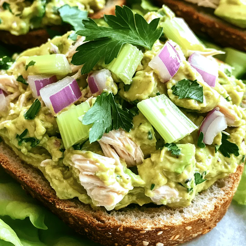- 2 cups cooked chicken breast, shredded - 1 ripe avocado, fully mashed - 1/2 cup plain Greek yogurt - 1 tablespoon Dijon mustard - 1 tablespoon fresh lemon juice - Salt and freshly ground black pepper - 1/4 cup red onion, finely diced - 1/4 cup celery, finely diced - Fresh parsley, chopped (for garnish) For this easy and healthy avocado chicken salad, I focus on fresh and simple ingredients. The protein comes from chicken, which you can cook ahead of time. I like to use rotisserie chicken for added flavor and ease. The avocado acts as the creamy base, reducing the need for mayo. It gives a rich taste and smooth texture. Plain Greek yogurt adds tang and helps keep the salad light and healthy. I love the flavor boost from Dijon mustard and lemon juice. They brighten up the dish and add a nice zing. For crunch, I add red onion and celery. They bring texture and a bit of sweetness. Fresh parsley not only enhances the look but also adds a fresh taste. When gathering your ingredients, make sure your avocado is ripe. A ripe avocado will be soft and easy to mash. This will help your salad turn out creamy. You can find the complete method in the Full Recipe. Enjoy the process of mixing and creating! - Start by mixing 2 cups of shredded chicken and 1 ripe avocado, fully mashed. Use a fork to blend them well. - Next, incorporate 1/2 cup of plain Greek yogurt, 1 tablespoon of Dijon mustard, and 1 tablespoon of fresh lemon juice. Stir until the mix turns creamy. - Gently fold in 1/4 cup of finely diced red onion and 1/4 cup of finely diced celery. This adds a nice crunch. - Taste your salad. Season it with salt and freshly ground black pepper to suit your liking. Give it another gentle stir. - Now, cover the bowl tightly with plastic wrap. Place it in the refrigerator for 30 minutes. This lets the flavors meld together. - For serving, scoop generous portions onto slices of whole-grain bread or spoon it into crisp lettuce cups. For a fresh twist, serve over mixed greens. - Don’t forget to sprinkle freshly chopped parsley on top for flavor and a pop of color. This easy and healthy avocado chicken salad is a delight that you can enjoy any time! For a detailed recipe, check the Full Recipe section above. To make your avocado chicken salad smooth, you need ripe avocados. A ripe avocado feels soft when you gently squeeze it. This ripeness gives the salad a creamy texture. Mix the avocado well with the chicken. Use a fork to mash it fully and avoid chunks. This step is key for a delightful bite. You can change the flavor of your salad easily. Adjust the amount of Dijon mustard based on your taste. Want it spicy? Add more mustard! You can also try different herbs. Fresh dill or basil can add a unique twist. This way, your salad can change each time you make it. Chilling your salad is very important. Allow at least 30 minutes in the fridge. This cooling time lets all the flavors blend. Cover your bowl tightly with plastic wrap. This prevents browning and keeps the salad fresh. Enjoy the rich taste that develops while it cools! {{image_4}} You can make this salad lighter. Swap regular Greek yogurt for low-fat Greek yogurt. This change cuts fat but keeps taste. If you want a vegetarian dish, use chickpeas instead of chicken. Just mash them lightly and mix as you would with chicken. To spice things up, add diced jalapeños. This will give your salad a nice kick. If you prefer something sweet, try diced apples. The apples add a crisp texture and a hint of sweetness that balances the creaminess. You have many options for serving this salad. Try it on whole-grain wraps for a tasty lunch. You can also spoon it into lettuce wraps for a low-carb meal. For a complete dish, pair it with a side of fresh fruit. The sweetness of the fruit complements the salad well. Store your avocado chicken salad in an airtight container in the refrigerator. This helps keep it fresh and tasty. Try to consume it within 2-3 days for the best flavor and texture. If you want to save some for later, you can freeze the salad. It stays good for up to 1 month. Just remember to thaw it in the refrigerator before serving. This keeps the taste nice and fresh. To keep your avocado looking vibrant, add a bit of lemon juice. This simple step helps prevent browning. Also, make sure to seal the container tightly. This minimizes air exposure and keeps your salad looking great. For the full recipe, check out the detailed steps above. Enjoy your cooking! Typically, avocado chicken salad lasts 2-3 days if stored properly. To keep it fresh, place it in an airtight container. This helps lock in flavors and keeps it safe to eat. Yes, you can prepare this salad a day in advance for flavor enhancement. It tastes even better after resting! However, add the avocado right before serving. This step prevents the avocado from browning and keeps your salad looking fresh. Avocado chicken salad pairs well with whole-grain bread, lettuce wraps, or fresh veggies. You can create a light meal by serving it with crunchy carrot sticks or cucumber slices. This adds texture and makes your meal more colorful. To make your avocado chicken salad creamy, use fully ripe avocados and plain Greek yogurt. The ripe avocado blends smoothly, and the Greek yogurt adds extra creaminess without excess fat. This combo gives you the perfect texture for your salad. This blog post shared a simple and tasty avocado chicken salad recipe. You learned about essential ingredients, like shredded chicken and ripe avocado, and how to mix them for a creamy base. I also discussed tips for texture, flavor options, and storage methods. Overall, this salad is not only quick to prepare but also adaptable for your tastes. Enjoy making this healthy meal that suits any occasion!