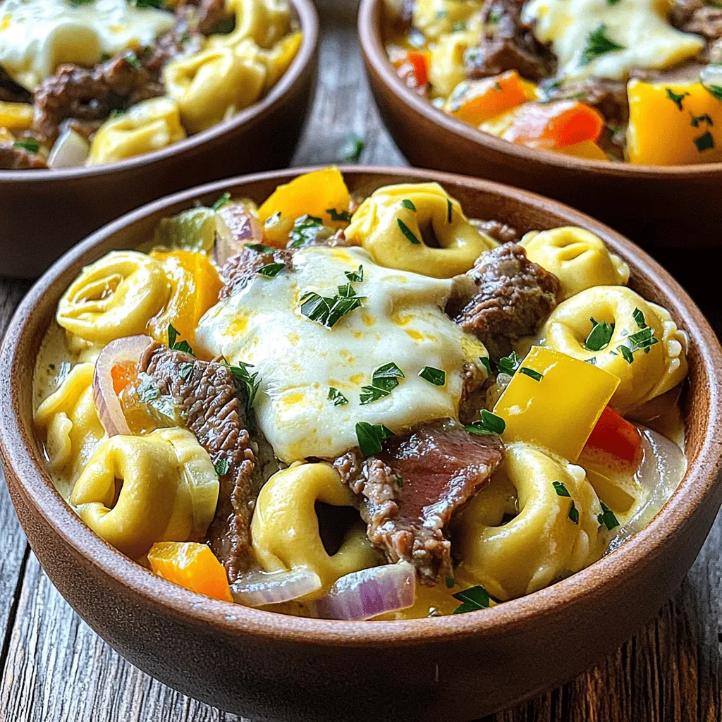 To create a mouth-watering cheesesteak tortellini, you'll need: - 12 ounces cheese tortellini (fresh or frozen) - 1 pound ribeye steak, thinly sliced against the grain - 1 medium onion, sliced into thin rings - 1 medium bell pepper (any color), sliced into thin strips - 2 cloves garlic, minced - 1 cup provolone cheese, shredded - 2 tablespoons olive oil, divided - 1 tablespoon Worcestershire sauce - Salt and pepper to taste - Fresh parsley, finely chopped (for garnish) Each ingredient plays a key role. The cheese tortellini provides a creamy base. The ribeye steak gives a hearty flavor, while the onion and bell pepper add sweetness. Garlic brings depth, and provolone cheese melts beautifully, tying everything together. Don’t forget the Worcestershire sauce; it adds a savory kick. The salt and pepper boost all the flavors, and fresh parsley brightens the dish. This combination creates a comforting meal that warms the heart and satisfies the taste buds. For the full recipe, check out the Cheesesteak Tortellini Delight. To cook the tortellini, start by boiling water in a large pot. Add a good amount of salt to the water. When it boils, add the cheese tortellini. If you use fresh tortellini, cook it for about 3-5 minutes. For frozen, cook for 5-7 minutes. When they are tender, drain the tortellini and set them aside. In a large skillet, heat 1 tablespoon of olive oil over medium heat. Once the oil is hot, add the sliced onions and bell peppers. Cook these for about 5-7 minutes until the onions are see-through and the bell peppers are soft. Add minced garlic and cook for another minute. This makes the veggies smell great! After cooking, take the veggies out of the skillet and set them aside in a bowl. Without cleaning the skillet, add the other tablespoon of olive oil. Heat it on medium-high. When the oil is hot, add the thinly sliced ribeye steak. Spread it evenly in the pan. Season it with salt, pepper, and Worcestershire sauce. Cook for 3-4 minutes, stirring often. You want the steak to turn brown and be fully cooked. Aim for medium doneness for a tender bite. Now, put the sautéed vegetables back into the skillet with the cooked steak. Next, add the drained tortellini. Gently toss everything together until it is well mixed. Keep cooking for another 2-3 minutes until it is all hot. Finally, take the skillet off the heat. Sprinkle the shredded provolone cheese over the top of the tortellini and steak mix. Cover the skillet with a lid for about 2 minutes. This helps the cheese melt nicely. The melted cheese will blend into the dish, making it creamy and delicious. You can find the full recipe for Cheesesteak Tortellini Delight above. Enjoy your cooking adventure! To make sure your steak is tender, use ribeye. This cut has great flavor and stays juicy. Slice the steak thin against the grain. This helps break down tough fibers. Cook it on high heat for a short time. This keeps it juicy and flavorful. To avoid mushy tortellini, keep an eye on the cooking time. Follow the package instructions closely. Fresh tortellini cooks fast, usually in 3-5 minutes. Frozen tortellini takes a bit longer. Drain them right away to stop the cooking. Toss them gently with olive oil to keep them from sticking. If you want to prepare ahead, cook the steak and veggies first. You can store them in the fridge. Cook the tortellini fresh just before serving. This keeps them from getting too soft. For reheating, use a skillet over low heat. Add a splash of water or broth to help with steam. Cover the skillet to keep moisture in. Stir gently to avoid breaking the tortellini. Always check the temperature before serving. To make your cheesesteak tortellini look great, use wide bowls. This allows the dish to spread out nicely. Sprinkle fresh parsley on top for a pop of color. You can also drizzle a bit of olive oil for shine. For extra flavor, add crushed red pepper flakes. This gives a fun kick. You can even top with extra cheese before serving. This will melt slightly and look inviting. Enjoy making your dish not just tasty, but also beautiful! {{image_4}} You can easily change the protein in this dish. If you want a lighter option, try chicken or turkey. For a vegetarian twist, use mushrooms or tempeh. These swaps still keep the flavors strong and tasty. You can also swap the cheese. While provolone is great, try mozzarella or gouda. Both add a unique twist. If you're dairy-free, use a vegan cheese that melts well. You can also change up the veggies. Zucchini or spinach work well in this dish. To take your cheesesteak tortellini to the next level, add spices. A pinch of smoked paprika or cayenne pepper adds warmth. Fresh herbs like basil or thyme can brighten the dish. Mix them in while cooking for extra flavor. Different sauces can also change the taste. Instead of Worcestershire, try soy sauce for a salty kick. A splash of balsamic glaze can add sweetness, too. Each choice brings a new vibe to this comfort food. Pair your cheesesteak tortellini with side dishes that complement its rich flavors. A simple green salad adds a fresh crunch. Roasted vegetables or garlic bread can enhance the meal nicely. When it comes to drinks, think about a chilled lemonade or iced tea. Both provide a refreshing contrast to the warm, cheesy dish. For a cozy vibe, a light red wine also works well. For the full recipe, check out Cheesesteak Tortellini Delight. Enjoy making this delicious meal! To keep your cheesesteak tortellini fresh, store it in an airtight container. Make sure to let it cool down first. Place it in the fridge for up to three days. If you want to save it longer, freeze it. Divide the dish into portions, then wrap them tightly in plastic wrap. Place the wrapped portions in a freezer-safe bag. This helps prevent freezer burn. You can keep it in the freezer for about three months. When you are ready to enjoy your leftovers, there are a few great ways to reheat. The best method is using the stove. Place the tortellini in a skillet over medium heat. Add a splash of water or broth to keep it moist. Stir gently until it warms up. This helps keep the flavor rich. You can also use the microwave if you’re in a hurry. Place the tortellini in a microwave-safe bowl. Cover it with a damp paper towel. Heat in short bursts to avoid overcooking. Stop to stir every minute until it is warm. Both methods help maintain the dish's yummy texture and flavor. Enjoy your tasty cheesesteak tortellini again! Cheesesteak tortellini is a fun twist on the classic cheesesteak. It combines stuffed pasta with steak and cheese. This dish blends Italian and American flavors. Originating from the need for comfort food, it quickly became a favorite. You get the rich taste of a cheesesteak in every bite. The creaminess of the cheese pairs well with the savory steak. It’s a great meal for busy nights or gatherings. Yes, you can use various pasta types! If you want a different shape, try penne or rigatoni. Both hold sauces well and add a unique look. You could even use gluten-free pasta for a healthier option. Just make sure to adjust the cooking time based on the pasta type. The key is to keep that cheesy, meaty filling intact! To make cheesesteak tortellini vegetarian, swap the steak for mushrooms or tofu. Both options absorb flavors well and add texture. You can also use black beans or lentils for a protein boost. For the cheese, try a plant-based option or leave it out entirely. This way, you still enjoy a hearty meal with great taste. Many restaurants offer their take on cheesesteak tortellini. Look for Italian-American spots or gastropubs in your area. These places often serve creative fusion dishes. If you want quality versions, check reviews online or ask locals. You may discover hidden gems that serve this delightful dish. Enjoy tasting different styles and flavors! This blog post covered how to make a delicious cheesesteak tortellini dish from start to finish. You learned about the ingredients, cooking methods, and tips for the best flavors. Remember, the right steak, fresh tortellini, and a good cheese melt make a big difference. Don't hesitate to try variations or serve it with sides you enjoy. With the skills shared here, you can impress anyone with this tasty meal. Happy cooking!