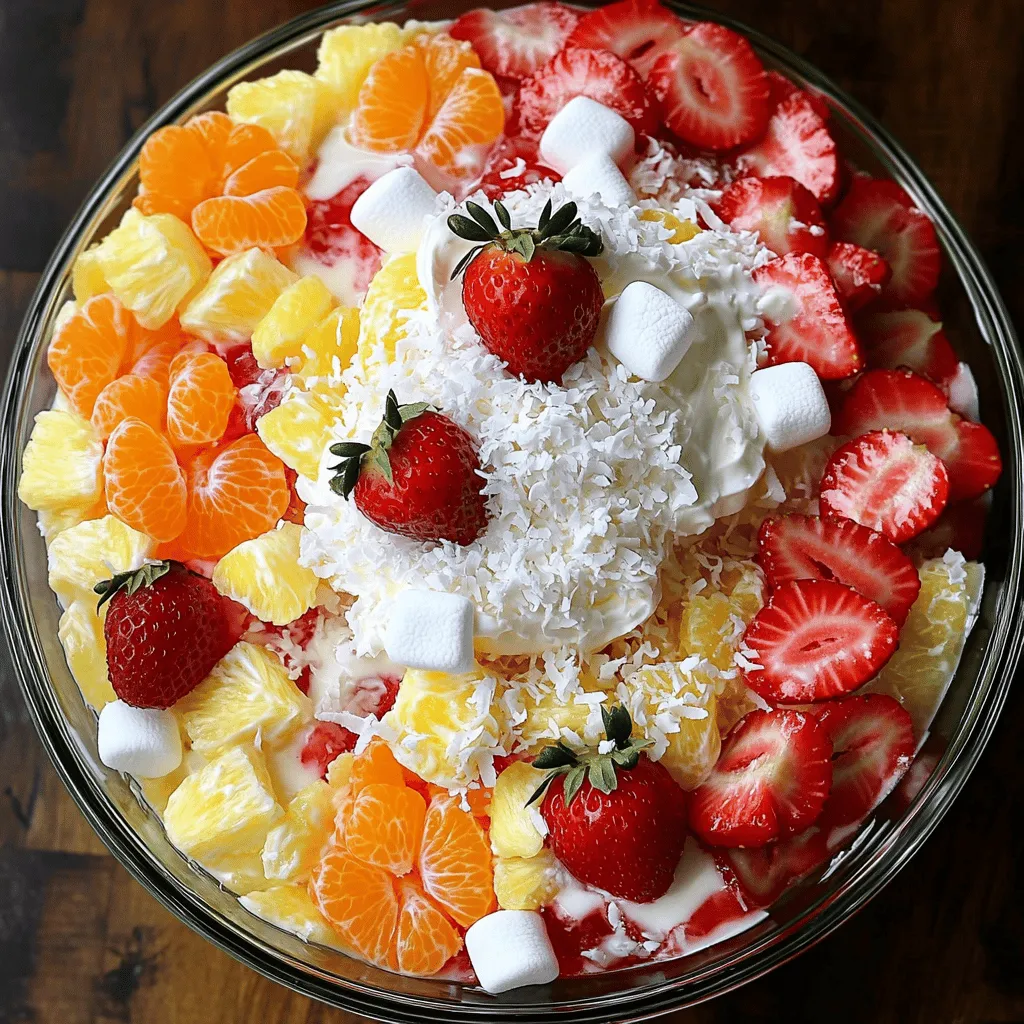 - Mini Marshmallows - Shredded Coconut - Canned Mandarin Oranges - Canned Pineapple Tidbits - Fresh Strawberries - Chopped Walnuts or Pecans - Whipped Cream or Cool Whip - Optional Honey and Vanilla Extract To make Ambrosia Salad, you need simple, fresh, and sweet ingredients. First, gather mini marshmallows for that soft texture. Next, grab shredded coconut to add a tropical flair. You will also need canned mandarin oranges and canned pineapple tidbits; these fruits bring a juicy burst of flavor. Fresh strawberries are a must. They add a bright color and taste. For a crunchy element, choose either chopped walnuts or pecans. Lastly, don’t forget the whipped cream or Cool Whip for creaminess. If you want a touch of extra sweetness, you can add honey and a hint of vanilla extract. With these ingredients, you can create a tasty and refreshing dish that everyone will love. Check out the Full Recipe for specific amounts and detailed steps! - Combine the Ingredients Start with a large mixing bowl. Add the mini marshmallows, shredded coconut, mandarin oranges, pineapple tidbits, and sliced strawberries. Use a spatula to mix gently. You want everything combined without breaking the fruit. - Fold in Nuts Next, take your chopped walnuts or pecans. Gently fold them into the fruit mixture. This adds a nice crunch and extra flavor. Make sure they are evenly spread throughout the salad. - Prepare the Creamy Mixture In a separate bowl, whip together the whipped cream or Cool Whip. If you want, add honey and vanilla extract for added sweetness and flavor. Mix until smooth and creamy. - Mix and Chill Now, carefully fold the creamy mixture into the fruit and nut blend. Make sure everything is coated well but keep the texture light. Cover the bowl tightly with plastic wrap and refrigerate for at least 1 hour. This time helps the flavors blend nicely. - Serve and Enjoy When you're ready to serve, stir the salad gently to refresh it. You can adjust the sweetness with more honey if you like. Serve in a large glass bowl to show off the vibrant colors. Enjoy every delightful bite of your Ambrosia Salad! How to Properly Drain Canned Fruits To drain canned fruits, open the can and pour the contents into a colander. Let the fruit sit for a few minutes. This helps remove excess syrup. Gently shake the colander to ensure all syrup drains out. Properly drained fruit keeps your salad from becoming soggy. Tips for Chopping Nuts Use a sharp knife for chopping nuts. Place nuts on a cutting board and chop them into smaller pieces. You can also pulse them in a food processor. Just be careful not to turn them into dust. Chopped nuts add crunch and flavor to your Ambrosia Salad. Using Fresh vs. Canned Fruits Fresh fruits can add more flavor and nutrition. Strawberries and oranges taste brighter when fresh. However, canned fruits are convenient and sweet. If you choose canned, make sure they are packed in juice or water, not syrup. This keeps your salad light and refreshing. Serving in Glass Bowls Use a clear glass bowl to serve your Ambrosia Salad. The layers of fruit and cream look stunning in glass. It highlights the vibrant colors, making the dish inviting. You can also use individual cups for a fun twist at parties. Garnishing Techniques Garnish your salad with a sprinkle of shredded coconut. Add a few whole strawberries on top for a pop of color. Fresh mint leaves can also add a nice touch. These simple garnishes make your salad look even more appealing and delicious. {{image_4}} You can change up the fruit in Ambrosia Salad. Try using different fruit combinations. This keeps each salad unique and fun. You might like berries, apples, or even peaches. Each fruit adds its own taste. Seasonal fruits can bring freshness to your dish. In spring, use fresh strawberries and cherries. In summer, add peaches and watermelon. Fall brings apples and pears. Winter can feature citrus fruits like oranges and grapefruits. Using seasonal fruits makes your salad vibrant and tasty. Switching toppings can change the whole dish. Greek yogurt or sour cream can be a nice twist. They add creaminess and a tangy flavor. They also make the salad a bit healthier. You can also try other nut options. Instead of walnuts or pecans, use almonds or cashews. Each nut has a unique taste and crunch. This small change can make your Ambrosia Salad special. For the full recipe, check out the recipe section above. To keep your ambrosia salad fresh, use an airtight container. Glass or plastic containers are great options. This helps preserve the flavors and textures. Always cover the salad tightly. It is best to store ambrosia salad in the fridge. - Recommended Storage Containers: Use glass or plastic containers with tight lids. - Best Practices for Keeping Freshness: Keep the salad in the fridge and avoid leaving it out for long. You usually don’t need to reheat ambrosia salad. It’s best served cold. If you find leftovers, give them a quick refresh. Stir the salad gently to mix the ingredients again. This helps restore the creamy texture. - Tips for Refreshing Leftovers: Add a bit more whipped cream to enhance creaminess. A touch of honey can boost sweetness too. Enjoy your ambrosia salad cold for the best taste! What is Ambrosia Salad made of? Ambrosia Salad is a fun mix of sweet and fruity flavors. It includes: - Mini marshmallows - Shredded coconut - Canned mandarin oranges - Canned pineapple tidbits - Fresh strawberries - Chopped walnuts or pecans - Whipped cream or Cool Whip - Optional honey and vanilla extract This blend gives the salad a creamy and crunchy texture, making it a delightful treat. Can I make Ambrosia Salad ahead of time? Yes, you can make Ambrosia Salad ahead of time. In fact, chilling it for a few hours or overnight helps the flavors blend better. Just cover it tightly with plastic wrap. This way, you save time on the day of your event. Is Ambrosia Salad healthy? Ambrosia Salad can be a mix of healthy and sweet. It has fruits that provide vitamins, but it also includes sugar and cream. You can make it healthier by using Greek yogurt instead of whipped cream. You can also add more fresh fruits to boost its health benefits. What is the history of Ambrosia Salad? Ambrosia Salad has roots in the Southern United States. It dates back to the 19th century. The name "ambrosia" means food of the gods in Greek. This dish reflects a combination of flavors and textures that feel divine. It has become a popular dish for holidays and potlucks, bringing joy to many tables. You can find the Full Recipe to create your own Ambrosia Salad and enjoy this classic dish! In this post, we covered how to make a tasty Ambrosia Salad using fresh and canned fruits. You learned about key ingredients and easy steps for preparation. We also shared helpful tips for storage and presentation. Remember, this salad is fun to make and can have many variations. You can use different fruits and toppings to fit your taste. Now, go ahead and try making your own Ambrosia Salad. Enjoy the blend of flavors and colors that this dish brings to your table!