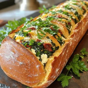To make this dish, you need some great ingredients. Every item adds a special touch. Here’s what you will need: - 1 large French baguette - 1 cup fresh spinach, roughly chopped - 1 cup feta cheese, crumbled - 1/2 cup cream cheese, softened - 1/4 cup sun-dried tomatoes, finely chopped - 1 clove garlic, minced - 1/4 teaspoon red pepper flakes (optional) - 2 tablespoons olive oil - Salt and pepper to taste - 1/4 cup grated Parmesan cheese - Fresh parsley for garnish Each of these ingredients plays a role in building flavor. The fresh spinach adds a nice crunch. Feta cheese gives a tangy taste that pairs well with cream cheese's smoothness. Sun-dried tomatoes bring a hint of sweetness. You can also add red pepper flakes if you like some heat. I always use the best quality ingredients. This makes a big difference in taste. Fresh spinach should be vibrant green. Feta cheese should be crumbly and creamy. Using a good olive oil enhances the overall flavor. Trust me, it is worth it! You can find the full recipe to guide you through the steps to create this irresistible delight. 1. Preheating the Oven Start by setting your oven to 350°F (175°C). This gets it ready for baking. 2. Sautéing Garlic and Spinach In a medium skillet, heat 2 tablespoons of olive oil over medium heat. Add 1 clove of minced garlic and sauté for about 1 minute. This brings out the great garlic flavor. Next, toss in 1 cup of roughly chopped fresh spinach and 1/4 cup of finely chopped sun-dried tomatoes. Cook for 2-3 minutes, stirring often. The spinach should wilt and become tender. Season with salt, pepper, and optional red pepper flakes for a bit of heat. Remove the skillet from heat and let it cool down. 3. Mixing the Cheesy Filling In a large mixing bowl, combine the cooled spinach mix with 1 cup of crumbled feta cheese and 1/2 cup of softened cream cheese. Use a fork to mix everything together until it's well blended. 1. Preparing the Baguette Take a sharp bread knife and carefully slice a large French baguette in half lengthwise. Make sure not to cut all the way through. This way, the baguette opens like a book. 2. Stuffing the Baguette Spoon the creamy spinach and cheese filling into the hollowed-out center of the baguette. Use a spatula to spread the filling evenly between both halves. 1. Wrapping and Baking Wrap each half of the stuffed baguette in aluminum foil. Place them on a baking sheet for easy handling. Put the baking sheet in the preheated oven and bake for 15-20 minutes. The bread should warm up and the cheese should begin to melt. 2. Crisping the Topping After baking, carefully unwrap the foil. Return the baguette to the oven for an additional 5 minutes. This helps the top get a nice, crispy texture. 3. Serving Suggestions Once out of the oven, let the baguette cool for a minute. Then, slice it into pieces for serving. Garnish with freshly chopped parsley for a nice touch. This dish pairs well with a light salad or some extra sun-dried tomatoes on the side. Enjoy your feta spinach stuffed French bread! For the full recipe, check out the detailed instructions. - Recommended Seasonings: To boost flavor, use garlic and red pepper flakes. Fresh herbs like basil or oregano also add great taste. A dash of lemon zest brightens the mix. - Customizing Spice Levels: If you prefer more heat, add extra red pepper flakes. For a milder dish, skip them altogether. Taste as you go to find your perfect balance! - The Best Baking Practices: Preheat your oven to 350°F (175°C) for even baking. Wrap the baguette in foil to keep it soft. Unwrap it near the end to crisp the crust. - Ensuring Even Melting of Cheese: Spread the filling evenly to ensure all cheese melts well. Mixing the cream cheese with feta helps it melt uniformly. - Pairing Ideas: Serve this dish with a light salad or extra sun-dried tomatoes. A glass of white wine complements the flavors nicely. - Presentation Tips: Slice the baguette into portions and place it on a wooden board. Garnish with chopped parsley for a pop of color. This makes for a beautiful and appetizing display. Explore the [Full Recipe] for more details on making this delicious dish! {{image_4}} You can change up the cheese in this recipe. Goat cheese gives a nice tang. It melts well and adds creaminess. You could also try ricotta for a lighter taste. Fresh herbs can boost flavor too. Try adding fresh basil or dill. They brighten the dish and add a nice twist. Want to make this dish heartier? You can add meat. Chicken or bacon works great. Cook the chicken first and chop it up. Crispy bacon bits add a smoky flavor. You can also add more veggies. Peppers and mushrooms mix well with spinach. They add texture and extra nutrition. If you need a gluten-free option, use gluten-free baguettes. Many stores offer these now. Just remember to check the label. For a vegan version, swap out the cheeses for vegan options. Nutritional yeast adds a cheesy flavor without dairy. Use vegan cream cheese as well. This way, everyone can enjoy this tasty dish. For the full recipe, check out the details above and get cooking! - Refrigeration Tips: Place any leftover stuffed French bread in an airtight container. Keep it in the fridge for up to three days. Always let it cool before storing. This keeps the bread fresh and tasty. - Freezing Instructions: For longer storage, wrap the stuffed baguette tightly in plastic wrap and then in aluminum foil. It can freeze for up to three months. Label it with the date so you know when to use it. - Oven vs. Microwave: The oven is best for reheating. Preheat it to 350°F (175°C). Place the stuffed bread on a baking sheet and cover it with foil to prevent drying. Bake for about 10-15 minutes. The microwave works in a pinch, but it can make the bread soggy. - Tips for Retaining Crispiness: If using the microwave, heat in short bursts and check often. To keep the bread crispy, place it on a plate with a paper towel beneath it. This will absorb some moisture. Enjoy your Feta Spinach Stuffed French Bread as if it’s fresh out of the oven! For the full recipe, check out the details above. Yes, you can make this dish ahead! It’s a great option for busy days. To prepare ahead, follow these steps: - Prepare the filling: Sauté the spinach and garlic as shown in the recipe. Mix in the cheeses and sun-dried tomatoes. - Stuff the baguette: Cut and fill the baguette as directed. - Wrap the baguette: Cover it tightly in foil. - Refrigerate: Store it in the fridge for up to a day. When you're ready to bake, just preheat your oven and follow the baking instructions from the recipe. This method saves time and keeps flavors fresh. First-time cooks may make a few errors. Here are some tips to help: - Don’t overstuff: Leave some space for the filling to expand. Too much filling can make it hard to close the baguette. - Watch the baking time: Baking too long can dry out the bread. Keep an eye on it, especially during the final crisping stage. - Use room temperature cheese: Cold cheese won’t blend well. Allow the cream cheese to soften before mixing. These tips help create a tasty and satisfying dish. You can easily swap some ingredients for healthier options. Here are some ideas: - Use low-fat cheese: Choose low-fat feta and cream cheese to cut calories. - Add more veggies: Include extra spinach or other greens for more nutrients. - Replace the baguette: Try whole grain bread for added fiber. With these changes, you can enjoy a lighter version of feta spinach stuffed French bread without losing flavor. This blog post gave you all the details to make delicious Feta Spinach Stuffed French Bread. You learned about the ingredients, the step-by-step process, and tips for perfecting it. Remember, you can adjust flavors and even turn it gluten-free or vegan. Don’t forget to enjoy every bite, and store your leftovers properly. With these tips, you can impress anyone at your next meal. Happy cooking!