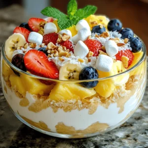 This pudding fruit salad combines creamy pudding with fresh, colorful fruits. It’s a fun dish that everyone loves. This recipe serves six and takes only 15 minutes to prep. You can chill it while you wait to serve. - 1 cup vanilla pudding mix - 2 cups whole milk - 2 ripe bananas, sliced into coins - 1 cup strawberries, hulls removed and cut in half - 1 cup fresh blueberries - 1 cup pineapple chunks, either fresh or canned - 1 cup mini marshmallows - ½ cup sweetened shredded coconut (optional) - ¼ cup crushed nuts, like walnuts or pecans - Fresh mint leaves for an aromatic garnish You can change the fruits in this salad based on your favorite flavors. Try using mango, peaches, or even kiwi. For a twist, swap the vanilla pudding for chocolate or butterscotch. If you want a nut-free version, leave out the nuts. Adding a splash of orange juice can brighten the taste. You can even use yogurt instead of pudding for a tangy kick. The options are endless, so feel free to get creative! To start, you need to prepare the pudding. In a medium bowl, place the vanilla pudding mix. Pour in 2 cups of whole milk. Use a whisk to blend these two ingredients until smooth. You want it to be creamy and thick. Let it sit for about 5 minutes. This allows the pudding to thicken up nicely. Now it's time to mix the fruits. In a large bowl, add the sliced bananas, halved strawberries, blueberries, and pineapple chunks. Use a spatula to gently mix everything together. Be careful not to mash the fruit. You want each piece to stay whole for a great texture. Next, pour the thickened pudding over the fruit. Gently fold the pudding into the fruit. Make sure all the fruits get a nice coating. Add in the mini marshmallows, shredded coconut, and crushed nuts if you choose to use them. Stir carefully to mix everything without crushing the fruit. Cover the bowl tightly with plastic wrap or a lid. Place the bowl in the fridge. Chill it for at least 1 hour. This helps all the flavors blend. Just before serving, give it a light stir. Transfer it to a serving bowl or cups. Add fresh mint leaves on top for a lovely finish. Enjoy this tasty treat! For the full recipe, check the detailed instructions above. When selecting fruits for your pudding fruit salad, freshness is key. Look for fruits that are ripe but firm. Here are some tips: - Choose bananas that are yellow with a few brown spots. - Pick strawberries that are bright red with fresh green tops. - Select blueberries that are plump and dark blue. - Opt for pineapple that smells sweet and is slightly soft to touch. Fresh fruits not only taste better, but they also add color and texture to the dish. For a delightful mix, use a variety of colors and shapes. To get the right texture in your pudding fruit salad, follow these steps: 1. Whisk the pudding mix and milk for a smooth base. 2. Let the mixture rest for about 5 minutes. This helps it thicken. 3. Gently fold the pudding into the fruit. Avoid stirring too hard to keep the fruit intact. The pudding should coat the fruit without being too runny. This balance makes every bite creamy and fruity. Presentation can make your pudding fruit salad even more appealing. Here are some fun ideas: - Use clear glass bowls to show off the colorful layers. - Layer the fruits and pudding in parfait cups for a stunning effect. - Top with fresh mint leaves for a pop of green. - Add a sprinkle of nuts or coconut on top for extra crunch. These small details can turn a simple salad into an eye-catching dessert. Enjoy your beautiful creation! {{image_4}} You can switch fruits based on the season. In spring, use strawberries and peaches. In summer, try cherries and nectarines. Fall is great for apples and pears. Winter calls for citrus like oranges or grapefruits. Each swap keeps your pudding fruit salad fresh and exciting. You can change the pudding flavor to match your mood. Chocolate pudding adds a rich taste. Butterscotch brings a warm sweetness. Lemon pudding adds a zesty kick. Vanilla is classic and pairs well with any fruit. Experiment to find your favorite mix! If you need a dairy-free option, use almond or oat milk with dairy-free pudding mix. For nut-free needs, skip the nuts or use seeds like pumpkin or sunflower seeds. You can also replace shredded coconut with extra fruit. These changes keep the salad tasty for everyone! For the full recipe, check out the delightful pudding fruit salad section. To keep your pudding fruit salad fresh, store it in the fridge. Use an airtight container to prevent the salad from drying out. You can also cover the bowl tightly with plastic wrap. This helps keep the flavors locked in and stops the fruits from browning. Your pudding fruit salad will last about 3 to 5 days in the fridge. If you see any signs of spoilage, like a bad smell or slimy fruit, it’s best to toss it. To enjoy it at its best, eat it within the first couple of days after making it. Freezing pudding fruit salad is not recommended. The fruits can turn mushy when thawed. The creamy pudding may also separate, leading to an odd texture. If you want to make it ahead, keep the pudding and fruit separate. Mix them together just before serving for the best taste. Check out the Full Recipe for more tips! Yes, you can use many flavors of pudding. Chocolate, butterscotch, or even coconut can work well. Each flavor gives the salad a new twist. Experimenting with flavors can make your pudding fruit salad even more fun! To stop bananas from browning, sprinkle them with lemon juice. The citric acid in lemon juice slows down browning. You can also mix them in the salad right before serving. This keeps them fresh and bright! Yes, you can make this salad ahead of time. Just prepare it and chill it in the fridge. Making it a few hours before serving works great. Just remember to stir it gently before serving to mix everything well again. For the full recipe, check out the Delightful Pudding Fruit Salad. You learned how to make delicious pudding fruit salad. We covered the key ingredients and step-by-step instructions for a tasty treat. I shared tips for choosing the best fruit and ways to modify the recipe. Remember, you can swap ingredients and try new flavors. Proper storage helps your salad last longer. Enjoy making this simple dish with your favorite fruits. Have fun with it and share your creations!