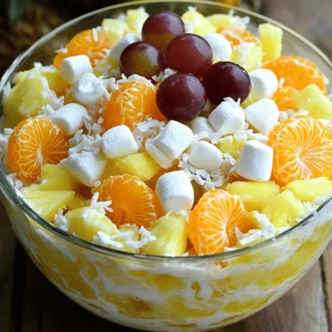 To make a Classic Ambrosia Salad, you will need: - 1 cup mini marshmallows - 1 cup diced fresh pineapple (with juice) - 1 cup mandarin oranges, drained - 1 cup sweetened shredded coconut - 1 cup halved grapes (mix red and green) - 1 cup sour cream (or Greek yogurt) - 2 tablespoons honey (optional) - 1/2 cup chopped pecans or walnuts (optional) You can change up the salad to suit your taste. Here are some ideas: - Add maraschino cherries for a pop of color. - Use different nuts like almonds for a unique twist. - Swap in fresh berries for a berry ambrosia. - Mix in a splash of orange juice for extra zest. If you need to make swaps, here are some options: - Use plain yogurt instead of sour cream for a lighter dish. - Try coconut yogurt for a dairy-free option. - Substitute fresh fruit for canned fruit, but drain well. - Replace nuts with seeds for a nut-free salad. Classic Ambrosia Salad is fun and easy to make! You can find the Full Recipe for more details. Making Classic Ambrosia Salad is easy and fun. You can prepare this dish in under 15 minutes. Gather all your ingredients before you start. This will help you mix everything quickly. 1. Combine Ingredients: In a big bowl, mix together: - 1 cup mini marshmallows - 1 cup diced fresh pineapple (with juice) - 1 cup mandarin oranges, drained - 1 cup sweetened shredded coconut - 1 cup halved grapes Stir these ingredients gently so they blend well. 2. Make the Dressing: In a smaller bowl, whisk together: - 1 cup sour cream (or Greek yogurt) - 2 tablespoons honey (optional) Keep whisking until the mixture is smooth and creamy. 3. Combine Everything: Pour the creamy dressing over the fruit mixture. Use a spatula to fold the salad gently. This will coat all the fruits and marshmallows. 4. Add Nuts: If you want crunch, fold in: - 1/2 cup chopped pecans or walnuts Make sure the nuts are evenly spread throughout the salad. 5. Chill: Cover the bowl with plastic wrap. Refrigerate for at least 1 hour. This helps all the flavors mix. 6. Serve: When it’s time to eat, stir the salad gently. Serve it cold for the best taste! To ensure a great texture, don’t overmix when combining the fruit and dressing. This keeps the fruit intact and fresh. Use fresh, ripe fruit for the best flavor. If you like a creamier salad, add more sour cream. You can also add a little more honey if you want extra sweetness. To make your ambrosia salad shine, try adding a splash of lime juice. It gives a zesty kick. You can also mix in some maraschino cherries for a sweet pop of color. If you like a crunch, add some chopped nuts like pecans or walnuts. They bring a nice texture. Some people even add a dash of vanilla extract for extra flavor. Experiment and find what you enjoy most! Serve your ambrosia salad cold. Chilling the salad for at least one hour helps the flavors blend. It also makes the salad refreshing on warm days. If you prepare it ahead of time, keep it in the fridge until you are ready to serve. This keeps it crisp and tasty. Make your ambrosia salad look lovely by using a clear glass bowl. This shows off the colorful fruits inside. For a fun touch, sprinkle extra shredded coconut on top. You can also add whole grapes or cherries as a garnish. This makes your dish pop and makes it inviting for guests. A beautiful presentation can make any meal feel special. {{image_4}} You can give your ambrosia salad a fun twist. Add tropical fruits for a fresh taste. Try using diced mango, kiwi, or papaya. These fruits bring vibrant colors and flavors. You can also mix in some passion fruit for a tangy kick. This tropical version brightens up any table and makes it festive. Want a lighter version of ambrosia salad? Substitute Greek yogurt for sour cream to cut calories. You can use unsweetened coconut instead of sweetened to reduce sugar. Fresh fruits can replace canned fruits, which often have added syrup. If you want some crunch, consider almonds or sunflower seeds instead of nuts. These swaps keep the flavor but make it a bit healthier. Change your ambrosia salad with the seasons. In fall, add diced apples and pears for crunch. Sprinkle in some cinnamon for warmth. In winter, try pomegranate seeds for a pop of color and taste. For spring and summer, berries like strawberries and blueberries work great. Each season brings new flavors, keeping your salad exciting and fresh. For the full recipe, check out the Classic Ambrosia Salad. To keep your Classic Ambrosia Salad fresh, store it in an airtight container. Make sure the container seals well to keep air out. This helps keep the fruits fresh and the cream from spoiling. You can also cover the bowl tightly with plastic wrap. The salad stays good in the fridge for about 3 to 4 days. After this time, the fruit may start to get mushy. If you notice any off smells or colors, it’s best to toss it out. Always check for freshness before eating leftovers. I do not recommend freezing Ambrosia Salad. The fruit will lose its texture, and the cream will separate when thawed. This makes the salad watery and unappetizing. Enjoy it fresh instead! For the best taste, make it just before serving. For the full recipe, check the earlier section. Classic Ambrosia Salad has roots in the Southern United States. It began as a simple fruit salad. The name "ambrosia" refers to food of the gods in Greek mythology. This dish often features fruits like oranges, coconut, and marshmallows. Over time, it has become a popular side dish at picnics and holidays. Yes, you can make Classic Ambrosia Salad ahead of time. In fact, it tastes better after chilling. I recommend making it at least one hour before serving. This gives the flavors time to blend. Just keep it covered in the fridge. You can store it for up to three days. However, the fruit may release some juice over time. Classic Ambrosia Salad pairs well with many dishes. Try serving it alongside grilled meats or sandwiches. It also complements spicy foods nicely. For a festive meal, serve it with ham or turkey. If you're hosting a brunch, it goes well with breakfast items too. You can find the full recipe for this delightful salad here. This blog post covered everything you need for Classic Ambrosia Salad. We discussed the main and optional ingredients, how to mix them, and tips for perfect texture. You learned how to enhance flavor and present it beautifully. I shared variations to suit your taste and season. Finally, we looked at storage tips and answered common questions about the salad. Now you're ready to make and enjoy delicious Ambrosia Salad. Dive in and get creative with your own twist!