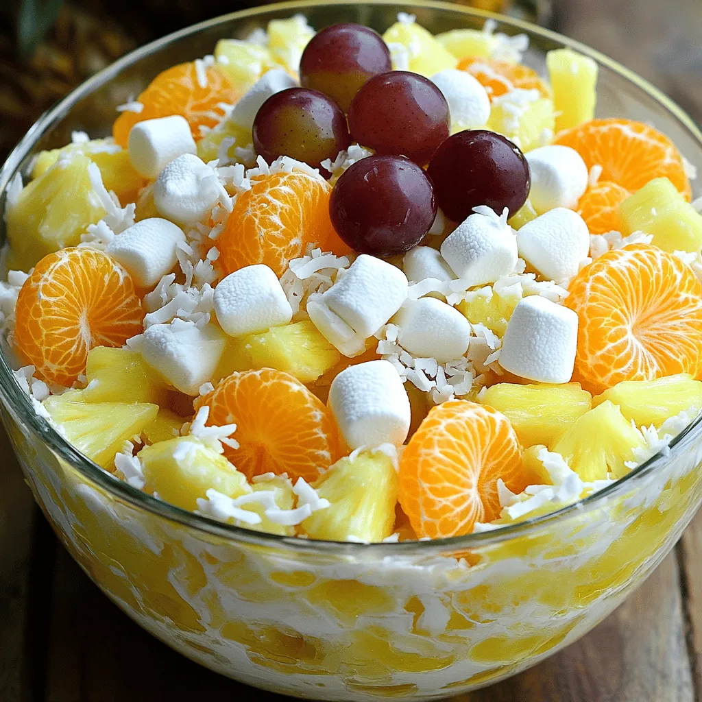 To make a Classic Ambrosia Salad, you will need: - 1 cup mini marshmallows - 1 cup diced fresh pineapple (with juice) - 1 cup mandarin oranges, drained - 1 cup sweetened shredded coconut - 1 cup halved grapes (mix red and green) - 1 cup sour cream (or Greek yogurt) - 2 tablespoons honey (optional) - 1/2 cup chopped pecans or walnuts (optional) You can change up the salad to suit your taste. Here are some ideas: - Add maraschino cherries for a pop of color. - Use different nuts like almonds for a unique twist. - Swap in fresh berries for a berry ambrosia. - Mix in a splash of orange juice for extra zest. If you need to make swaps, here are some options: - Use plain yogurt instead of sour cream for a lighter dish. - Try coconut yogurt for a dairy-free option. - Substitute fresh fruit for canned fruit, but drain well. - Replace nuts with seeds for a nut-free salad. Classic Ambrosia Salad is fun and easy to make! You can find the Full Recipe for more details. Making Classic Ambrosia Salad is easy and fun. You can prepare this dish in under 15 minutes. Gather all your ingredients before you start. This will help you mix everything quickly. 1. Combine Ingredients: In a big bowl, mix together: - 1 cup mini marshmallows - 1 cup diced fresh pineapple (with juice) - 1 cup mandarin oranges, drained - 1 cup sweetened shredded coconut - 1 cup halved grapes Stir these ingredients gently so they blend well. 2. Make the Dressing: In a smaller bowl, whisk together: - 1 cup sour cream (or Greek yogurt) - 2 tablespoons honey (optional) Keep whisking until the mixture is smooth and creamy. 3. Combine Everything: Pour the creamy dressing over the fruit mixture. Use a spatula to fold the salad gently. This will coat all the fruits and marshmallows. 4. Add Nuts: If you want crunch, fold in: - 1/2 cup chopped pecans or walnuts Make sure the nuts are evenly spread throughout the salad. 5. Chill: Cover the bowl with plastic wrap. Refrigerate for at least 1 hour. This helps all the flavors mix. 6. Serve: When it’s time to eat, stir the salad gently. Serve it cold for the best taste! To ensure a great texture, don’t overmix when combining the fruit and dressing. This keeps the fruit intact and fresh. Use fresh, ripe fruit for the best flavor. If you like a creamier salad, add more sour cream. You can also add a little more honey if you want extra sweetness. To make your ambrosia salad shine, try adding a splash of lime juice. It gives a zesty kick. You can also mix in some maraschino cherries for a sweet pop of color. If you like a crunch, add some chopped nuts like pecans or walnuts. They bring a nice texture. Some people even add a dash of vanilla extract for extra flavor. Experiment and find what you enjoy most! Serve your ambrosia salad cold. Chilling the salad for at least one hour helps the flavors blend. It also makes the salad refreshing on warm days. If you prepare it ahead of time, keep it in the fridge until you are ready to serve. This keeps it crisp and tasty. Make your ambrosia salad look lovely by using a clear glass bowl. This shows off the colorful fruits inside. For a fun touch, sprinkle extra shredded coconut on top. You can also add whole grapes or cherries as a garnish. This makes your dish pop and makes it inviting for guests. A beautiful presentation can make any meal feel special. {{image_4}} You can give your ambrosia salad a fun twist. Add tropical fruits for a fresh taste. Try using diced mango, kiwi, or papaya. These fruits bring vibrant colors and flavors. You can also mix in some passion fruit for a tangy kick. This tropical version brightens up any table and makes it festive. Want a lighter version of ambrosia salad? Substitute Greek yogurt for sour cream to cut calories. You can use unsweetened coconut instead of sweetened to reduce sugar. Fresh fruits can replace canned fruits, which often have added syrup. If you want some crunch, consider almonds or sunflower seeds instead of nuts. These swaps keep the flavor but make it a bit healthier. Change your ambrosia salad with the seasons. In fall, add diced apples and pears for crunch. Sprinkle in some cinnamon for warmth. In winter, try pomegranate seeds for a pop of color and taste. For spring and summer, berries like strawberries and blueberries work great. Each season brings new flavors, keeping your salad exciting and fresh. For the full recipe, check out the Classic Ambrosia Salad. To keep your Classic Ambrosia Salad fresh, store it in an airtight container. Make sure the container seals well to keep air out. This helps keep the fruits fresh and the cream from spoiling. You can also cover the bowl tightly with plastic wrap. The salad stays good in the fridge for about 3 to 4 days. After this time, the fruit may start to get mushy. If you notice any off smells or colors, it’s best to toss it out. Always check for freshness before eating leftovers. I do not recommend freezing Ambrosia Salad. The fruit will lose its texture, and the cream will separate when thawed. This makes the salad watery and unappetizing. Enjoy it fresh instead! For the best taste, make it just before serving. For the full recipe, check the earlier section. Classic Ambrosia Salad has roots in the Southern United States. It began as a simple fruit salad. The name "ambrosia" refers to food of the gods in Greek mythology. This dish often features fruits like oranges, coconut, and marshmallows. Over time, it has become a popular side dish at picnics and holidays. Yes, you can make Classic Ambrosia Salad ahead of time. In fact, it tastes better after chilling. I recommend making it at least one hour before serving. This gives the flavors time to blend. Just keep it covered in the fridge. You can store it for up to three days. However, the fruit may release some juice over time. Classic Ambrosia Salad pairs well with many dishes. Try serving it alongside grilled meats or sandwiches. It also complements spicy foods nicely. For a festive meal, serve it with ham or turkey. If you're hosting a brunch, it goes well with breakfast items too. You can find the full recipe for this delightful salad here. This blog post covered everything you need for Classic Ambrosia Salad. We discussed the main and optional ingredients, how to mix them, and tips for perfect texture. You learned how to enhance flavor and present it beautifully. I shared variations to suit your taste and season. Finally, we looked at storage tips and answered common questions about the salad. Now you're ready to make and enjoy delicious Ambrosia Salad. Dive in and get creative with your own twist!