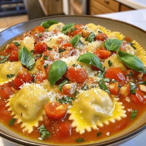 - 2 cups fresh ravioli (store-bought or homemade) - 3 large ripe tomatoes, diced into small cubes - 2 cloves garlic, finely minced - 1/4 cup fresh basil leaves, roughly chopped - 1/4 cup extra virgin olive oil - 1 teaspoon red pepper flakes (optional) - Sea salt and freshly cracked black pepper, to taste - Grated parmesan cheese, for garnish When making delicious ravioli with fresh tomatoes, start with quality ingredients. Fresh ravioli, whether you buy it or make it, is key. I love using ripe tomatoes for their sweet flavor. Minced garlic adds a nice kick to the dish. For flavor enhancers, fresh basil is a must. It brings brightness and freshness. Extra virgin olive oil adds richness and depth. If you like heat, add red pepper flakes for a spicy touch. Don’t forget seasoning! Sea salt and cracked black pepper enhance all flavors. Finally, sprinkle grated parmesan on top for a creamy finish. This simple dish bursts with flavor and makes any meal special. For the complete preparation details, check the Full Recipe. Start by boiling salted water in a large pot. Use about one tablespoon of salt for every four quarts of water. This step is key to adding flavor to the ravioli as they cook. Keep an eye on it until it reaches a rolling boil. Once the water is boiling, add the fresh ravioli carefully. Cook according to the package instructions, which is usually around 3 to 5 minutes. You will know they are ready when they float to the top. Drain them in a colander and set them aside for now. In a large skillet, pour in the extra virgin olive oil and heat on medium. Add the minced garlic and sauté for about 1 minute. You want the garlic to smell nice but not burn. Then, add the diced tomatoes to the skillet. Season with sea salt, black pepper, and red pepper flakes if you like spice. Cook for about 5 to 7 minutes, stirring often. This will let the tomatoes break down and release their juices. Now, carefully fold the cooked ravioli into the tomato sauce. Make sure they are all coated well. Stir in the chopped basil and let it heat through for another 1 to 2 minutes. This helps all the flavors mix nicely. Serve hot, topped with freshly grated parmesan cheese. Enjoy your meal! Cooking time can change based on the type of ravioli you use. Fresh ravioli cooks fast, usually in 3 to 5 minutes. If you use frozen ravioli, it may take a bit longer, around 5 to 7 minutes. Always check the package for exact times. When they float, they are ready. This simple trick helps you get perfect ravioli every time. To boost flavor, think about adding herbs and spices. Fresh basil is great, but you can also try oregano or thyme. A squeeze of lemon juice adds brightness, too. For a kick, sprinkle in crushed red pepper flakes. These small changes make a big difference in taste. Feel free to experiment until you find your favorite mix! Serve your ravioli in shallow bowls for a nice touch. Spoon over extra sauce from the skillet. Garnish with fresh basil leaves and a sprinkle of parmesan cheese. This not only looks good but also tastes great. A colorful plate makes the meal more inviting. Enjoy your beautifully crafted dish! For the full recipe, check out the Delicious Ravioli with Fresh Tomatoes recipe! {{image_4}} You can easily add protein to your ravioli dish. If you love chicken, grill or sauté diced chicken breast. Stir it into the sauce before adding the ravioli. Shrimp is another great option. Cook the shrimp until pink, then mix them with the sauce. For a vegetarian choice, cubes of tofu work well too. Just pan-fry them until golden brown for extra flavor. Each option adds heartiness and makes the meal even more filling. Vegetables can enhance your ravioli. You can add spinach or kale for extra greens. Simply toss them in during the last minute of cooking. Zucchini or bell peppers add crunch and color. Dice them small and sauté with the garlic. Mushrooms bring a rich, earthy taste. Sauté sliced mushrooms along with the tomatoes for a savory twist. Feel free to mix and match veggies based on your preference. While the tomato sauce is tasty, you can try other sauces too. A creamy alfredo sauce pairs well with ravioli. Just whisk together butter, cream, and cheese for a smooth finish. Pesto is another option that adds a fresh, herby flavor. You can use store-bought pesto or make your own. A light olive oil and lemon sauce is refreshing on hot days. Combine olive oil, lemon juice, and zest for a bright taste. Each sauce can change the dish's vibe completely. To store cooked ravioli, first let them cool. Place them in an airtight container. Add a layer of sauce if you have any left. This helps keep the ravioli moist. You can store them in the fridge for up to three days. To reheat the ravioli, use a skillet. Add a splash of water or extra olive oil. Heat it over medium-low. Stir gently until warmed through. This method keeps the ravioli soft and tasty. Avoid using the microwave, as it can make them chewy. If you want to freeze ravioli, do it before cooking. Arrange them on a baking sheet in a single layer. Place the sheet in the freezer until they are firm. Once frozen, transfer them to a freezer bag. You can freeze the sauce too. Just store it in a separate container. Frozen ravioli and sauce last for up to three months. Yes, you can use frozen ravioli. Frozen ravioli cooks well and saves time. Just add them to boiling water, and they will cook in about 5 to 7 minutes. Fresh ravioli may have a softer texture, while frozen can be firmer. Both options taste great with the tomato sauce. Cooking time varies. Fresh ravioli takes about 3 to 5 minutes. Frozen ravioli needs about 5 to 7 minutes. If you use dried ravioli, it may take 10 to 12 minutes. Always check the package for exact times. For a nice meal, serve the ravioli with a fresh salad. A green salad with vinaigrette pairs well. Garlic bread or bruschetta also makes a tasty side. If you want more veggies, try steamed broccoli or sautéed spinach. You can find the full recipe for Delicious Ravioli with Fresh Tomatoes [here](#). In this post, I covered the key steps to make delicious ravioli with fresh tomatoes. You learned about the ingredients needed, cooking techniques, and tips to enhance flavor. I also shared storage methods and answered common questions. Ravioli is versatile and easy to customize. You can mix in proteins, veggies, and sauces. Enjoy this dish with confidence, and feel free to experiment. Your kitchen adventures await!