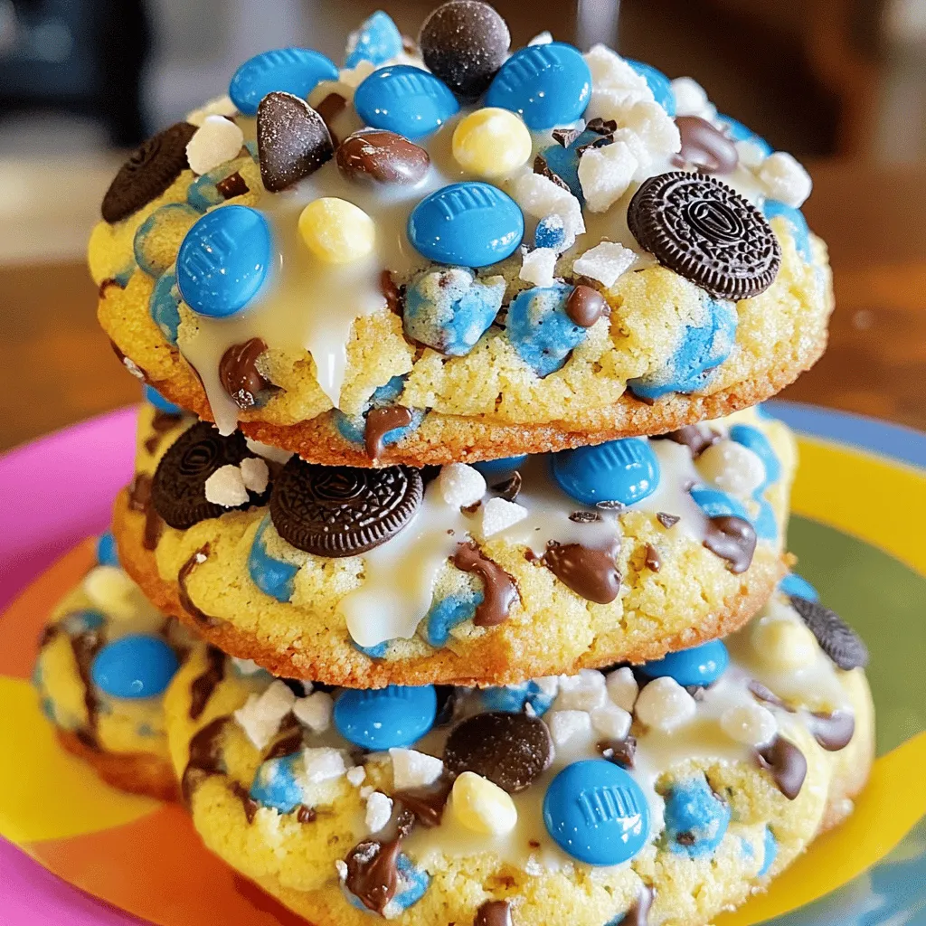 Making Cookie Monster cookies is easy and fun. This recipe makes about 24 cookies. You will spend about 15 minutes prepping and 30 minutes total to make them. These cookies are soft, chewy, and full of fun colors and flavors. Here are the key ingredients you will need: - 1 cup unsalted butter, softened to room temperature - 1 cup packed brown sugar - 1/2 cup granulated sugar - 2 large eggs, at room temperature - 2 teaspoons pure vanilla extract - 3 cups all-purpose flour - 1 teaspoon baking soda - 1/2 teaspoon fine sea salt - 1 cup blue chocolate candies (like M&M’s) - 1/2 cup semi-sweet chocolate chips - 1/2 cup crushed Oreo cookies These ingredients create a rich dough that is both sweet and fun. The blue candies give them that Cookie Monster look. You can add a few more items to change the taste a bit: - 1/2 cup chopped nuts (like walnuts or pecans) - 1/2 teaspoon almond extract for a nutty twist - 1/4 cup of coconut flakes for extra texture These optional ingredients can add a great crunch or new flavor to your cookies. Feel free to mix and match based on your taste. Enjoy the process and get creative! Start by preheating your oven to 350°F (175°C). This step is key for even baking. While the oven heats, prepare your baking sheets. Line them with parchment paper to stop the cookies from sticking. This small step makes cleanup easy too. In a large bowl, cream together the softened butter, brown sugar, and granulated sugar. Use an electric mixer on medium speed. Beat until the mix is light and fluffy, about 2-3 minutes. Next, add the eggs one at a time. Mix well after each addition. Now, add the vanilla extract and stir to combine. In another bowl, whisk the flour, baking soda, and fine sea salt together. Slowly add this dry mix to the wet mixture. Stir gently until just combined. Don’t overmix; this keeps your cookies soft. Finally, fold in the blue chocolate candies, chocolate chips, and crushed Oreo cookies. Make sure they are evenly spread in the dough. Scoop rounded tablespoons of dough onto the prepared baking sheets. Leave about 2 inches between each scoop to allow for spreading. Bake the cookies in your preheated oven for 10-12 minutes. The edges should be lightly golden, while the centers can be soft. This is okay; they will firm up as they cool. Once baked, take the cookies out and let them rest on the sheets for 5 minutes. Then, move them to a wire rack to cool completely. For a fun touch, stack the cookies on a bright plate. Drizzle melted white chocolate on top for added sweetness. Enjoy your colorful Cookie Monster Cookies! For the full recipe, check out the earlier section. When making Cookie Monster Cookies, some common mistakes can ruin your fun. Here are a few to watch out for: - Overmixing the Dough: Mixing too much can make cookies tough. Mix just until combined. - Not Measuring Properly: Use the scoop and level method for flour. It helps avoid dense cookies. - Skipping the Chill: If dough feels soft, chill for 30 minutes. It helps cookies hold their shape. To get the right texture in your Cookie Monster Cookies, follow these tips: - Use Room Temperature Ingredients: Softened butter and eggs mix better. This gives a smooth dough. - Don’t Overbake: Keep an eye on your cookies. They should look soft in the middle. - Let Them Cool: Letting cookies cool on a rack helps them firm up. This keeps them chewy. Decorating your cookies can be just as fun as making them! Here are some ideas: - Melted White Chocolate: Drizzle melted white chocolate on top for a sweet touch. - Extra Candies: Scatter more blue chocolate candies on top before baking. It adds color and fun. - Cookie Monster Faces: Use frosting to create eyes and a mouth. Transform each cookie into a cute character! These tips will help you create delightful and fun Cookie Monster Cookies. For the full recipe, check out the previously mentioned section! {{image_4}} You can make your Cookie Monster cookies even more exciting! Here are some fun ideas to add flavor: - Peanut Butter Chips: Add 1 cup of peanut butter chips for a nutty twist. - Mint Chocolate: Swap blue candies for mint chocolate candies for a fresh taste. - Sprinkles: Mix in colorful sprinkles for a festive look. - Coconut: Add 1 cup of shredded coconut for extra texture. These add-ins can change the taste and look of your cookies. Experiment and find your favorites! If you need gluten-free cookies, don’t worry! Here’s how to adapt the recipe: - Gluten-Free Flour: Use a 1:1 gluten-free flour blend in place of all-purpose flour. Brands like Bob’s Red Mill work well. - Baking Powder: Make sure it’s labeled gluten-free. Some brands might have gluten. These swaps keep your cookies soft and delicious. You won’t miss the gluten! Want to make vegan Cookie Monster cookies? It’s simple! - Butter: Replace unsalted butter with coconut oil or vegan butter. - Eggs: Use flax eggs instead. Mix 1 tablespoon of ground flaxseed with 2.5 tablespoons of water for each egg. - Chocolate Chips: Use dairy-free chocolate chips for a vegan treat. These changes keep the cookies tasty while fitting a plant-based diet. You'll love these vegan versions just as much! To keep your Cookie Monster cookies fresh, store them in an airtight container. This will help keep moisture inside and prevent the cookies from drying out. Place a slice of bread in the container. The bread will absorb any excess moisture. This trick works great! Store your cookies at room temperature for up to a week. Freezing cookie dough is simple and useful. To freeze, scoop the dough into balls and place them on a baking sheet. Make sure they are not touching. Freeze for about 2 hours, then transfer the balls to a freezer-safe bag. Label the bag with the date. You can keep the dough frozen for up to three months. When you're ready to bake, just take out the dough and let it thaw in the fridge overnight. If you want to enjoy warm cookies again, reheating is easy. Preheat your oven to 300°F (150°C). Place the cookies on a baking sheet. Heat them for about 5-7 minutes. This warms them up without making them hard. Enjoy your Cookie Monster cookies warm and soft, just like fresh out of the oven! If you need the full recipe, check out the Full Recipe link for all the steps. Cookie Monster Cookies come from the fun world of baking. They are inspired by the beloved Sesame Street character, Cookie Monster. This blue furry friend loves cookies, especially chocolate ones. The cookie's blue color and fun mix-ins make it a hit at parties and gatherings. The bright blue candies and crushed Oreos mirror Cookie Monster's playful spirit. These cookies became popular as a treat for kids and adults alike, combining joy with flavor. Yes, you can use many candy types! Feel free to swap the blue chocolate candies for any color or type you like. Try using peanut butter cups, chocolate-covered pretzels, or even gummy candies. Each candy adds a unique twist to the cookie's flavor. You can mix and match according to your taste buds. The key is to keep the total amount of mix-ins the same for balance. To lower the sugar in these cookies, reduce the brown and granulated sugars. You might try cutting each by a quarter cup. This will still give you sweet cookies but with less sugar. You can also use sugar substitutes like stevia or monk fruit. Keep in mind that these substitutes can change the texture slightly. Always taste the dough to ensure it meets your sweet tooth! For a more wholesome option, add mashed bananas or applesauce, which adds sweetness and moisture. In this blog post, we covered the essential ingredients for Cookie Monster Cookies and how to mix and bake them perfectly. You learned common mistakes to avoid and tips for decorating. We also explored tasty variations and storage methods to keep your cookies fresh. Making these cookies is fun and easy. With a few tweaks, you can customize them to fit your needs. Enjoy creating your own version of this delightful treat!