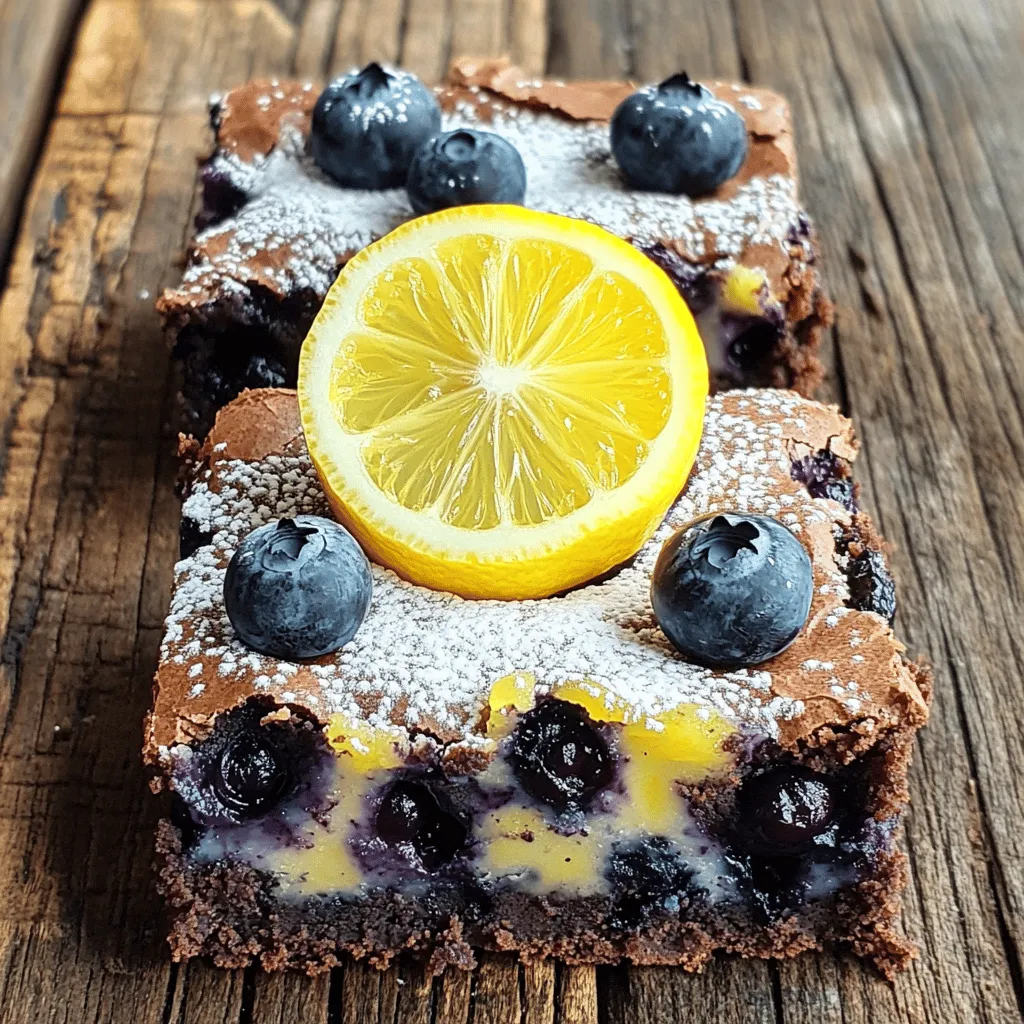 To make blueberry lemon brownies, gather these ingredients: - 1 cup unsalted butter, melted - 1 1/2 cups granulated sugar - 3 large eggs - 1 tablespoon fresh lemon zest - 1/4 cup freshly squeezed lemon juice - 1 teaspoon pure vanilla extract - 1 cup all-purpose flour - 1/2 teaspoon baking powder - 1/4 teaspoon fine sea salt - 1 cup fresh blueberries, rinsed and drained - 1/2 cup white chocolate chips (optional for a sweet twist) These ingredients create a delightful balance of sweet and tart in each bite. The fresh blueberries add a juicy burst, while lemon zest brightens the flavor. If you want to switch things up, try adding white chocolate chips. They melt beautifully and pair well with the fruity notes. Each brownie has about 180 calories. Here’s a quick look at the nutrition: - Total Fat: 8g - Saturated Fat: 5g - Cholesterol: 50mg - Sodium: 80mg - Total Carbohydrates: 27g - Sugars: 16g - Protein: 2g These brownies are a treat, but they’re best enjoyed in moderation. They do contain sugar and fat, so keep that in mind if you're watching your intake. You’ll need a few key tools to make these brownies: - A 9x9 inch baking pan - Mixing bowls (large and small) - A whisk for mixing - A spatula for folding - Parchment paper for easy removal Having the right tools makes baking easier and more fun. Prepare your space, and you'll be ready to create these tasty brownies! 1. Preheat the Oven and Prepare the Baking Pan: Start by setting your oven to 350°F (175°C). Grab a 9x9 inch baking pan, grease it, and line it with parchment paper. Leave some paper hanging over the sides. This helps you lift the brownies out later. 2. Combine Wet Ingredients: In a large bowl, add the melted butter and sugar. Whisk them together until smooth. This makes sure they blend well. 3. Incorporate Eggs and Flavors: Add the eggs one at a time. Mix well after each egg. Next, stir in the lemon zest, lemon juice, and vanilla until it's all mixed together. 4. Mix Dry Ingredients: In another bowl, whisk the flour, baking powder, and salt. Slowly add this to the wet mix. Use a spatula to fold the two together gently. Be careful not to overmix. This keeps the brownies soft. 5. Add Blueberries and Optional Chocolate: Gently fold in the fresh blueberries. If you want, add white chocolate chips for extra sweetness. Mix until they are evenly spread in the batter. 6. Transfer to Baking Pan: Pour the brownie mix into your prepared pan. Spread it evenly with a spatula. - Bake the Brownies: Place the pan in your oven. Bake for 25-30 minutes. Check for doneness with a toothpick. It should come out clean or with a few moist crumbs. - Cool and Slice: After baking, let the brownies cool in the pan for about 10 minutes. Use the parchment paper to lift them out. Move them to a wire rack to cool fully. This helps with cutting neat squares. - Presentation Tips: For a fancy touch, dust your brownies with powdered sugar. Top each square with a few fresh blueberries and a slice of lemon. It adds color and freshness. - Pairing Ideas: These blueberry lemon brownies taste great with a cup of tea or coffee. You can even serve them with vanilla ice cream for a delightful dessert experience. For the full recipe, check out the details above. Enjoy your baking! To keep your brownies soft, avoid overmixing the batter. When you mix the dry and wet ingredients, stir gently. This helps prevent tough brownies. You want a smooth batter but not a lot of air bubbles. Aim for a thick, rich texture. To achieve the perfect texture, use room temperature eggs. They blend well with melted butter. You also want to measure your flour correctly. Too much flour can make brownies dry. Use a kitchen scale if possible. Want to kick up the flavor? Try adding a pinch of sea salt. It brings out the sweetness. You can also add extracts like almond or coconut for a twist. Fresh herbs like thyme or basil can add a unique taste. Consider mixing in more fruit too! Chopped strawberries or raspberries pair well with blueberries. You can also top the brownies with a lemon glaze or whipped cream. If your brownies are too dry, they likely baked too long. Check them a few minutes early next time. You want a toothpick to come out with a few moist crumbs. If they are too moist, they may need more baking time. Use the toothpick test to find the right balance. If they are undercooked, put them back in the oven for a few more minutes. For the full recipe, check out the section above. {{image_4}} You can switch up the fruits in these brownies. Raspberries, strawberries, or even peaches work great. Each fruit gives a new taste. If you want a unique twist, try adding almond extract. It pairs well with the lemon and adds depth. For a gluten-free version, use almond or coconut flour instead of regular flour. Both options keep the brownies moist and tasty. If you're vegan, replace butter with coconut oil and use flax eggs. Mix 1 tablespoon of flaxseed meal with 2.5 tablespoons of water for each egg. These swaps keep the brownies delicious without any animal products. Serve these brownies warm with a scoop of vanilla ice cream. The creaminess contrasts perfectly with the fruity brownies. You can also drizzle a lemon glaze on top for extra zing. For events, cut the brownies into fun shapes and place them on colorful plates. Add fresh berries on the side to make the dessert pop! Check out the Full Recipe for all the details you need. To keep your blueberry lemon brownies fresh, store them at room temperature. Place them in an airtight container. They will stay fresh for about 3 to 4 days. If you want to keep them longer, consider freezing them. To freeze the brownies, first, cool them completely. Wrap them tightly in plastic wrap. Then, place the wrapped brownies in a freezer-safe bag. They can last for up to 3 months in the freezer. To thaw, remove them from the freezer and let them sit at room temperature. You can also warm them in the oven at 350°F for about 10 minutes. Brownies can spoil if not stored correctly. Check for mold or an off smell. If they feel dry or hard, they may not taste good. Always use clean hands when handling brownies to avoid contamination. Can I use frozen blueberries instead of fresh? Yes, you can use frozen blueberries. They work well in this recipe. However, they might add more moisture. This can change the texture a bit. If you choose frozen, do not thaw them. Just add them straight into the batter. What can I substitute for granulated sugar? You can use brown sugar instead of granulated sugar. It adds a nice depth of flavor. Another option is coconut sugar, which is less processed. Both will work well in your brownies. How to make this recipe without lemon? If you want to skip the lemon, you can use orange zest and juice. This will give your brownies a sweet, citrus flavor. You can also substitute with a splash of vanilla extract for a different twist. Can I double the recipe? Yes, you can double the recipe. Just use a larger pan, like a 9x13 inch. Keep an eye on the baking time. It may take a few more minutes to bake through. Can I use margarine instead of butter? Yes, margarine can replace butter. Your brownies will still taste good. Just use the same amount as the recipe calls for. What’s the best type of flour to use for brownies? All-purpose flour is best for brownies. It gives the right texture and structure. If you want a gluten-free option, try almond flour or a gluten-free blend. In this post, we explored brownie-making from start to finish. We detailed ingredients, equipment, and baking steps to help you succeed. I shared tips to enhance flavor and solve common problems. You can also try fun variations and learn how to store brownies properly. Baking brownies can be enjoyable and rewarding. With these insights, you can create your own perfect batch. Happy baking!