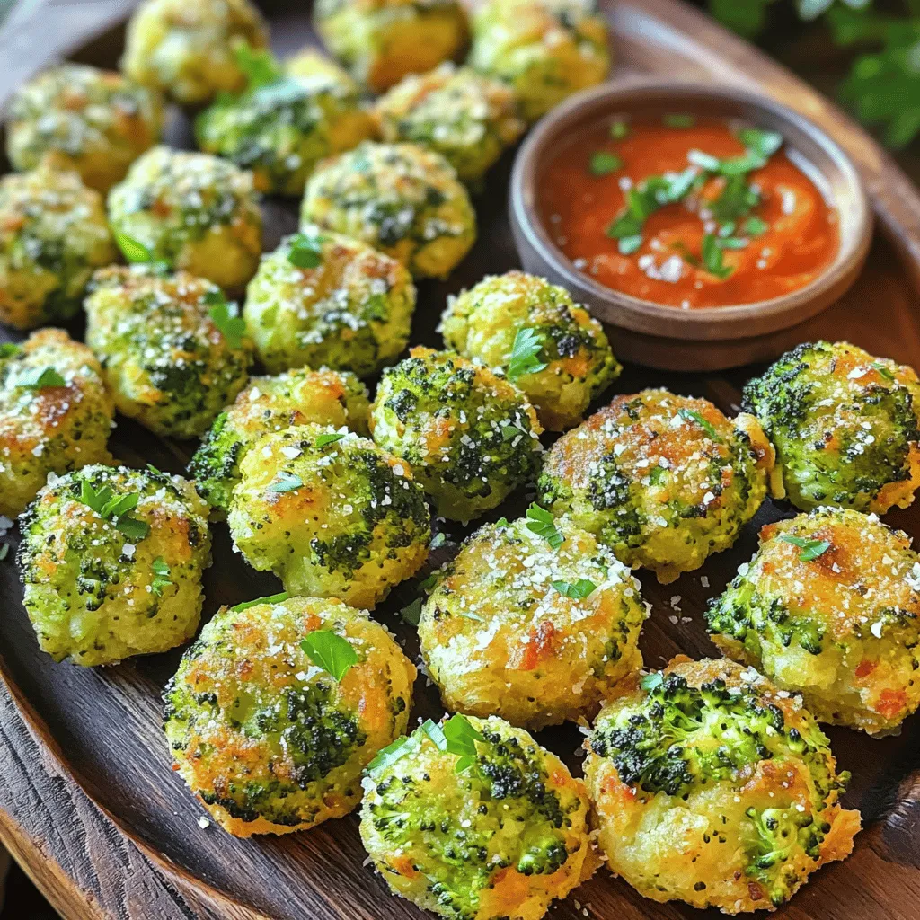 Gather these simple items for Garlic Parmesan Broccoli Bites: - 2 cups fresh broccoli florets - 1 cup grated Parmesan cheese - 1/2 cup whole wheat breadcrumbs - 3 cloves garlic, minced - 2 large eggs - 1 teaspoon garlic powder - 1 teaspoon onion powder - Salt and pepper, to taste - 2 tablespoons olive oil - Fresh parsley, for garnish Each ingredient plays a key role. The broccoli gives you a nice crunch and a bright green color. Parmesan cheese adds a rich flavor and a bit of saltiness. Whole wheat breadcrumbs help bind everything together and add texture. Garlic gives a wonderful aroma and taste. Eggs help the bites hold their shape when baking. Spices like garlic powder and onion powder boost the flavor even more. Olive oil makes them crispy and golden. Finally, fresh parsley adds a pop of color when you serve them. You can find the full recipe in the article above. Enjoy making these bites! 1. Preheat your oven to 400°F (200°C). This ensures even cooking. 2. Line a baking sheet with parchment paper. This makes cleanup easy. 3. Steam 2 cups of fresh broccoli florets for about 3-4 minutes. They should be bright green and tender. 4. Let the broccoli cool. Then, chop it into smaller pieces. This helps them mix well. 1. In a large bowl, combine the chopped broccoli, 1 cup of grated Parmesan cheese, and 1/2 cup of whole wheat breadcrumbs. 2. Add 3 cloves of minced garlic, 2 large eggs, 1 teaspoon of garlic powder, 1 teaspoon of onion powder, and salt and pepper to taste. 3. Mix everything well until it is fully combined. Make sure there are no dry spots. 4. With clean hands, take portions of the mixture and form small patties. Each should be about 1.5 inches wide. Compact them well so they hold shape. 1. Place the formed broccoli bites on the prepared baking sheet. Leave space between each one. 2. Drizzle 2 tablespoons of olive oil lightly over the bites. This enhances their crispiness. 3. Bake them for 20-25 minutes. Flip them halfway through for even browning. 4. Once golden brown and crisp, take them out. Let them cool a bit before serving. This recipe makes a tasty snack that is full of flavor. For the full recipe, check the details above! To get that perfect crisp, ensure even browning. Here’s how: flip the bites halfway through cooking. This simple step helps them brown nicely on all sides. Adjust spices to taste as you mix. If you love garlic, add more minced garlic or garlic powder. For a spicy kick, sprinkle in some cayenne pepper. Present your Garlic Parmesan Broccoli Bites on a charming wooden platter. They look great and taste even better. Pair them with a small bowl of marinara sauce or garlic aioli for dipping. Consider adding a fresh salad on the side for a full meal. A light, crisp beverage like lemonade or iced tea complements these bites well. Enjoy your snack time with flavors that pop! {{image_4}} You can change the taste of your Garlic Parmesan Broccoli Bites easily. Adding spices can kick up the flavor. Try mixing in cayenne for heat or paprika for a smoky touch. Both spices add excitement without overpowering the dish. You can also mix in other vegetables. Carrots, zucchini, or bell peppers work well with broccoli. Just chop them finely so they blend in nicely. This adds color and more nutrients to your bites. Making these bites fit different diets is simple. For a gluten-free option, swap whole wheat breadcrumbs for ground almonds or gluten-free breadcrumbs. Both choices give a nice crunch without the gluten. If you're looking for vegan substitutions, replace the eggs with flaxseed meal. Mix 1 tablespoon of flaxseed meal with 2.5 tablespoons of water. Let it sit for a few minutes until it thickens. This will help bind the ingredients together without using eggs. You can find the Full Recipe for more details on creating these tasty bites. Enjoy experimenting with flavors and adjustments to make these bites your own! To keep your Garlic Parmesan Broccoli Bites fresh, store any leftovers in the fridge. Place them in an airtight container. They will stay good for about 3 to 4 days. If you want to save them for longer, freezing is a great option. Just make sure to freeze them in a single layer on a baking sheet first. Once they are firm, transfer them to a freezer bag. They can last up to 3 months frozen. To enjoy your Garlic Parmesan Broccoli Bites again, reheating properly is key. The best way is to use the oven. Preheat it to 350°F (175°C). Place the bites on a baking sheet and heat them for about 10 to 12 minutes. This method keeps them crispy. You can also use an air fryer if you have one. Just heat them at 350°F (175°C) for about 5 to 7 minutes. Avoid the microwave, as it can make them soggy and less tasty. How to make Garlic Parmesan Broccoli Bites from scratch? To make these bites, start by gathering fresh ingredients. You need fresh broccoli, Parmesan cheese, breadcrumbs, garlic, eggs, and spices. Cook the broccoli until bright green. Then, chop it and mix with the other ingredients. Form small patties and bake until golden. You can find the full recipe above. Can I use frozen broccoli for this recipe? Yes, you can use frozen broccoli. Just make sure to thaw and drain it well. This helps avoid excess water in your mixture. Frozen broccoli may not be as crisp, but it works just fine. What to serve with Garlic Parmesan Broccoli Bites? These bites taste great with dips. I suggest marinara sauce or garlic aioli. You can also serve them with a fresh salad or some whole grain bread. They make a fun snack or a side dish! How long do these bites last in the fridge? These bites can last about 3 to 4 days in the fridge. Store them in an airtight container to keep them fresh. You can enjoy them cold or reheat them. Can I bake these bites in an air fryer? Absolutely! Baking them in an air fryer works well. Cook them at 375°F for about 12-15 minutes. Flip them halfway for even crispiness. The air fryer gives them a nice crunch without much oil. What is the calorie count per serving? Each serving of Garlic Parmesan Broccoli Bites has about 150 calories. This can vary based on the size of the bites you make. Adjust portion sizes to fit your dietary needs. Are Garlic Parmesan Broccoli Bites healthy? Yes, these bites are a healthy snack choice. They use fresh broccoli and whole wheat breadcrumbs. Plus, the Parmesan cheese adds flavor without too many calories. They are a great option for both kids and adults looking for a tasty treat! In this blog post, I covered a simple recipe for delicious Garlic Parmesan Broccoli Bites. We explored the ingredients, preparation steps, baking methods, and serving tips. I shared ways to customize the recipe with flavors and dietary needs. Proper storage and reheating tips help maintain freshness. Enjoy making these bites for fun snacks or healthy sides. They are easy, tasty, and perfect for everyone. Try them and enjoy the crunch!