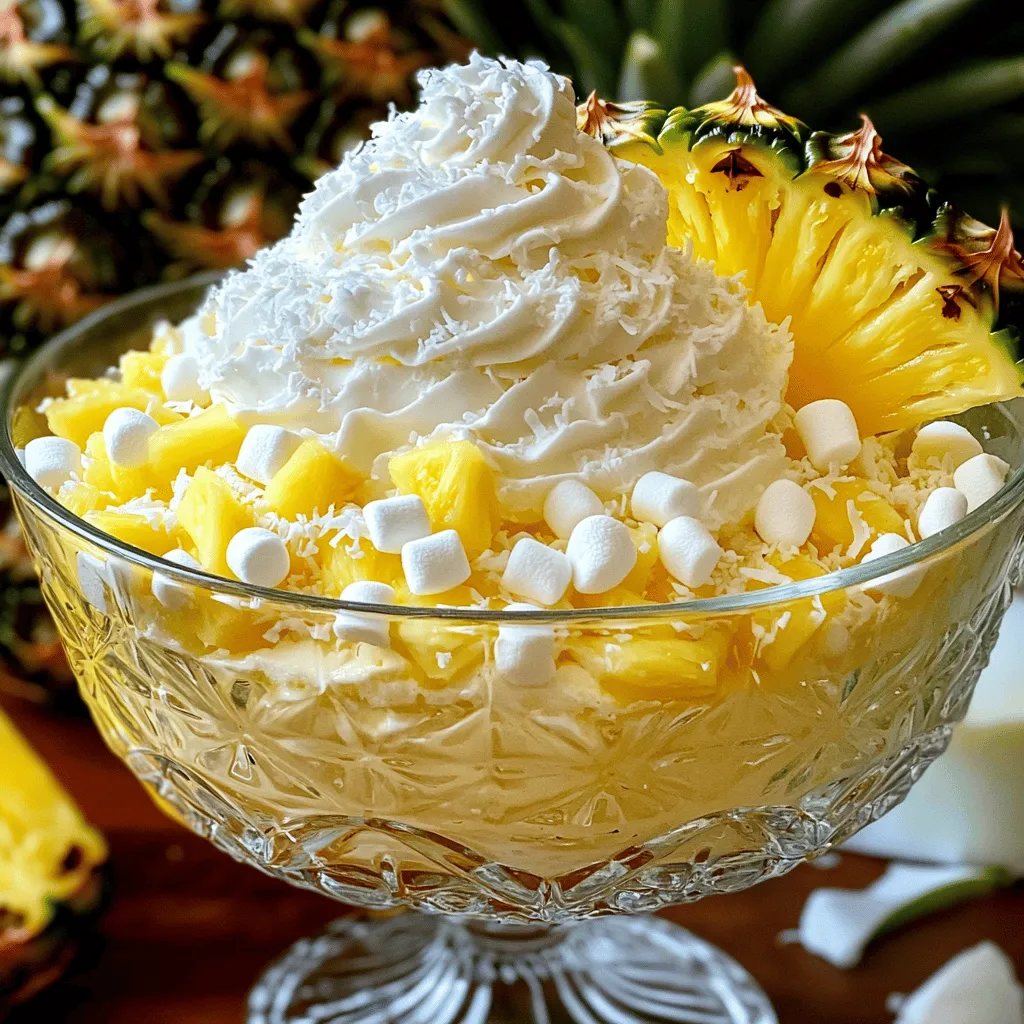 - 8 oz cream cheese, softened - 1/2 cup granulated sugar - 1 teaspoon pure vanilla extract - 1 cup crushed pineapple, drained - 1 cup mini marshmallows - 1 cup sweetened coconut flakes - 1/2 cup chopped pecans or walnuts (optional) - 1/2 cup whipped cream You need simple ingredients for Hawaiian Cheesecake Salad. First, use cream cheese. It gives the salad a rich, creamy base. Granulated sugar adds sweetness, while vanilla extract brings a nice flavor. Next, crushed pineapple is key. It adds a juicy, tropical taste. Remember to drain it well. This keeps the salad from getting watery. Mini marshmallows add a fun, chewy texture. Sweetened coconut flakes give that classic Hawaiian flavor. You can add nuts for crunch if you like. Pecans or walnuts work well. Finally, whipped cream makes a lovely topping. It adds a light and fluffy finish. Each ingredient plays a role in making this salad a flavorful delight. Check out the Full Recipe for easy steps to whip up this dish. - First, beat cream cheese until smooth. - Next, incorporate sugar and vanilla. - Then, fold in pineapple and other mix-ins. To start, grab a large mixing bowl. Use an electric mixer to beat 8 oz of cream cheese. Make sure it’s soft and creamy. This step is key for a smooth salad. No lumps should remain. Next, slowly add in 1/2 cup of sugar while mixing. Keep blending until everything is well mixed. It should look fluffy and creamy. After that, add in 1 teaspoon of pure vanilla extract. Mix it on low speed until combined. This will give your salad a sweet aroma. Now, it’s time for the fun part! Carefully fold in 1 cup of crushed pineapple that is thoroughly drained. Use a spatula to mix gently. You want to keep it light and airy. Now, add in 1 cup of mini marshmallows and 1 cup of sweetened coconut flakes. If you like nuts, toss in 1/2 cup of chopped pecans or walnuts. Use a folding motion again to mix it all together. This adds texture and flavor. - Spoon into decorative dish or individual cups. - Top with whipped cream. Once your mixture is ready, it's time to serve! Spoon the creamy salad into a decorative dish. You can also divide it into individual cups. This makes it fun and easy for guests. Then, generously top each serving with 1/2 cup of whipped cream. This adds a rich finish to your salad. - Cover and refrigerate for at least 1 hour. Finally, cover the dish with plastic wrap. Refrigerate it for at least 1 hour. Chilling helps the flavors mix well. It also makes the salad refreshing. After an hour, your Hawaiian Cheesecake Salad is ready to delight! For the full recipe, check the earlier ingredients section. Enjoy your tropical treat! To make your Hawaiian Cheesecake Salad shine, use room-temperature cream cheese. This helps it mix smoothly, creating a creamy texture. Another key tip is to drain the crushed pineapple well. Excess juice can make the salad watery and less tasty. Use vibrant serving dishes to make your salad pop. Colorful bowls or fun cups can enhance the look. For extra flair, add fresh fruit on top. Slices of kiwi or berries can make it more appealing. Be careful not to over-mix the ingredients. This can make the salad dense and less fluffy. Also, don’t skip the chill time. Letting it sit in the fridge for at least one hour allows the flavors to meld and the salad to become refreshing. {{image_4}} You can mix things up with different fruits. Mango adds a sweet touch. Strawberries bring a fresh burst of flavor. You can also use bananas for a creamy texture. Feel free to experiment with other fruits too. Change things based on what you like or have at home. If you want a healthier version, try making it sugar-free. Use sweeteners like stevia or erythritol. You can also swap cream cheese for a vegan option. Cashew cream or coconut cream works well. This way, everyone can enjoy the dish. Want to take your salad to the next level? Add chocolate chips for a treat. A drizzle of caramel can add a sweet kick. Lime zest gives it a nice citrus twist. You can even mix in some nuts for extra crunch. These little changes can make a big difference in taste. For the full recipe, check out the main section. To keep your Hawaiian cheesecake salad fresh, store it in an airtight container. This helps keep the salad from drying out or absorbing other smells in the fridge. Make sure to keep it chilled until you're ready to serve. The coolness enhances the flavors and makes it more refreshing. You can freeze Hawaiian cheesecake salad, but it’s best to know a few things. First, the texture may change after thawing. It might not be as creamy. If you do freeze it, place it in a freezer-safe container. It can last up to two months in the freezer. When you’re ready to eat it, let it thaw overnight in the fridge. If you have leftovers, don’t worry! You can easily transform them into a parfait. Just layer the salad with granola for a crunchy twist. You can also use it in a smoothie. Blend the salad with some ice and a splash of juice for a tropical treat. These ideas keep the flavors fun and fresh! For the full recipe, check out the Tropical Hawaiian Cheesecake Salad. Hawaiian Cheesecake Salad is a fun and sweet dish. It combines cream cheese with tropical flavors. You taste creaminess from the cheese, sweetness from sugar, and a fruity burst from pineapple. The coconut adds a chewy texture. Mini marshmallows bring extra sweetness. Together, they create a delightful summer treat. Yes, you can make this salad low-fat. Use low-fat cream cheese instead of regular. You can also swap out sugar with a sugar substitute. For the whipped cream, use a light version or skip it altogether. These changes reduce calories while keeping the taste yummy. To prep ahead, follow these steps. Make the salad and spoon it into a dish. Cover it tightly with plastic wrap. Store it in the fridge for up to 24 hours. This gives the flavors time to blend. Just add whipped cream right before serving for a fresh touch. Yes, Hawaiian Cheesecake Salad is gluten-free. The main ingredients do not contain gluten. However, always check labels on marshmallows and nuts. Some brands may add gluten. If you want extra safety, use certified gluten-free products. This makes the salad safe for everyone to enjoy. In this blog post, we explored the delightful Hawaiian Cheesecake Salad. We covered key ingredients, preparation steps, and serving suggestions. I shared tips to enhance flavor and presentation while avoiding common mistakes. We also discussed fun variations and storage methods for leftovers. Hawaiian Cheesecake Salad is a fun, versatile treat. With easy twists, you can craft it your way. Enjoy it fresh or create new dishes with leftovers. Now, it’s time to make this tasty dessert your own!
