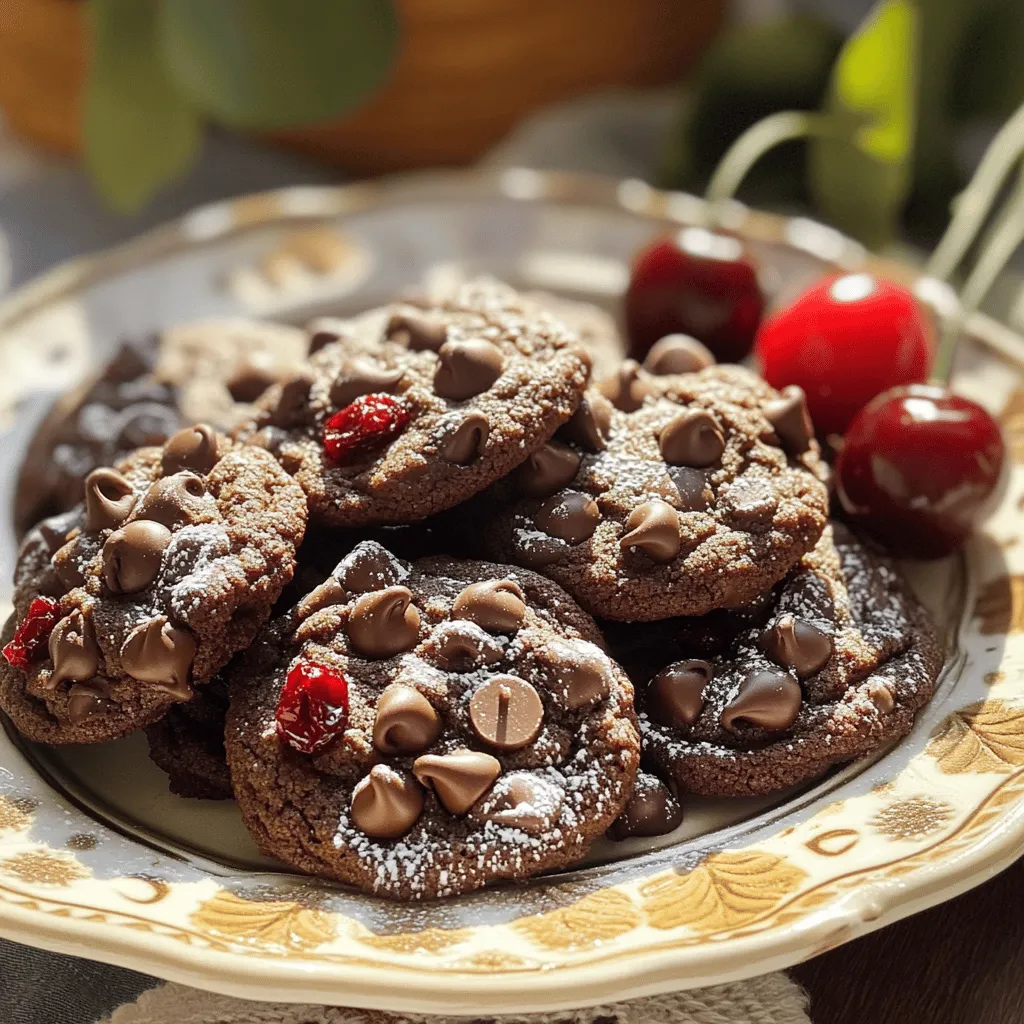 To bake these delightful cookies, you need a few key items. Gather the following essential ingredients: - 1 cup all-purpose flour - 1/2 cup unsweetened cocoa powder - 1/2 teaspoon baking soda - 1/4 teaspoon salt - 1/2 cup unsalted butter, softened - 3/4 cup brown sugar, tightly packed - 1/4 cup granulated sugar - 1 large egg, at room temperature - 1 teaspoon vanilla extract - 1 cup dark chocolate chips - 1/2 cup dried cherries, finely chopped These ingredients create a rich and sweet flavor that makes each bite a treat. You can elevate your cookies even more by adding optional ingredients. Consider these: - 1/4 teaspoon almond extract Almond extract gives a nice nutty hint. It pairs well with chocolate and cherries, making your cookies even more special. If you have dietary needs, you can make swaps. Here are some substitutions: - Use gluten-free flour instead of all-purpose flour for a gluten-free option. - Replace unsalted butter with coconut oil or vegan butter for a dairy-free version. - Use maple syrup or agave instead of brown sugar for a lower-glycemic sweetener. These changes keep the spirit of the cookies while catering to different diets. For the full recipe, check out the instructions above. First, preheat your oven to 350°F (175°C). While the oven heats, grab a baking sheet. Line it with parchment paper. This helps the cookies not to stick. In a medium bowl, mix your dry ingredients. Whisk together 1 cup of flour, 1/2 cup of cocoa powder, 1/2 teaspoon of baking soda, and 1/4 teaspoon of salt. Make sure they blend well. Set this bowl aside for later. Take a large bowl and add 1/2 cup of softened butter. Next, add 3/4 cup of packed brown sugar and 1/4 cup of granulated sugar. Use a hand mixer or stand mixer. Mix on medium speed until it gets light and fluffy. This should take about 2-3 minutes. Now, add 1 large egg and 1 teaspoon of vanilla extract to the butter-sugar mix. Blend these in until fully combined. If you want, you can add 1/4 teaspoon of almond extract for extra flavor. Gradually add the dry mix to the wet mix. Use a spatula to stir gently until everything just comes together. It’s fine if some flour is still visible. Then, fold in 1 cup of dark chocolate chips and 1/2 cup of finely chopped dried cherries. Make sure they spread evenly in the dough. Follow the [Full Recipe] for more details on baking. To get that ideal cookie texture, you want to balance softness and chewiness. Use room-temperature butter and egg. This helps mix them well, giving a smooth batter. Avoid overmixing when combining wet and dry ingredients. A few flour streaks are okay. This keeps the cookies soft. Also, watch the baking time. Pull them from the oven when the edges are firm, but the centers look soft. They will continue to cook after you take them out. Baking can be tricky, but some mistakes are easy to fix. First, always measure your ingredients accurately. Too much flour can make cookies dry. Use a kitchen scale or measuring cups. Second, make sure your oven is at the right temperature. An oven thermometer can help. If your cookies spread too much, chill the dough for 30 minutes before baking. This helps them hold their shape. Lastly, keep an eye on the cookies as they bake. Every oven is different. Let the cookies cool on the baking sheet for about 5 minutes. This lets them set. After that, transfer them to a wire rack. This helps air circulate and keeps them from getting soggy. Store the cookies in an airtight container at room temperature. They stay fresh for about a week. If you want to keep them longer, freeze them. Wrap the cookies in plastic and place them in a freezer bag. They last for up to three months. For the best flavor, let them thaw at room temperature before eating. {{image_4}} To make vegan chocolate cherry cookies, swap the egg for flaxseed meal. Mix 1 tablespoon of flaxseed meal with 3 tablespoons of water. Let it sit for a few minutes to thicken. Use coconut oil instead of butter. Choose dark chocolate chips that are dairy-free. This way, you can enjoy a tasty treat without any animal products. For gluten-free cookies, replace all-purpose flour with a gluten-free blend. Make sure it includes xanthan gum for better texture. Use gluten-free baking powder and check the chocolate chips to ensure they are gluten-free. This recipe still delivers that sweet chocolate and cherry flavor you love, with a safe option for gluten sensitivity. You can get creative with your cookies! Try adding nuts like walnuts or pecans for crunch. You can also mix in some orange zest for a citrus twist. If you love spice, a pinch of cinnamon can give your cookies a warm flavor. You can even swap dried cherries for dried cranberries or blueberries. These small changes can make your cookies unique. Each variation allows you to make a delightful treat that suits your tastes. For the full recipe, check out the details above! To keep your chocolate cherry cookies fresh, store them in an airtight container. This method keeps them moist and chewy. Place a piece of bread in the container to help with moisture. The bread absorbs air and keeps the cookies soft. Store them at room temperature for up to a week. If you want to keep them longer, freezing is a great option. You can freeze chocolate cherry cookies for up to three months. First, let the cookies cool completely. Then, place them in a single layer on a baking sheet and freeze for about an hour. This step helps keep their shape. After that, transfer the cookies to a freezer-safe bag or container. Label the bag with the date. When you want a cookie, just take out what you need. To keep cookies fresh, avoid storing them in the fridge. The cold air can dry them out. Instead, keep them in a cool, dry place. Ensure the container is sealed tightly to keep out air. You can also layer parchment paper between cookies to prevent sticking. With these tips, your chocolate cherry cookies will stay delicious and tempting! For the full recipe, check out the full recipe section. To make cookies soft, use more brown sugar. Brown sugar has moisture that helps keep cookies tender. You can also bake them for a shorter time. Remove them when the edges are set but the center is still soft. Yes, you can use fresh cherries. However, fresh cherries have more moisture. You should chop them and remove the pits. You may need to reduce other liquid ingredients in your recipe to balance the extra moisture. Chocolate Cherry Cookies go well with milk or coffee. The milk complements the chocolate, while coffee enhances the rich flavors. For a twist, try a cherry soda or a cherry-infused tea. These cookies can last about 3 to 5 days at room temperature. Store them in an airtight container to keep them fresh. You can also add a slice of bread to absorb moisture and help keep them soft. To reheat cookies, use an oven or microwave. In the oven, set it to 350°F (175°C) and bake for 5 minutes. In the microwave, heat each cookie for about 10-15 seconds. Both methods will help restore that warm, gooey texture. For the full recipe, check out Chocolate Cherry Bliss Cookies. You’ve learned how to make delicious chocolate cherry cookies. We covered essential and optional ingredients. You now know step-by-step instructions for perfect cookies. I shared tips to avoid mistakes and variations for special diets. Remember to store your cookies properly to keep them fresh. With this guide, you can impress your friends and family. Happy baking! Enjoy every bite of your cookies.