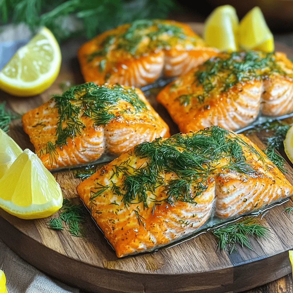 - 4 skin-on salmon fillets - 2 tablespoons extra virgin olive oil - 1 tablespoon fresh dill, finely chopped - 1 tablespoon fresh parsley, finely chopped - 1 teaspoon garlic powder - 1 teaspoon freshly grated lemon zest - Sea salt and freshly cracked black pepper, to taste - Lemon wedges, for serving Each serving of this air fryer salmon has about 250 calories. - Protein: 30 grams - Fat: 15 grams - Carbs: 0 grams Salmon is a great source of omega-3 fatty acids. These fats help your heart and brain stay healthy. It also has high-quality protein, which is good for your muscles. Eating salmon can boost your mood and support your immune system. This fish is not only tasty but also packed with nutrients! For the full recipe, you can refer to the detailed instructions above. 1. Preheating the air fryer: Start by preheating your air fryer to 400°F (200°C). This takes about 5 minutes. Preheating helps the salmon cook evenly and quickly. 2. Making the herb-infused marinade: In a small bowl, mix 2 tablespoons of extra virgin olive oil, 1 tablespoon each of chopped dill and parsley, 1 teaspoon of garlic powder, and 1 teaspoon of lemon zest. Add sea salt and black pepper to taste. Stir until it looks colorful and well mixed. 3. Preparing the salmon fillets: Use a paper towel to gently pat the salmon fillets dry. This step is key for getting a crispy skin. Once dried, brush the herb marinade on top of each fillet, making sure to cover them well. 1. Placement of salmon in the air fryer: Place the salmon fillets in the air fryer basket with the skin side down. Make sure there is space between each piece. This allows hot air to flow around them. 2. Optimal cooking time and temperature: Cook the salmon for 8 to 12 minutes. The time depends on how thick your fillets are. 3. Signs of doneness for salmon: The salmon is done when it turns opaque and flakes easily with a fork. If it looks shiny and soft, give it more time. This method gives you the perfect crispy herb-infused air fryer salmon. For the full recipe, check the earlier section. Enjoy your meal! To get that perfect crisp on your salmon, start by drying it well. Use a paper towel to gently pat the fillets. This step removes excess moisture. Moisture can lead to steaming instead of crisping. Next, avoid overcrowding the air fryer. Give each fillet space to breathe. If you stack them, they won’t cook evenly. If needed, cook in batches to keep the air flowing. You can experiment with herbs and spices for flavor. Instead of dill and parsley, try basil or thyme. A dash of paprika adds a nice kick. For deeper flavor, marinate your salmon longer. Even 30 minutes can make a big difference. Use the herb-infused marinade from the Full Recipe for the best results. {{image_4}} Want to switch things up? Here are three easy flavor ideas for air fryer salmon: - Lemon-Garlic Air Fryer Salmon: Mix lemon juice and minced garlic into the herb marinade. This adds zesty brightness and a savory kick. - Maple-Glazed Air Fryer Salmon: Swap olive oil for maple syrup in the marinade. This gives a sweet and smoky taste that pairs well with salmon. - Spicy Cajun Air Fryer Salmon: Add Cajun seasoning to the herb mix. This spices things up and makes your salmon stand out. To make your meal even better, consider these side dishes and pairings: - Best side dishes: Roasted asparagus, garlic mashed potatoes, or a fresh green salad. Each complements the salmon's rich flavor. - Pairing with sauces or dressings: Try a tangy dill sauce or a simple lemon vinaigrette. These add extra flavor and freshness to your dish. For the complete recipe, check the Full Recipe. Enjoy your air fryer salmon delight! To keep your leftover salmon fresh, first cool it down. Place the salmon in an airtight container. If you plan to eat it within three days, store it in the fridge. Make sure the fridge is at 40°F (4°C) or lower. For longer storage, freezing is a great option. Wrap the salmon tightly in plastic wrap and then place it in a freezer bag. This helps prevent freezer burn. You can freeze salmon for up to three months. When reheating salmon, aim for safe methods. The microwave works, but it can dry out the fish. Instead, try using the air fryer again. Set it to 350°F (175°C) and heat for about 3 to 5 minutes. This keeps the skin crispy and the fish tender. Another option is to reheat it in the oven. Heat the oven to 350°F (175°C) and place the salmon on a baking sheet. Cover it loosely with foil and heat for about 10 minutes. This method helps maintain both texture and flavor. Enjoy your tasty leftovers! It takes about 8 to 12 minutes to cook salmon in an air fryer. The time varies based on the thickness of the fillets. Thicker pieces may need a bit longer, while thinner ones cook faster. Always check for doneness by looking for opaque flesh that flakes easily with a fork. Yes, you can use frozen salmon fillets in the air fryer. Just add a few extra minutes to your cooking time. You should still check for doneness. Always ensure the salmon reaches a safe internal temperature of 145°F (63°C). Salmon should be cooked to an internal temperature of 145°F (63°C). This temperature ensures the salmon is safe to eat and remains moist. Use a meat thermometer for accuracy. Air-fried salmon is often crispier than baked salmon. It cooks faster and uses less oil. This method keeps the fish moist and tender. In contrast, pan-frying may require more oil and can lead to uneven cooking. Overall, air frying is a quick and healthy way to enjoy salmon. For the full recipe, check out the Crispy Herb-Infused Air Fryer Salmon. Cooking salmon in an air fryer is easy and fun. You learned how to prepare the dish, from marinating to cooking. We discussed flavor variations and serving ideas that enhance your meal experience. These tips will help you make the perfect air-fried salmon every time. Enjoy the health benefits and taste of this nutritious fish. Try this recipe, and you will impress your friends at dinner!