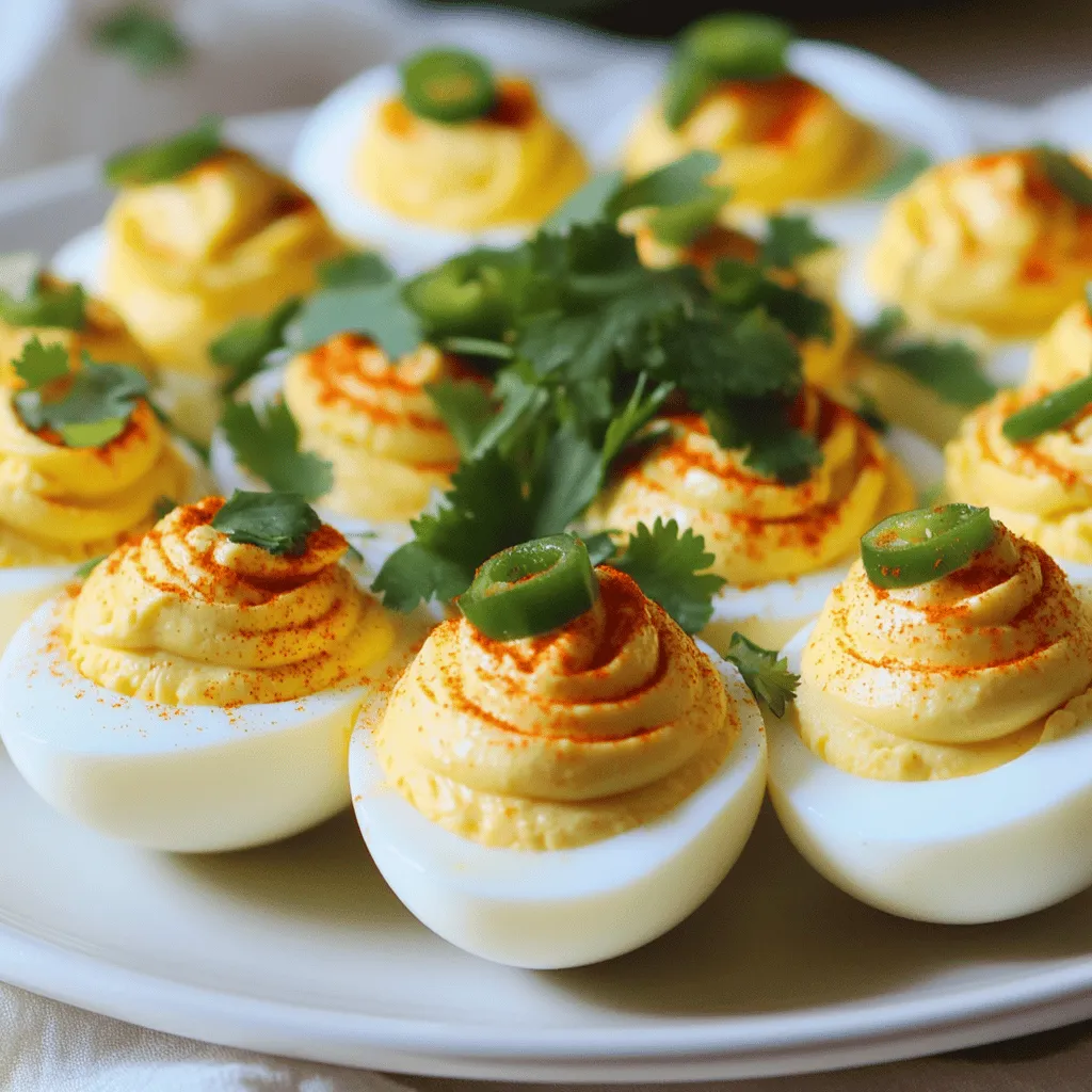 - 6 large eggs - 2 tablespoons mayonnaise - 1 teaspoon Dijon mustard - 1 teaspoon chili garlic sauce - 1 teaspoon garlic powder - ¼ teaspoon smoked paprika - Salt and pepper to taste - Fresh cilantro for garnish - Sliced jalapeños (optional) You can swap out mayonnaise for Greek yogurt or avocado. These options add creaminess and a unique flavor. If you want less heat, try a milder sauce like sweet chili sauce. For more spice, use sriracha or a hot sauce of your choice. Choosing fresh eggs is key. Look for eggs with a recent sell-by date. Fresh eggs peel easier and taste better. When it comes to spices, opt for high-quality garlic powder and smoked paprika. Fresh spices add depth to your dish. Always check the labels for the best quality. To boil the eggs, start with a medium pot. Place the eggs in a single layer. Cover them with cold water, ensuring it’s about an inch above the eggs. Heat the pot on medium-high until the water boils. Once it bubbles, cover the pot and take it off the heat. Let the eggs sit for 12-14 minutes for perfect hard-boiled eggs. This method gives you firm whites and creamy yolks. After the timer dings, transfer the eggs to a bowl of ice water. Let them chill for 5-10 minutes. This helps stop the cooking process and makes peeling easier. When they cool, gently tap each egg on a hard surface to crack the shell. Peel them under running water. The water helps remove any stubborn bits of shell, making your job simpler. Once peeled, slice each egg in half lengthwise. Carefully scoop the yolks into a bowl. Now, it's time to mix! Add the mayonnaise, Dijon mustard, chili garlic sauce, garlic powder, smoked paprika, and a pinch of salt and pepper. Use a fork or a hand mixer to blend until creamy. Taste the filling and adjust the spice or seasoning to fit your taste. If you want more heat, add a touch more chili garlic sauce. This part is all about making it your own! For the full recipe, check out the detailed steps above! To make great deviled eggs, start with fresh eggs. Fresh eggs peel better. Boil your eggs by placing them in a pot, covering them with cold water, and heating them to a boil. Once boiling, turn off the heat and cover the pot. Let the eggs sit for 12-14 minutes. This method helps keep the yolks creamy. If you boil them too long, the yolks will get dry and crumbly. When it comes time to fill the egg whites, you have choices. You can use a spoon or a piping bag. A piping bag gives a nice look and makes filling easier. Just cut a small hole in the bag’s tip. If using a spoon, mound the filling high for a fun look. Both methods work well, so pick what you prefer! You can make these deviled eggs even better by adding spices. Try adding a pinch of cumin for warmth or a dash of cayenne for heat. You may also mix in some crumbled bacon or diced avocado for extra flavor. Always taste the filling before you fill the eggs; adjust the spices to fit your taste. For the full recipe, check out the details above! {{image_4}} To make your deviled eggs milder or spicier, you can adjust the chili garlic sauce. If you prefer less heat, use only half a teaspoon. You can also mix in some extra mayonnaise to balance the spice. For a spicier kick, add more chili garlic sauce. Just remember to taste as you go. This way, you can find the perfect level for your guests. You can add fun ingredients to elevate your spicy deviled eggs. Crumbled bacon gives a nice crunch and savory flavor. Diced avocado adds creaminess and a fresh taste. Cheese like feta or sharp cheddar can make the filling rich and flavorful. Mix and match these items to find your favorite combinations. Each adds a unique twist to the classic recipe. Pair your spicy deviled eggs with some tasty sides. Fresh veggies like celery or bell peppers offer a nice crunch. You can also serve them with tortilla chips for a fun snack. If you're hosting a party, a colorful salad works great too. The bright flavors of these sides will complement your deviled eggs well and make your spread even more appealing. To keep your spicy chili garlic deviled eggs fresh, place them in an airtight container. This helps avoid drying out and keeps flavors intact. Store them in the fridge for up to three days. If you want to keep them looking nice, cover them with plastic wrap. Make sure the wrap does not touch the eggs. You can freeze deviled eggs, but it’s not the best choice. Freezing changes the texture. Instead, prepare the filling and freeze it in a container. You can store it for about a month. When ready to use, thaw the filling overnight in the fridge. Boil fresh eggs and fill them right before serving. This way, you get the best taste and texture. Reheating deviled eggs is simple. If they are cold from the fridge, let them sit at room temperature for about 15 minutes. This helps bring back some flavor. For a warm touch, you can place them in a preheated oven at 200°F for a few minutes. Watch them closely, so they don't dry out. Serve them fresh for the best bite! For the complete recipe, check out the Full Recipe section. Deviled eggs can last in the fridge for about three to four days. Store them in an airtight container. This keeps them fresh and safe to eat. After four days, they may not taste as good. Yes, you can make these deviled eggs ahead of time. Prepare them a day before your event. Just cover them and place them in the fridge. They will still taste great and save you time on the day. You can serve Spicy Chili Garlic Deviled Eggs with many tasty items. Here are a few ideas: - Fresh vegetable sticks (like carrots and celery) - Crispy tortilla chips - Light salads with vinaigrette - Sliced baguette with spreads These sides add color and flavor to your meal. Overcooked eggs have a few common signs. The yolks may turn greenish or gray around the edges. They can also have a chalky texture. To prevent this, cook eggs for 12-14 minutes only. Remove them from heat right away and cool them quickly in ice water. This helps avoid overcooking and keeps them creamy. This blog post covered everything you need for spicy chili garlic deviled eggs. We discussed essential ingredients and fun substitutes. I shared tips on boiling, cooling, and peeling eggs perfectly. You learned presentation techniques and flavor variations to make them your own. Remember, the right spices and fresh ingredients make all the difference. Enjoy experimenting with your own twist! With practice, your deviled eggs will always impress. Happy cooking!