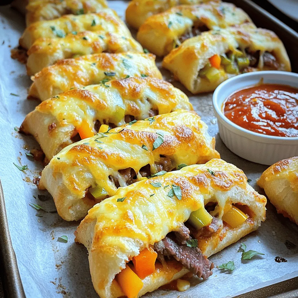 - 1 package of refrigerated pizza dough - 1 cup cooked steak, thinly sliced (ribeye or your preferred cut) - 1/2 cup bell peppers, diced (a vibrant mix of red and green) - 1/2 cup onion, diced - 1 cup provolone cheese, shredded - 1/2 cup mozzarella cheese, shredded - 2 tablespoons olive oil - 2 teaspoons garlic powder - 1 teaspoon Italian seasoning - Salt and pepper to taste - Marinara sauce for dipping Use fresh ingredients for the best flavor. Choose high-quality steak for a tender bite. I prefer ribeye, but any cut works. Dice bell peppers and onions into small pieces. This helps them cook fast and blend well. When choosing cheese, use a mix of provolone and mozzarella. This combo gives a rich, gooey texture. Don’t skip the olive oil; it adds a nice golden color and flavor. If you want to save time, use leftovers or pre-cooked steak. You can swap out the steak for chicken or turkey. For a veggie version, skip the meat and load up on more peppers and onions. Use any cheese you like; cheddar or Monterey Jack can work well. If you want to cut carbs, use cauliflower crust instead of pizza dough. Start by heating a medium skillet over medium heat. Add 2 tablespoons of olive oil. Once hot, toss in 1/2 cup of diced onion and 1/2 cup of diced bell peppers. Stir them often for about 4-5 minutes. You want them soft and fragrant. Next, add 1 cup of thinly sliced cooked steak to the pan. Mix it well with the veggies. Season the mixture with 2 teaspoons of garlic powder, 1 teaspoon of Italian seasoning, salt, and pepper. Cook for 2-3 more minutes to warm the steak. Remove the skillet from heat. On a lightly floured surface, roll out the pizza dough into a rectangle. Aim for a thickness of about 1/4 inch. Cut the dough into strips, each 3 inches wide. At one end of each strip, place a generous scoop of the steak mixture. Top it with a mix of 1 cup of shredded provolone cheese and 1/2 cup of shredded mozzarella cheese. Carefully roll the dough over the filling to create a stick. Pinch the ends to seal the filling inside. Line a baking sheet with parchment paper. Arrange the stuffed breadsticks on the sheet, leaving space between each one. Brush the tops with more olive oil. Sprinkle garlic powder on top for extra flavor. Preheat your oven to 400°F (200°C). Bake the breadsticks for 12-15 minutes. They should turn golden brown and puff up. Once they are done, take them out and let them cool for a couple of minutes. Enjoy them warm with marinara sauce for dipping. One common mistake is not cooking the vegetables long enough. You want the onions and peppers soft and sweet. If you skip this step, your breadsticks can taste bland. Another mistake is overstuffing the breadsticks. This can lead to a messy bake and spills. Keep the filling generous but not overflowing. Also, remember to seal the edges well. Unsealed breadsticks can burst open while baking. To get that gooey, cheesy center, use a mix of provolone and mozzarella. The provolone adds a rich flavor, while the mozzarella gives that perfect melt. Spread the cheese evenly over the filling. This ensures every bite is cheesy. Don’t forget to brush the tops with olive oil before baking. This step creates a golden and crispy crust. Marinara sauce is a classic choice for these breadsticks. It adds a nice tangy flavor. You can also try ranch dressing for a creamy twist. If you like heat, a spicy aioli works well too. For a fun twist, mix some garlic powder into your dipping sauce. This enhances the garlic flavor in your breadsticks even more. {{image_4}} You can switch up the meat in your breadsticks for fun. Try using cooked chicken or turkey. Both give a lighter taste. You could also use pulled pork for a smoky flavor. If you like bold tastes, thinly sliced lamb works well too. Each meat adds its own twist to the dish. You can make these breadsticks vegetarian by skipping the meat. Use a mix of mushrooms and zucchini for a savory bite. Spinach and artichokes also add great flavor. Just sauté the veggies until soft. Then, follow the same steps as the meat version. You still get a cheesy, tasty treat with this option. Adding spices and herbs can make your breadsticks pop. Try using smoked paprika for a smoky taste. A pinch of cayenne pepper adds some heat. You can also mix in fresh herbs like basil or chives for extra freshness. Don’t forget to add garlic powder for that classic taste. These little changes can make a big difference in flavor. Feel free to explore these ideas and find your favorite version! For the full recipe, check the recipe section above. To keep your leftover breadsticks fresh, place them in an airtight container. You can also wrap them in plastic wrap. Store them at room temperature for up to two days. If you want them to last longer, refrigerate them for up to a week. When you're ready to enjoy your breadsticks again, preheat your oven to 350°F (175°C). Place the breadsticks on a baking sheet and cover them with aluminum foil. Heat for about 10-15 minutes until warmed through. This method keeps them soft and tasty. You can also microwave them for 30 seconds, but they may turn chewy. If you want to freeze your breadsticks, wrap each one in plastic wrap. Then, place them in a freezer bag. They can stay frozen for up to three months. To eat, thaw them overnight in the fridge. Then, reheat them in the oven for that fresh-baked taste. Enjoy every cheesy bite! Philly Cheesesteak Stuffed Cheesy Breadsticks stay fresh for about 3 to 4 days in the fridge. Store them in an airtight container to keep them from drying out. If you want to enjoy them later, freezing is a great option. They can last up to 2 months in the freezer. Yes, you can make these breadsticks ahead of time. Prepare the filling and assemble the breadsticks, then cover and chill them in the fridge. Bake them fresh when you're ready to serve. This way, you can enjoy warm, cheesy goodness without the hassle. Serve Philly Cheesesteak Stuffed Cheesy Breadsticks hot and fresh from the oven. Pair them with marinara sauce for dipping. You can also add some crushed red pepper flakes for an extra kick. For a fun twist, sprinkle fresh herbs like parsley on top before serving. Enjoy this tasty treat with friends or family! To wrap it up, we explored how to make delicious Philly cheesesteak stuffed cheesy breadsticks. You learned about the key ingredients, and how to prep the steak and veggies. I shared tips to avoid common mistakes and suggested tasty pairings. You can also try variations, like different meats or a veggie-only option. Storing and reheating your leftovers is easy too. Enjoy these breadsticks anytime and impress your friends with your cooking skills!