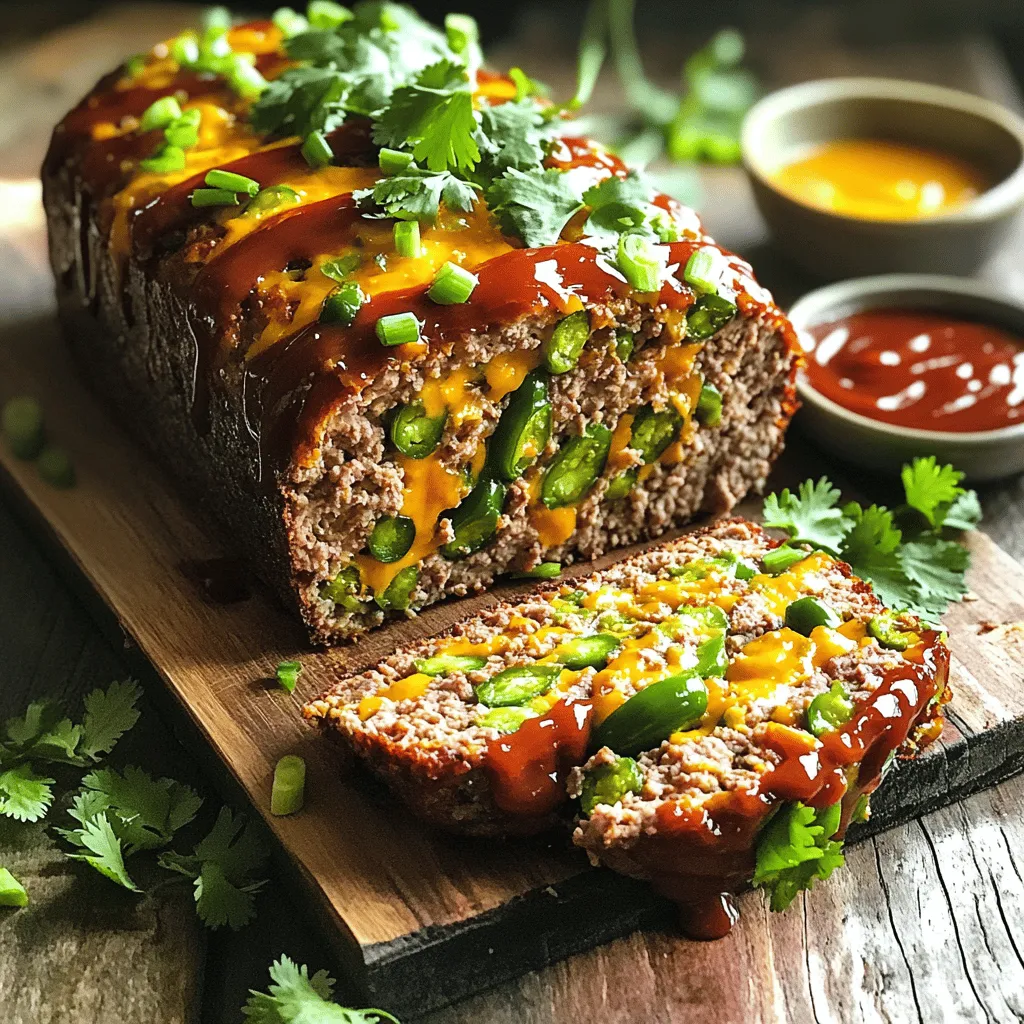 - 1 lb ground beef - 1/2 lb ground turkey - 1 cup crushed tortilla chips - 1/2 cup cream cheese, softened - 1 cup shredded sharp cheddar cheese - 1 fresh jalapeño pepper, finely diced - 1/2 teaspoon smoked paprika - 1 tablespoon Worcestershire sauce - 1 large egg - Salt and pepper, to taste - 1/2 cup ketchup (for glazing) - 2 tablespoons chopped green onions The key to a great Smoky Jalapeño Popper Meatloaf lies in its ingredients. You start with a mix of ground beef and turkey. This combo gives you a juicy and rich flavor. Next, you add crushed tortilla chips. They provide a nice crunch and help bind everything together. The cream cheese brings creaminess, while shredded sharp cheddar adds a delicious sharpness. The fresh jalapeño gives it that spicy kick. Adjust the amount based on your heat preference. Smoked paprika adds a deep, smoky flavor. Worcestershire sauce gives it a savory depth. Don't forget the egg. It helps bind the meatloaf, making it hold its shape. Lastly, season with salt and pepper to taste. For the topping, ketchup works perfectly. It caramelizes while baking, creating a sweet glaze. Finish with green onions for color and a fresh bite. Want to explore the full recipe? Check out the complete [Full Recipe]. - Preheat the oven to 350°F (175°C). - Prepare the loaf pan with cooking spray. - Combine ground beef and turkey in a bowl. - Add crushed tortilla chips, cream cheese, cheddar cheese, jalapeño, smoked paprika, Worcestershire sauce, egg, cilantro, salt, and pepper. In a large bowl, mix the ground beef and turkey well. This blend gives the meatloaf great flavor. Then, fold in crushed tortilla chips for crunch. The cream cheese adds richness, while the cheddar cheese offers a sharp taste. The diced jalapeño brings the heat, and smoked paprika adds a lovely smoky flavor. Don’t forget the Worcestershire sauce; it deepens the flavor. The egg binds the mix together, and fresh cilantro brightens it up. Use your hands to combine everything evenly. - Transfer the mixture into the loaf pan, shaping it. - Glaze with ketchup. - Bake for approximately 1 hour. After mixing, pack the meat mixture into the loaf pan. Shape it into a loaf form. This helps it cook evenly. Pour ketchup over the top. This will caramelize and make a tasty glaze. Place the pan in the oven and bake for about 1 hour. The meatloaf should reach an internal temperature of 160°F (70°C) to be safe to eat. - Allow to rest for 10 minutes after baking. - Garnish with chopped green onions. Once out of the oven, let the meatloaf rest for 10 minutes. This helps the juices settle. Slice it up and top with chopped green onions for a fresh touch. This step adds color and flavor, making your dish look great. Enjoy this Smoky Jalapeño Popper Meatloaf with your family or friends! For the complete recipe, check out the full recipe. To make your meatloaf moist and tasty, use a mixture of meats. I suggest combining ground beef and ground turkey. This blend gives great flavor and keeps the meatloaf juicy. You can also adjust the jalapeño amount. If you like it spicy, add more. For a milder dish, use less. A meat thermometer is your best friend here. It helps you ensure the meatloaf is cooked perfectly. Aim for an internal temperature of 160°F (70°C). After baking, let the meatloaf rest for about 10 minutes. This step helps the juices stay inside, making each slice deliciously juicy. Pair your Smoky Jalapeño Popper Meatloaf with side dishes for a complete meal. Roasted vegetables add color and flavor. Mashed potatoes provide a nice creamy contrast. You can also serve it with a fresh salad for a lighter touch. Explore these options to make your meal even more enjoyable! For the full recipe, check out the main section. {{image_4}} You can easily swap ingredients to suit your taste. Instead of ground beef, try ground pork or chicken. These meats offer different flavors and textures while still being delicious. For a lighter option, use low-fat cream cheese. This simple change reduces calories but keeps the creamy goodness. To add more flavor, consider incorporating diced bell peppers. They bring a sweet crunch. If you enjoy heat, spicy sausage works great too. You can also try different cheeses. Pepper jack cheese adds a nice kick and makes it even more exciting! If you need a gluten-free option, use gluten-free breadcrumbs in the meat mixture. This keeps the texture intact without gluten. For a vegan adaptation, use meat substitutes like lentils or chickpeas. Pair them with vegan cheese to keep the dish creamy and flavorful. Each variation allows everyone to enjoy Smoky Jalapeño Popper Meatloaf their way. Don't forget to check the Full Recipe for all the details! Store leftovers in an airtight container for up to 3 days. Keeping it sealed helps retain flavor. When you want a slice, just pull it out of the fridge. You can freeze uncooked meatloaf for future meals. Just shape it and wrap tightly before freezing. For cooked meatloaf, slice it first. This makes reheating quick and easy. Use freezer bags or containers for best results. Reheat in the oven for best texture. Set it to 350°F (175°C) and warm for about 20 minutes. This keeps the meatloaf juicy. If you need a quick meal, use the microwave. Heat in short bursts to avoid drying it out. Enjoy your flavorful comfort dish anytime! For the detailed recipe, check the Full Recipe section. Bake your meatloaf until it reaches an internal temperature of 160°F (70°C). This ensures the meat is safe to eat and juicy. Use a meat thermometer to check. It usually takes about 1 hour in a preheated oven set to 350°F (175°C). Yes, you can prepare the meatloaf ahead of time. Mix all the ingredients and store it in the refrigerator before baking. This makes meal prep easier. You can bake it the next day for a quick dinner. While smoked paprika adds a nice smoky flavor, you can omit it if you like. Regular paprika works as a good substitute. The dish will still be delicious without it. Adjust the spices to fit your taste. For the full recipe, check the earlier sections. This blog post covered the recipe for Smoky Jalapeño Popper Meatloaf. We explored ingredients like ground beef and turkey, cream cheese, and spices. Then, I shared step-by-step instructions for mixing, shaping, and baking. You learned tips for perfecting texture and optimal cooking. We also discussed variations and storage tips. Cooking can be fun and easy with this meatloaf. Enjoy trying different flavors and share it with family. This dish is sure to be a hit at any table.