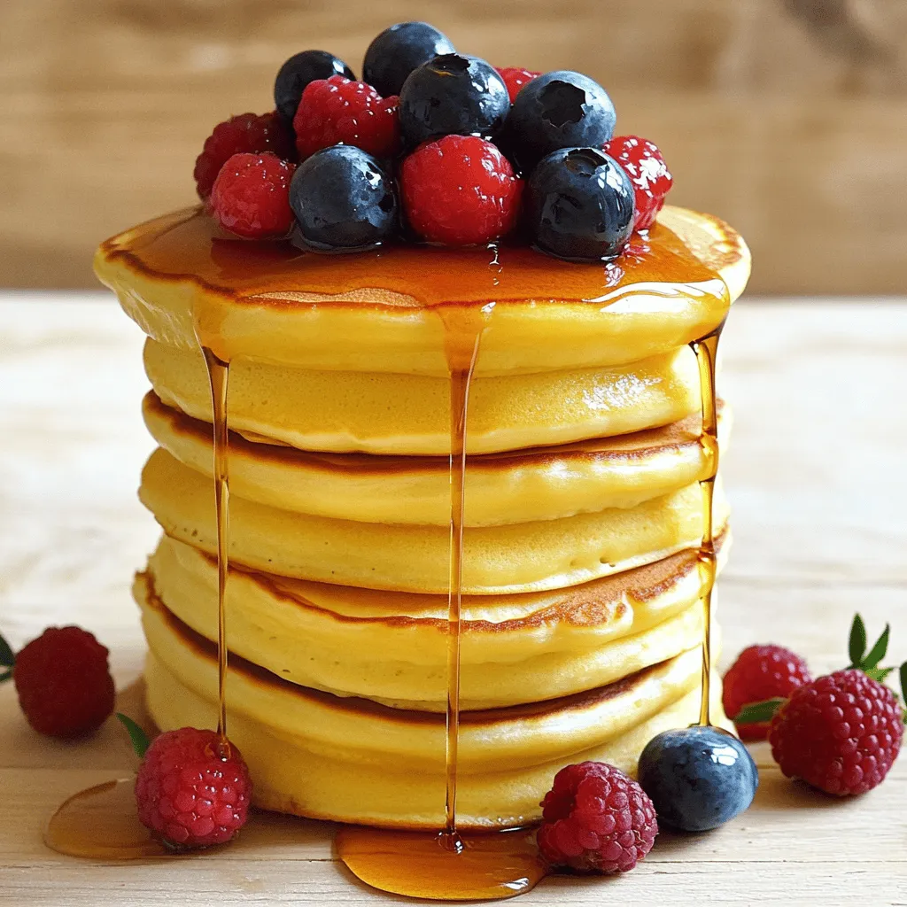 Here’s what you need for fluffy Japanese soufflé pancakes: - 2 large eggs, separated - 2 tablespoons granulated sugar - 1 tablespoon milk - 1/4 teaspoon vanilla extract - 1/4 teaspoon baking powder - 1/4 cup all-purpose flour - A pinch of salt - Butter, for greasing the pan - Maple syrup and fresh berries, for serving Each ingredient plays a role in creating the perfect pancake. The eggs are essential. They add structure and fluffiness. Granulated sugar not only sweetens but also aids in browning. Milk adds moisture, while vanilla extract gives a lovely aroma. Baking powder helps the pancakes rise. All-purpose flour makes the base, and salt enhances all the flavors. You can swap ingredients based on what you have. Use egg whites only for a lighter pancake. If you need a dairy-free option, try almond milk instead of regular milk. For a gluten-free version, substitute almond flour or gluten-free flour for the all-purpose flour. Each change will give a unique taste, so feel free to experiment! To make the batter, start with two large eggs. Separate the yolks from the whites. In a mixing bowl, whisk the yolks with two tablespoons of granulated sugar. Mix until the yolks look smooth and creamy. Next, add one tablespoon of milk and a dash of vanilla extract for flavor. Then, sift in 1/4 cup of all-purpose flour and 1/4 teaspoon of baking powder. Fold these dry ingredients into the yolk mixture gently. Be careful not to overmix; we want to keep it light and airy. Now, set this bowl aside. In another clean bowl, add the egg whites and a pinch of salt. Beat these with a mixer until soft peaks form. Gradually add the remaining sugar. Keep whisking until you see stiff peaks. This step is key for fluffy pancakes. Now, gently fold the whipped egg whites into the yolk mixture in three parts. Take your time with this step. You want to keep the air in the egg whites. This will give your pancakes that dreamy, fluffy texture. Preheat a non-stick skillet on low heat. Lightly coat it with butter. Then, take a ring mold or a large cookie cutter. Pour about 1/4 cup of batter into it, placed in the skillet. Cover the skillet with a lid. Let it cook for 4-5 minutes until the bottom turns golden brown. Once it's ready, carefully loosen the pancake from the mold with a spatula. Flip it over and cover again. Cook for another 4-5 minutes until it’s fully set. Repeat this process for the remaining batter, greasing the skillet as needed. Cooking at low heat is crucial. High heat may burn the pancakes outside while leaving them raw inside. If you notice the pancakes are browning too quickly, turn the heat down. Cover the skillet each time you cook. This helps trap the steam, making the pancakes rise higher. If you want extra fluffiness, you can add a tiny bit of baking powder. When serving, stack two or three pancakes high on a plate. Drizzle warm maple syrup over them and add fresh berries. For an elegant touch, dust with powdered sugar and add a sprig of mint. Enjoy this fluffy Japanese soufflé pancake experience! For more details, check the Full Recipe. To get that perfect fluffy texture, focus on the egg whites. Start by beating them until soft peaks form. This is key! Gradually mix in sugar while beating. When you reach stiff peaks, you know you're ready. Gently fold the egg whites into the yolk mixture. Use a spatula and be careful. This step is crucial for keeping air in the batter. One common mistake is overmixing the batter. This can make your pancakes dense. Remember, you want to be gentle when folding in the egg whites. Another mistake is using too high of heat. Cooking on low heat allows the pancakes to rise beautifully. Lastly, avoid skipping the lid while cooking. It helps to trap steam, making the pancakes light and fluffy. Using the right tools makes a big difference. A non-stick skillet is essential. It helps prevent sticking and ensures even cooking. A ring mold or cookie cutter is also helpful. It keeps the batter contained, allowing for that perfect shape. Lastly, a spatula with a thin edge helps lift the pancakes without damaging them. For the full recipe, refer to the Fluffy Japanese Soufflé Pancakes section. {{image_4}} You can add fun flavors to your fluffy pancakes. Try mixing in a bit of matcha powder for a green tea twist. For a fruity flavor, fold in some mashed bananas or blueberries into the batter. Want something zesty? Add a bit of lemon zest to the egg yolk mixture. Each flavor brings a fresh taste to your pancakes. These pancakes are great for breakfast or brunch. Stack them high for a special treat. You can serve them with a side of crispy bacon for a savory touch. If you want to impress guests, arrange the pancakes on a fancy plate and sprinkle some powdered sugar on top. You can even layer them with whipped cream for added charm. Toppings can change your pancake game. Instead of maple syrup, try drizzling honey or agave nectar for a different sweetness. Fresh fruit like strawberries, raspberries, or peaches adds color and flavor. For a rich touch, consider using chocolate sauce or nut butter. A scoop of ice cream on top makes it a dessert! For more ideas, check the Full Recipe. After enjoying your fluffy Japanese soufflé pancakes, let them cool to room temperature. Place any leftovers in an airtight container. This keeps them fresh and prevents dryness. Store the container in the fridge for up to two days. If you want to keep them longer, consider freezing them. When you’re ready to enjoy your pancakes again, reheating is key. For the best results, use a skillet. Heat it on low and add a little butter. Place the pancakes in the skillet and cover with a lid. Heat for about two minutes on each side. This method helps maintain their fluffy texture. You can also use a microwave, which is quicker, but may not keep them as fluffy. To freeze your pancakes, first, let them cool completely. Then, stack them with parchment paper between each pancake. Place the stack in a freezer-safe bag or container and seal it tightly. This prevents freezer burn and keeps them fresh. You can freeze the pancakes for up to a month. When you want to eat them, simply thaw in the fridge overnight before reheating. Enjoy your delicious pancakes anytime! Check out the Full Recipe to make these delightful treats. Fluffy Japanese soufflé pancakes are a light and airy treat. They are made with whipped egg whites, which create their famous fluffiness. These pancakes are thicker than regular pancakes and have a soft texture that melts in your mouth. You can stack them high and serve with syrup and berries. They are perfect for breakfast or brunch. Yes, you can make egg-free versions of these pancakes. There are many substitutes for eggs. You can use flaxseed meal mixed with water, or even applesauce. Each will give a different flavor and texture, but they can still be delicious. Just remember that the fluffiness might change without eggs. To boost flavor, try adding zest from a lemon or orange. You can also mix in spices like cinnamon or nutmeg. For a twist, use flavored extracts such as almond or coconut. Adding fresh fruit into the batter can also give it a nice, fruity taste. Enjoy experimenting with flavors to find your favorite! For the complete recipe, check out the Full Recipe. In this post, we covered how to make fluffy Japanese soufflé pancakes. We explored key ingredients, step-by-step cooking instructions, and tips for the perfect texture. You learned about substitutions and common mistakes to avoid. We also discussed flavor variations and how to store leftovers properly. Remember, these pancakes can impress anyone. With a bit of practice, you can create a delicious treat every time. Enjoy your cooking adventure!