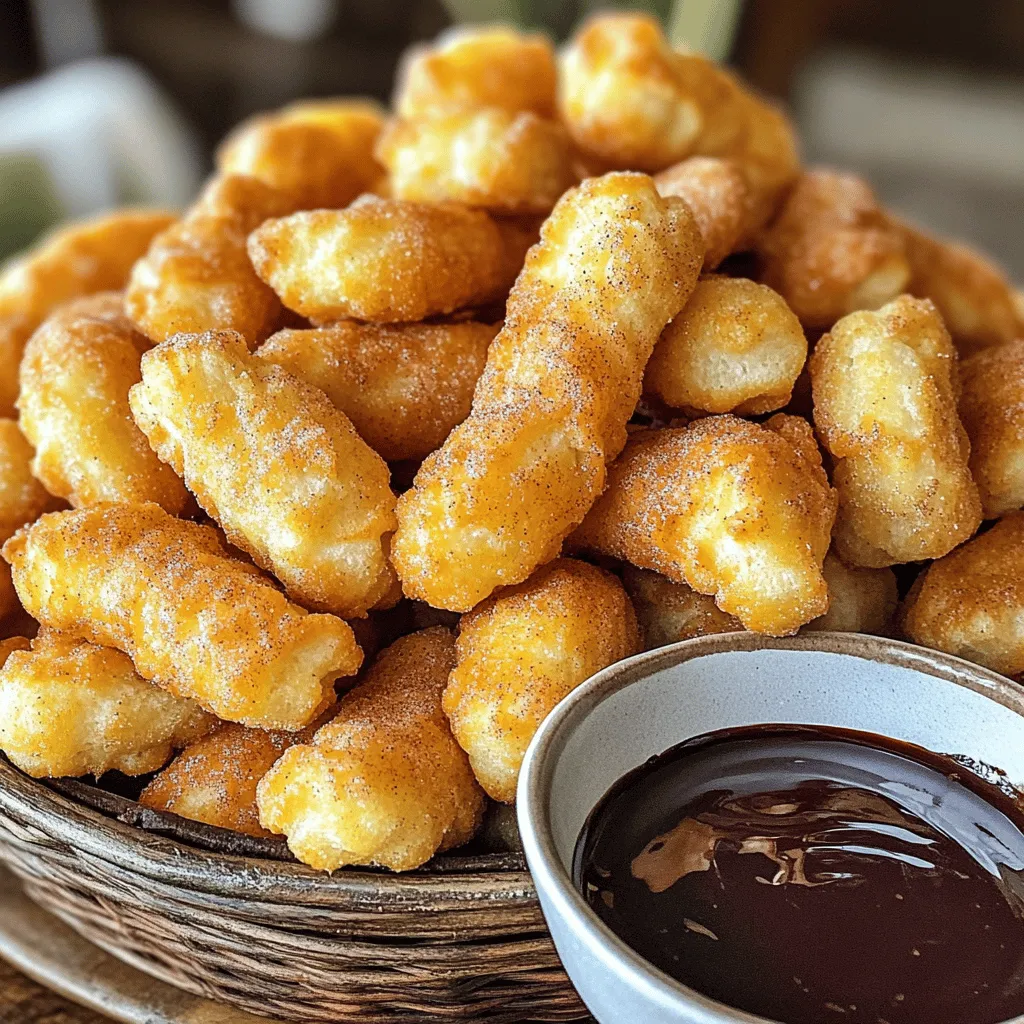 - 1 cup all-purpose flour - 1/2 teaspoon baking powder - 1/4 teaspoon salt - 1/4 cup unsalted butter, melted - 1/2 cup water - 1 tablespoon granulated sugar - 1/2 teaspoon ground cinnamon - Cooking spray - 1/2 teaspoon vanilla extract - 1/4 cup granulated sugar for coating You need simple ingredients for crispy air fryer churro bites. Start with all-purpose flour, baking powder, and salt. You also need unsalted butter and water to create the dough. Adding sugar gives it sweetness. Ground cinnamon adds the classic flavor we love in churros. Cooking spray helps create a crispy texture in the air fryer. For extra flavor, consider using vanilla extract. After cooking, coat the churro bites in a mix of sugar and cinnamon for that sweet finish. These ingredients work together to make a tasty treat that is easy to enjoy. For the full recipe, check out the recipe section. 1. Start by whisking the dry ingredients. In a bowl, mix 1 cup of all-purpose flour, 1/2 teaspoon of baking powder, and 1/4 teaspoon of salt. This step helps to evenly combine everything. 2. Next, combine the wet ingredients. In a saucepan, melt 1/4 cup of unsalted butter. Add 1/2 cup of water and 1 tablespoon of granulated sugar. Heat this mixture over medium heat until it simmers. Remove it from heat and stir in 1/2 teaspoon of vanilla extract. 3. Now, add the flour mixture to the saucepan. Stir it with a wooden spoon until a dough forms and pulls away from the sides. 1. Preheat your air fryer to 375°F (190°C) for 5 minutes. This step is key for getting that crispy texture. 2. Pipe small churro bites onto a parchment-lined tray or directly into the air fryer basket. Each piece should be about 1.5 inches long. Make sure they are spaced apart. 3. Lightly spray the churro bites with cooking spray. This helps them crisp up nicely. 4. Air fry the churros for 8-10 minutes. Flip them halfway through cooking to ensure they brown evenly and get crispy all around. 1. While the churros cook, prepare the coating. In a bowl, mix 1/4 cup of granulated sugar with 1 teaspoon of ground cinnamon. 2. Once the churro bites are done, remove them from the air fryer. Immediately toss them in the cinnamon-sugar mixture. Make sure each bite gets fully coated for the sweetest finish. For the full recipe, check out the detailed instructions above! For churro bites, dough consistency is key. The dough should be thick but smooth. If it feels too runny, your churros will not hold their shape. If it’s too dry, they will be tough. Mix well until you get a nice, cohesive dough. Cooling the dough before piping is also important. Let it cool for about 5 minutes after cooking. This step makes the dough easier to handle. It helps keep your churros from spreading too much when you pipe them. To make your churro bites even more appealing, serve them in a cute basket. Use parchment paper to line the bottom. This adds a rustic touch. Pair your churros with dipping sauce for extra flavor. Chocolate sauce is a classic choice. You can also try caramel for a sweet twist. For a fun touch, sprinkle some extra cinnamon-sugar on top before serving. It makes them look even more delicious! For the full recipe, check the details above! {{image_4}} You can easily boost the flavor of your churro bites. Try adding chocolate or caramel for a sweet twist. Simply melt chocolate chips or warm up caramel sauce. Dip the churro bites in these after cooking. This makes for a fun treat! Another idea is to spice up your churros. You can mix spices like nutmeg or allspice into the dough. This adds a warm flavor that pairs well with the cinnamon. Spiced churro bites are great for fall or winter. If you want a healthier version, consider using gluten-free flour. This keeps the texture similar but makes it safe for those with gluten issues. You can find gluten-free all-purpose flour at most stores. You can also reduce the sugar in the dough. Use half the amount of granulated sugar. This still gives a nice taste without too much sweetness. You can also substitute with natural sweeteners like honey or maple syrup. For the coating, you can use less sugar too. Just sprinkle a little cinnamon on top for flavor. These changes keep your churro bites tasty and a bit healthier. For the complete recipe, check the [Full Recipe]. To keep your crispy churro bites fresh, use an airtight container. This helps maintain their crunch. You can store them in the fridge for up to three days. If you want to keep them longer, freeze them for up to a month. Just make sure to separate them with parchment paper. This way, they won’t stick together. When it's time to enjoy your churro bites again, you have two great options. You can use the oven or the air fryer. - Oven Method: Preheat your oven to 350°F (175°C). Place the churro bites on a baking sheet. Heat them for about 5-7 minutes, or until they are warm and crispy. - Air Fryer Method: Preheat your air fryer to 350°F (175°C). Place the churro bites in the basket. Heat them for about 3-5 minutes. This method keeps them crispy and delicious. Enjoy your tasty treats! For the full recipe, check out the detailed section above. Crispy churro bites can last up to three days when stored properly. Keep them in an airtight container at room temperature. If you want them to last longer, you can freeze them. Just remember to separate them with parchment paper before freezing. This keeps them from sticking together. Yes, you can make churro bites without an air fryer. You can deep fry them in hot oil. Heat oil to 350°F (175°C) in a large pot. Carefully drop in your churro dough and fry until golden brown. This method gives a different texture but is just as tasty. You can serve churro bites with many tasty dips. Chocolate sauce and caramel sauce are popular choices. For a twist, try a creamy vanilla dip. You can also sprinkle some extra cinnamon-sugar on top before serving. This adds extra sweetness and makes them look pretty too. For the complete recipe, check out the Full Recipe link. Making churro bites is simple and fun. We covered the essential and optional ingredients needed to create these treats. You learned step-by-step instructions for preparing, cooking, and coating churros for that perfect crunch. I shared tips to enhance flavor and texture, plus tasty variations to suit your taste. For storage, proper practices help keep leftovers fresh. Enjoy your churro bites with dipping sauces or pairings. Now, get creative and have fun in the kitchen!