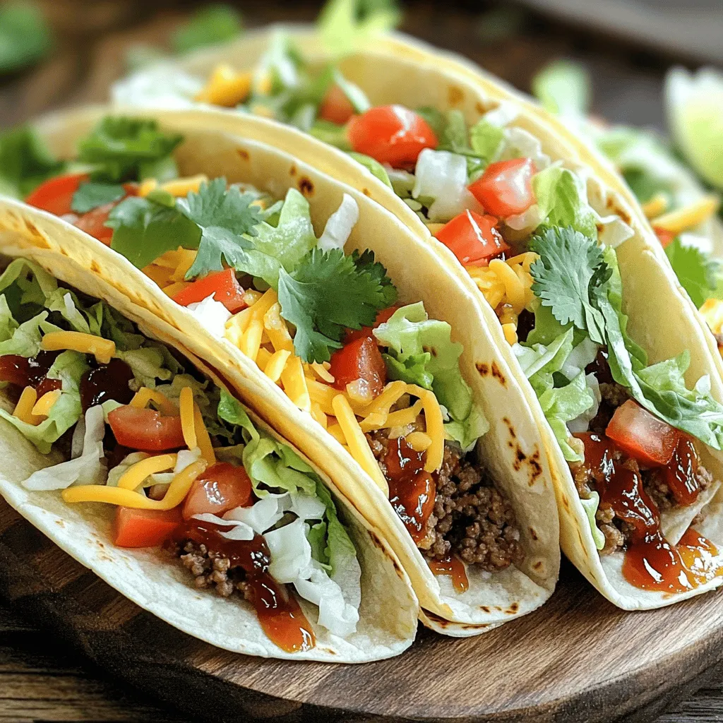 - 1 lb ground beef - 4 cloves garlic, minced - 3 tablespoons unsalted butter - 1/4 cup honey - 1/2 cup BBQ sauce - 1 teaspoon smoked paprika - 1 teaspoon chili powder - Salt and pepper to taste - 8 small taco tortillas - 1 cup shredded lettuce - 1 cup diced tomatoes - 1/2 cup shredded cheddar cheese - Fresh cilantro for garnish - Lime wedges for serving Gather these ingredients before you start cooking. Quality ground beef makes a big difference in flavor. I like to use fresh garlic because it adds a nice punch. Unsalted butter gives you more control over the salt levels in your dish. Honey balances the savory flavors and adds a hint of sweetness. For the BBQ sauce, feel free to select your favorite brand. Smoked paprika and chili powder enhance the taste with warmth and depth. Fresh toppings, like lettuce and tomatoes, provide crispness and freshness. Shredded cheese adds creaminess, while cilantro and lime give a burst of flavor. This recipe is not just tasty; it’s simple and fun to make. The mix of flavors will make your tacos unforgettable. You can find the full recipe to guide you through the steps. - First, melt 3 tablespoons of unsalted butter in a large skillet over medium heat. - Once the butter is melted, add 4 cloves of minced garlic. Sauté for 1-2 minutes until fragrant, but do not let it brown. - Next, add 1 pound of ground beef to the skillet. Season it with 1 teaspoon of smoked paprika, 1 teaspoon of chili powder, salt, and pepper. - Cook the beef for about 5-7 minutes. Stir it often and break it into small pieces. You want it browned and fully cooked. - After the beef is cooked, reduce the heat to low. - Stir in 1/4 cup of honey and 1/2 cup of your favorite BBQ sauce. Make sure the beef is well coated. - Let this mixture simmer for 2-3 minutes. This helps all the flavors blend together nicely. - While your beef is simmering, warm 8 small taco tortillas in another skillet or the microwave. Make them soft and pliable. - Now, take a tortilla and add a scoop of the honey BBQ beef mixture. - Top it with shredded lettuce, diced tomatoes, and shredded cheddar cheese. - To finish, sprinkle fresh cilantro on top and add a squeeze of lime juice for extra flavor. For the complete recipe, check out the [Full Recipe]. How to avoid overcooking garlic To keep garlic from burning, cook it on medium heat. Add the minced garlic after the butter melts. Stir it often for 1-2 minutes. You want it fragrant, not brown. Burned garlic tastes bitter, which is not what you want. Best practices for browning ground beef Start with a hot skillet. This helps the beef brown nicely. Break the beef apart with a spatula. Cook it for about 5-7 minutes, stirring often. Look for a rich, brown color. This step builds flavor in your tacos. Suggestions for BBQ sauce types Choose a BBQ sauce that fits your taste. Sweet sauces work well with honey. If you like a kick, try spicy BBQ sauces. You can even mix different sauces for unique flavors. Experiment to find your perfect blend! Adding extra spices for more depth Spices can enhance your beef's flavor. Consider adding cumin or cayenne for warmth. You might also try onion powder for a savory note. Just a pinch can make a big difference. Taste as you go to find your balance. Ways to arrange tacos on a platter For a fun look, arrange tacos in a circle. This makes it easy for guests to grab one. Use a colorful platter to make the meal pop. Don’t forget to add lime wedges around the tacos for extra flair. Creative serving suggestions Serve each taco with a side of extra BBQ sauce. This lets everyone add their favorite amount. You can also offer toppings like avocado or jalapeños. This way, guests can customize their tacos. Enjoy your delicious creations! For the complete recipe, check the Full Recipe section. {{image_4}} You can switch up the meat in these tacos. Ground turkey or chicken works great. They give you a lighter option while keeping the taste. If you want a vegetarian style, try beans or tofu. Black beans add protein and flavor. Tofu absorbs the garlic and BBQ sauce well. Feel free to play with BBQ sauce flavors. A sweet and smoky sauce can add depth. You can also try spicy sauces for a kick. Adding jalapeños can spice things up even more. Just slice them thin and mix them in. Your tacos will have a fun surprise! If you need gluten-free options, look for corn tortillas. They hold the beef mixture nicely. For a low-carb choice, use lettuce wraps instead. They are fresh and crunchy. You can still enjoy the same tasty filling without the carbs. Tacos can be flexible for everyone! For the full recipe, check out the Garlic Butter Honey BBQ Beef Tacos. To keep your Garlic Butter Honey BBQ Beef Tacos fresh, store them properly. First, place any leftover tacos in a sealed container. Refrigerate them within two hours of cooking. This helps avoid bacteria growth. If you have extra beef mixture, store it in a different container. This keeps the texture of the tacos nice. Reheating tacos can be tricky. To keep your tacos from getting soggy, try these methods. You can warm them in the oven at 350°F for about 10 minutes. If you prefer the microwave, heat them for 30 seconds at a time. Check often to avoid overcooking. For the beef mixture, use a skillet over low heat. Stir it often until it warms up. Yes, you can freeze the beef mixture! Just let it cool first. Then, place it in an airtight container. This will keep it fresh for up to three months. When you’re ready to use it, thaw it in the fridge overnight. To freeze tacos, wrap each one in foil. Thaw them in the fridge before reheating. This keeps them tasty and safe. For the full recipe, check the details above! To make these tacos, start by melting butter in a skillet. Add minced garlic and cook it briefly. Then, add ground beef and season it. Cook until it’s browned. Mix in honey and BBQ sauce. Let it simmer for a few minutes. Warm your tortillas and fill them with the beef mix. Top with lettuce, tomatoes, and cheese. Garnish with cilantro and lime juice. For the full recipe, check out the detailed instructions above. Yes, you can swap beef for other meats. Ground turkey or chicken works well. For a vegetarian option, try black beans or tofu. These alternatives keep the flavor tasty and fun. Just adjust cooking times based on the meat you choose. These tacos pair nicely with several sides. Consider serving them with fresh guacamole or corn salsa. Chips and a tangy dip also make a great snack. For drinks, try a light beer or a refreshing lemonade. These choices enhance the taco experience. Making these tacos is quick and easy. Prep time is about 10 minutes. Cooking takes around 15 minutes. In total, you’ll spend about 25 minutes from start to finish. Perfect for a busy weeknight meal! In this article, we explored how to make Garlic Butter Honey BBQ Beef Tacos. We covered the main ingredients, including ground beef, garlic, and honey. You learned step-by-step instructions for preparing the beef and assembling the tacos. I shared tips to enhance flavor and gave options for variations. Whether you cook for one or many, these tacos are easy and tasty. Embrace these ideas and make your next meal fun and delicious. Enjoy your cooking adventure!