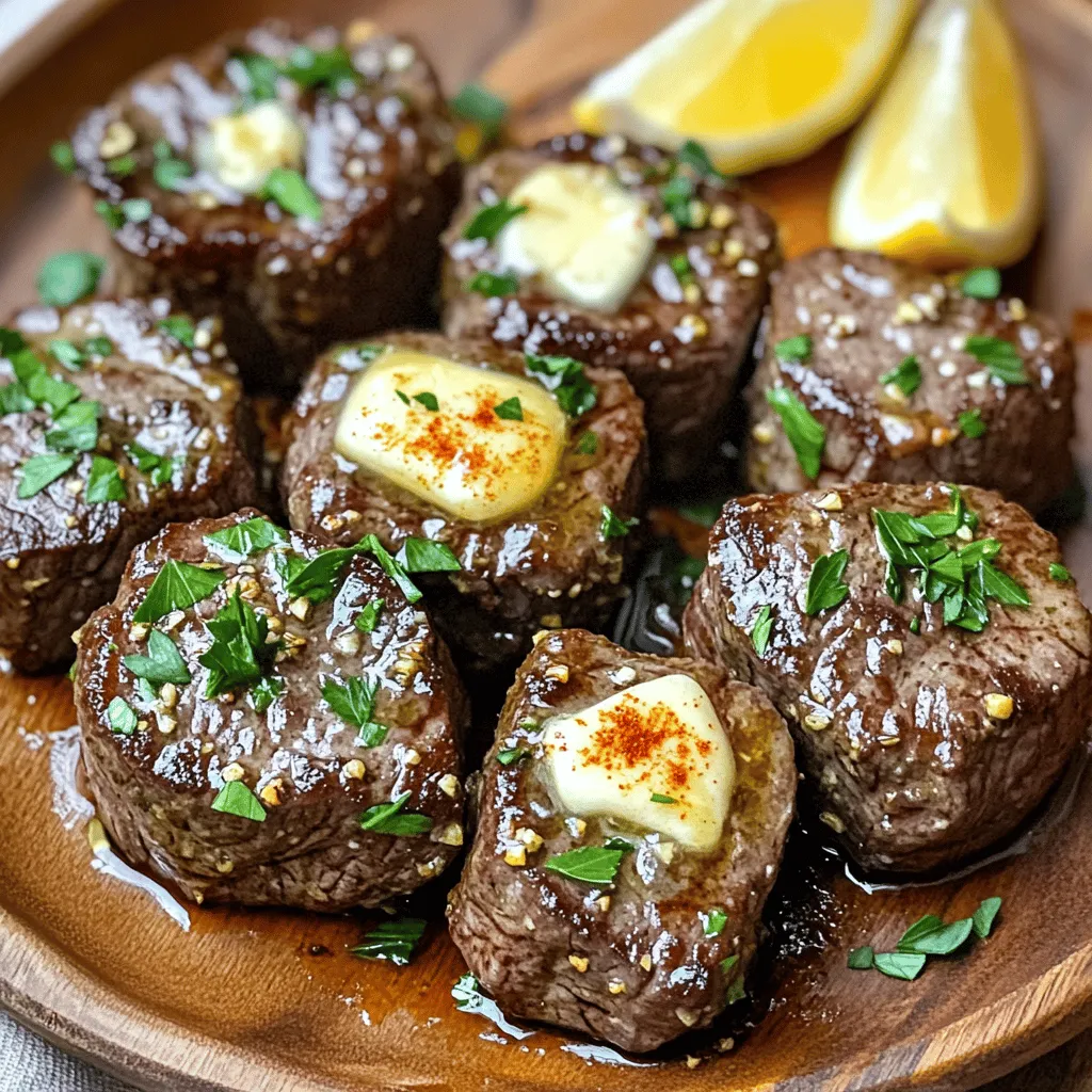 - 1 lb filet mignon or sirloin steak, cut into 1-inch cubes - 4 tablespoons unsalted butter, melted - 4 cloves garlic, minced - 1 tablespoon fresh parsley, finely chopped - 1 teaspoon salt - ½ teaspoon black pepper - 1 teaspoon smoked paprika - 1 tablespoon olive oil - Optional: Fresh lemon wedges, for serving To create the best Air Fryer Garlic Butter Steak Bites, you need just a few quality ingredients. Start with good cuts of meat. Filet mignon gives a nice tender bite. Sirloin also works well if you prefer. Butter is key in this recipe. Use unsalted butter, so you can control the salt. The garlic adds a rich flavor. Fresh garlic is best, but you can use pre-minced if you are short on time. The parsley adds a fresh touch to the dish. It gives a nice color too. Salt and black pepper season the steak, while smoked paprika adds a hint of smokiness. Do not forget olive oil! It helps prevent sticking in the air fryer. Lastly, fresh lemon wedges are optional but great for adding a zesty finish. - Air fryer - Mixing bowl - Measuring spoons - Cutting board - Knife Having the right tools makes cooking easier. An air fryer is a must for this recipe. It cooks the steak bites quickly and evenly. A mixing bowl helps combine your marinade well. You will need measuring spoons for accuracy. A cutting board and knife are essential for cutting the steak into cubes. These tools make the cooking process smooth and enjoyable. Once you have everything ready, you can focus on making these tasty steak bites. For the full recipe, check out the detailed instructions. To start, you will need to combine melted butter and minced garlic in a bowl. This mix gives your steak bites a rich flavor. Next, add chopped parsley, salt, black pepper, and smoked paprika. Stir the mix well so the flavors blend nicely. Now, take your cubed steak and toss it in the marinade. Make sure each piece is fully coated. For the best taste, let it marinate for 15 to 30 minutes. This will let the flavors soak in. While the steak marinates, it’s time to prep your air fryer. Preheat it to 400°F (200°C). This step helps cook the steak bites evenly. Once heated, drizzle olive oil in the air fryer basket. This will keep the steak from sticking during cooking. When the air fryer is ready, arrange the marinated steak bites in a single layer in the basket. Avoid crowding them; this helps them cook better. Air fry the steak bites for 8 to 10 minutes, shaking the basket halfway through. To check for doneness, use a meat thermometer. For medium-rare, aim for 130°F (54°C). Once they are done, carefully take the bites out of the air fryer. Let them rest for a couple of minutes. This allows the juices to settle. For serving, warm steak bites look great on a plate. You can drizzle any leftover garlic butter over them for extra flavor. Enjoy your savory garlic butter steak bites! For the full recipe, see above. Use a meat thermometer to check the steak. This tool helps you get it just right. For medium-rare, aim for 130°F (54°C). Adjust cooking time based on how you like your steak. For well-done, aim for 160°F (71°C). Remember, cooking times may vary based on the size of your steak bites. Marinating the steak bites is key. I recommend marinating for 15 to 30 minutes. This short wait helps the flavors blend well. For deeper flavor, marinate overnight in the fridge. The longer the steak sits in the garlic butter, the tastier it will be! Presentation matters! Garnish with fresh parsley for color. Add lemon wedges around the plate for brightness. You can serve the steak bites on a rustic wooden platter or stylish white plates. Drizzle any leftover garlic butter on top for added flavor. This makes the dish look great and taste even better. {{image_4}} You can change up the flavor of your steak bites easily. Try using herbs like rosemary, thyme, or oregano. Each herb brings its own taste. Rosemary adds a fresh, woodsy note. Thyme offers a subtle earthiness. Oregano gives a bright, peppery kick. You can also swap out spices for extra flavor. Add some chili powder for heat or cumin for a warm, nutty taste. The options are endless! If you want to try different cuts, consider ribeye or flank steak. Ribeye is rich and tender, with lots of marbling. Flank steak is leaner and has great flavor but can be chewier. Each cut will change the cooking time. Ribeye may need less time, while flank might need a bit longer. Remember to adjust your air fryer time based on the cut you choose! You can adapt this recipe to fit your needs. For a gluten-free option, ensure the spices and butter are gluten-free. If you want a dairy-free version, use a plant-based butter. You can also pair your steak bites with low-carb sides. Think of serving them with a fresh salad or sautéed veggies. This keeps your meal light but still full of flavor. To store leftovers, place them in an airtight container. This keeps the steak bites fresh. They can last in the fridge for 3 to 4 days. Make sure they cool down before sealing the container. For best results, freeze cooked steak bites after they cool. Use a freezer-safe bag or container. Squeeze out excess air to prevent freezer burn. They can last up to 3 months in the freezer. When ready to eat, thaw them in the fridge overnight before reheating. To reheat, use an air fryer for best results. Set it to 350°F (175°C) and cook for about 5 minutes. You can also use the microwave, but it may make the steak less crispy. If using a microwave, cover the steak with a damp paper towel. This helps keep the moisture in. Always check to ensure they are warm all the way through, but avoid overcooking. Yes, you can use frozen steak for this recipe. However, there are some things to think about. Frozen steak takes longer to cook. You will need to adjust the air frying time. On the plus side, frozen steak can be more tender if cooked right. It also keeps well in the freezer, so it’s handy. But fresh steak usually has better flavor and texture. If you can, use fresh steak for the best taste. To check if the steak bites are done, use a meat thermometer. For medium-rare, aim for 130°F (54°C). For medium, look for 140°F (60°C). If you like your steak well-done, go for 160°F (71°C). You can also check the texture. It should feel firm but springy. The color is key, too. Medium-rare will look pink inside, while well-done will be brown throughout. You can cook steak bites in a skillet or oven. For a skillet, heat oil in a pan over medium-high heat. Cook the steak bites for 3 to 4 minutes on each side. For the oven, preheat it to 400°F (200°C). Spread the steak bites on a baking sheet and cook for about 10 to 12 minutes. Both methods work well, but an air fryer gives a nice crispness that’s hard to beat. For the full recipe, check out the details above. This blog post gave you a clear guide to making delicious steak bites. We covered the ingredients, tools, marinating, and cooking techniques. Don’t forget the tips to ensure perfect doneness and enhance flavors. You can even explore variations and storage options. When done right, these steak bites will be a hit at your table. So, gather your ingredients and tools, and enjoy cooking! You’ll impress everyone with your tasty results in no time.