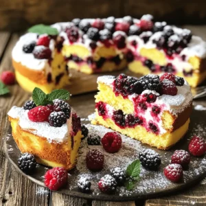 To make this Easy Berry Cake, you need simple, fresh items. Here is a list of the essential ingredients: - 1 cup all-purpose flour - 1 teaspoon baking powder - 1/2 teaspoon baking soda - 1/4 teaspoon salt - 1/2 cup unsalted butter, softened - 1 cup granulated sugar - 2 large eggs - 1 teaspoon pure vanilla extract - 1/2 cup buttermilk (or milk with vinegar) - 1 cup mixed fresh berries These ingredients come together to create a delicious cake that everyone will love. Berries add a burst of taste to your cake. I recommend using a mix of berries for the best flavor. Here are some great choices: - Strawberries - Blueberries - Raspberries Each berry brings its own unique taste. Strawberries offer sweetness, while blueberries add a hint of tartness. Raspberries give a lovely zing and bright color. Want to change things up? You can easily customize your cake with a few optional ingredients. Here are some ideas: - Lemon zest for a fresh scent - Chopped nuts for crunch - A splash of almond extract for depth These options let you create a cake that matches your taste. You can explore different combinations and make this Easy Berry Cake uniquely yours. For the complete recipe, check the Full Recipe section. Start by getting your kitchen ready. Preheat your oven to 350°F (175°C). Grab a 9-inch round cake pan. Grease it with butter and dust it with flour. This helps the cake come out easily. If you prefer, you can line the bottom with parchment paper. Take a medium bowl. Add 1 cup of all-purpose flour, 1 teaspoon of baking powder, 1/2 teaspoon of baking soda, and 1/4 teaspoon of salt. Whisk these ingredients together. Mixing them well ensures they spread evenly in the cake. In a large bowl, put 1/2 cup of softened unsalted butter and 1 cup of granulated sugar. Using an electric mixer, beat them together. Mix until the mixture is light and fluffy. This should take about 3 to 4 minutes. The air you whip in makes your cake soft. Now it’s time for the berries! Take 1 cup of mixed fresh berries like strawberries, blueberries, and raspberries. After mixing your batter, gently fold the berries in. Use a spatula to lift and turn the batter. Be careful not to mash the berries. You want them whole for a beautiful cake. Follow these steps closely for a delightful Easy Berry Cake. For the full recipe, check out the complete instructions. Baking time is key for a moist cake. For the Easy Berry Cake, set your timer for 25 to 30 minutes. Check for doneness using a toothpick. Insert it into the center; it should come out clean. If it’s not ready, bake for a few more minutes. Keep an eye on it to avoid drying out. Mixing is important, but too much can hurt the cake. When adding dry ingredients, stir gently. Use a spatula to fold instead of a mixer. Stop mixing as soon as you see no dry flour. This keeps your cake light and fluffy. Sometimes, things may not go as planned. If your cake is too dense, you might have overmixed. If it sinks in the middle, check your oven temperature. An oven thermometer can help ensure accurate heat. If it’s too dry, you may have baked it too long. Remember, every oven varies! {{image_4}} You can make the Easy Berry Cake gluten-free by using almond flour or a gluten-free blend. These options work well in this recipe. Substitute the all-purpose flour with 1 cup of your chosen gluten-free flour. This variation keeps the cake tasty and light. Just ensure your baking powder is gluten-free too. For a fresh twist, try adding citrus zest. Lemon or orange zest brightens the cake’s flavor. Use about 1 tablespoon of zest for a subtle kick. Mix it in when you combine the butter and sugar. This little change makes a big difference in taste. Feel free to mix and match berries. Strawberries, blueberries, raspberries, and blackberries all work well. You can use just one type or a blend. Each berry brings its own flavor. For a fun twist, try adding peaches or cherries. These fruits add sweetness and color. Using seasonal berries enhances freshness too. Enjoy experimenting! To keep your berry cake fresh, store it in an airtight container. This prevents it from drying out. Keep the cake at room temperature for up to three days. If you live in a warm area, refrigerate it to stay safe. Always place a piece of wax paper between the cake and the lid. This helps avoid sticking. If you want to save your cake for later, freezing works well. First, let the cake cool completely. Slice it into portions for easy thawing. Wrap each slice in plastic wrap. Then, put the wrapped slices in a freezer bag. Label the bag with the date. You can freeze it for up to three months. When you're ready to eat, just thaw in the fridge overnight. For the best taste, reheat your cake gently. Preheat your oven to 350°F (175°C). Place a slice on a baking sheet. Heat for about 10 minutes. This warms the cake without drying it out. You can also use a microwave. Heat for 15-20 seconds on medium power. Enjoy your warm cake with a dusting of powdered sugar for a treat! You can add chocolate chips or a rich frosting. A cream cheese frosting pairs well too. You can also drizzle some melted chocolate on top. For a unique twist, try adding a layer of whipped cream between the cake and berries. This makes each bite extra special. Yes, frozen berries work well in this cake. They are easy to find and taste great. Just remember to thaw and drain them first. This helps keep your cake from getting soggy. Also, mix them in gently to avoid breaking them up. If you don’t have buttermilk, use regular milk. Mix 1/2 cup of milk with 1/2 tablespoon of vinegar. Let it sit for about five minutes. This will mimic the tangy taste of buttermilk. You can also use plain yogurt or sour cream as substitutes. This cake lasts about three days at room temperature. Keep it in an airtight container to keep it fresh. If you want it to last longer, store it in the fridge. It will stay good for about a week when chilled. Yes, you can bake the cake a day before your event. Just let it cool completely before wrapping it. Store it in an airtight container. You can frost it the day you serve it for the best flavor. You can also freeze it for longer storage. This blog post shares how to make an easy berry cake. We covered the best ingredients, mixing methods, and baking tips. I shared options to change flavors and how to store it. You can also find answers to common questions. Baking should be fun and creative. Use this guide to enjoy making your cake. With practice, you'll become skilled and confident in the kitchen. Happy baking!