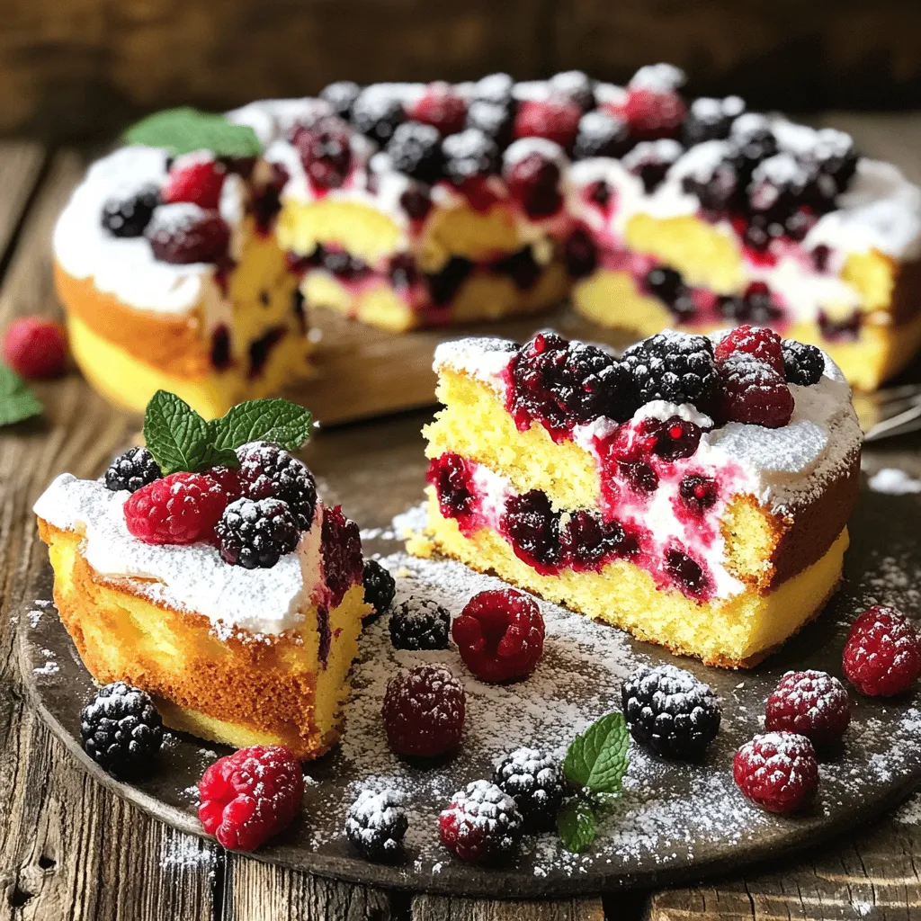 To make this Easy Berry Cake, you need simple, fresh items. Here is a list of the essential ingredients: - 1 cup all-purpose flour - 1 teaspoon baking powder - 1/2 teaspoon baking soda - 1/4 teaspoon salt - 1/2 cup unsalted butter, softened - 1 cup granulated sugar - 2 large eggs - 1 teaspoon pure vanilla extract - 1/2 cup buttermilk (or milk with vinegar) - 1 cup mixed fresh berries These ingredients come together to create a delicious cake that everyone will love. Berries add a burst of taste to your cake. I recommend using a mix of berries for the best flavor. Here are some great choices: - Strawberries - Blueberries - Raspberries Each berry brings its own unique taste. Strawberries offer sweetness, while blueberries add a hint of tartness. Raspberries give a lovely zing and bright color. Want to change things up? You can easily customize your cake with a few optional ingredients. Here are some ideas: - Lemon zest for a fresh scent - Chopped nuts for crunch - A splash of almond extract for depth These options let you create a cake that matches your taste. You can explore different combinations and make this Easy Berry Cake uniquely yours. For the complete recipe, check the Full Recipe section. Start by getting your kitchen ready. Preheat your oven to 350°F (175°C). Grab a 9-inch round cake pan. Grease it with butter and dust it with flour. This helps the cake come out easily. If you prefer, you can line the bottom with parchment paper. Take a medium bowl. Add 1 cup of all-purpose flour, 1 teaspoon of baking powder, 1/2 teaspoon of baking soda, and 1/4 teaspoon of salt. Whisk these ingredients together. Mixing them well ensures they spread evenly in the cake. In a large bowl, put 1/2 cup of softened unsalted butter and 1 cup of granulated sugar. Using an electric mixer, beat them together. Mix until the mixture is light and fluffy. This should take about 3 to 4 minutes. The air you whip in makes your cake soft. Now it’s time for the berries! Take 1 cup of mixed fresh berries like strawberries, blueberries, and raspberries. After mixing your batter, gently fold the berries in. Use a spatula to lift and turn the batter. Be careful not to mash the berries. You want them whole for a beautiful cake. Follow these steps closely for a delightful Easy Berry Cake. For the full recipe, check out the complete instructions. Baking time is key for a moist cake. For the Easy Berry Cake, set your timer for 25 to 30 minutes. Check for doneness using a toothpick. Insert it into the center; it should come out clean. If it’s not ready, bake for a few more minutes. Keep an eye on it to avoid drying out. Mixing is important, but too much can hurt the cake. When adding dry ingredients, stir gently. Use a spatula to fold instead of a mixer. Stop mixing as soon as you see no dry flour. This keeps your cake light and fluffy. Sometimes, things may not go as planned. If your cake is too dense, you might have overmixed. If it sinks in the middle, check your oven temperature. An oven thermometer can help ensure accurate heat. If it’s too dry, you may have baked it too long. Remember, every oven varies! {{image_4}} You can make the Easy Berry Cake gluten-free by using almond flour or a gluten-free blend. These options work well in this recipe. Substitute the all-purpose flour with 1 cup of your chosen gluten-free flour. This variation keeps the cake tasty and light. Just ensure your baking powder is gluten-free too. For a fresh twist, try adding citrus zest. Lemon or orange zest brightens the cake’s flavor. Use about 1 tablespoon of zest for a subtle kick. Mix it in when you combine the butter and sugar. This little change makes a big difference in taste. Feel free to mix and match berries. Strawberries, blueberries, raspberries, and blackberries all work well. You can use just one type or a blend. Each berry brings its own flavor. For a fun twist, try adding peaches or cherries. These fruits add sweetness and color. Using seasonal berries enhances freshness too. Enjoy experimenting! To keep your berry cake fresh, store it in an airtight container. This prevents it from drying out. Keep the cake at room temperature for up to three days. If you live in a warm area, refrigerate it to stay safe. Always place a piece of wax paper between the cake and the lid. This helps avoid sticking. If you want to save your cake for later, freezing works well. First, let the cake cool completely. Slice it into portions for easy thawing. Wrap each slice in plastic wrap. Then, put the wrapped slices in a freezer bag. Label the bag with the date. You can freeze it for up to three months. When you're ready to eat, just thaw in the fridge overnight. For the best taste, reheat your cake gently. Preheat your oven to 350°F (175°C). Place a slice on a baking sheet. Heat for about 10 minutes. This warms the cake without drying it out. You can also use a microwave. Heat for 15-20 seconds on medium power. Enjoy your warm cake with a dusting of powdered sugar for a treat! You can add chocolate chips or a rich frosting. A cream cheese frosting pairs well too. You can also drizzle some melted chocolate on top. For a unique twist, try adding a layer of whipped cream between the cake and berries. This makes each bite extra special. Yes, frozen berries work well in this cake. They are easy to find and taste great. Just remember to thaw and drain them first. This helps keep your cake from getting soggy. Also, mix them in gently to avoid breaking them up. If you don’t have buttermilk, use regular milk. Mix 1/2 cup of milk with 1/2 tablespoon of vinegar. Let it sit for about five minutes. This will mimic the tangy taste of buttermilk. You can also use plain yogurt or sour cream as substitutes. This cake lasts about three days at room temperature. Keep it in an airtight container to keep it fresh. If you want it to last longer, store it in the fridge. It will stay good for about a week when chilled. Yes, you can bake the cake a day before your event. Just let it cool completely before wrapping it. Store it in an airtight container. You can frost it the day you serve it for the best flavor. You can also freeze it for longer storage. This blog post shares how to make an easy berry cake. We covered the best ingredients, mixing methods, and baking tips. I shared options to change flavors and how to store it. You can also find answers to common questions. Baking should be fun and creative. Use this guide to enjoy making your cake. With practice, you'll become skilled and confident in the kitchen. Happy baking!