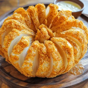 To make a tasty air fryer blooming onion, gather these fresh ingredients: - 1 large sweet onion (Vidalia or similar) - 1 cup all-purpose flour - 1 teaspoon paprika - 1 teaspoon garlic powder - 1 teaspoon onion powder - 1/2 teaspoon cayenne pepper (adjust to taste) - 1/2 teaspoon salt - 1/2 teaspoon black pepper - 2 large eggs - 1 cup breadcrumbs (panko recommended for maximum crunch) - Olive oil spray This list covers everything you need. Each ingredient plays a key role. The sweet onion brings flavor, while the spices add a kick. The flour helps create a crispy crust. Panko breadcrumbs provide that extra crunch we all love. When you pick your onion, go for one that feels heavy for its size. A good onion will bloom nicely in the air fryer. Don't skip the olive oil spray. It helps the onion crisp up and adds flavor. Gather these items before you start cooking. Having everything ready makes the process smooth and fun. Trust me; you'll love the result! For the full recipe, check the detailed steps included in this article. To start, cut off the top of the onion. Peel away the outer layers. Place the onion upside down on a stable cutting board. Use a sharp knife to make vertical cuts about 1 inch from the base. Aim for 8 to 12 petal-like sections. Be careful not to cut through the root at the bottom. This keeps the onion intact. Once cut, gently pull apart the petals to make it bloom. For the coating, grab a medium bowl. Combine these ingredients: - 1 cup all-purpose flour - 1 teaspoon paprika - 1 teaspoon garlic powder - 1 teaspoon onion powder - 1/2 teaspoon cayenne pepper (adjust to taste) - 1/2 teaspoon salt - 1/2 teaspoon black pepper Whisk the mixture well. Even seasoning is key for great flavor in every bite. Next, set up a breading station. In one bowl, crack and whisk 2 large eggs. Next, prepare another bowl for the breadcrumbs. Set this up next to the flour mixture and the egg wash. This order helps you coat the onion quickly and efficiently. Now, let's coat the onion. Dip the blooming onion into the flour mix first. Make sure each petal is well coated. Shake off any extra flour. Then, dip the onion in the eggs, letting any excess drip off. Finally, roll the onion in the breadcrumbs. Press lightly to help them stick. Avoid over-coating, which can make it too heavy. Before you cook, preheat your air fryer to 370°F (188°C). Once it's hot, generously spray the coated onion with olive oil. This helps it crisp up nicely. Carefully place the onion in the air fryer basket. Spread the petals evenly apart for better cooking. Air fry the onion for 12 to 15 minutes. Turn it halfway through to ensure even cooking. It’s ready when it turns golden brown and crispy. The petals should look inviting and delicious. Don’t rush this step; it’s worth the wait. For the full recipe, check out the details provided earlier. To get that perfect crunch, use panko breadcrumbs. They are lighter and flakier than regular breadcrumbs. This helps your blooming onion become extra crispy. For the best result, generously spray the onion with olive oil. Use a spray bottle to cover all sides evenly. This technique gives a golden color and locks in moisture. Watch your cooking time. Overcooking can make the onion dry. Undercooking leaves it soggy. Aim for 12 to 15 minutes at 370°F (188°C). Keep the petals separated while cooking. This ensures even heat circulation. If they stick together, the onion won't bloom properly. Dipping sauces make your blooming onion shine. Try zesty ranch dressing or creamy aioli for great flavor. You can also garnish with fresh herbs like parsley for a pop of color. Arrange the onion on a nice platter to impress your guests. A little creativity goes a long way in presentation. Try pairing it with a side of veggies or your favorite main dish for a complete meal. {{image_4}} You can add your favorite spices to this dish. Try adding smoked paprika or chili powder for extra kick. For a cheesy twist, stuff the onion with cheese before coating. Creamy cheddar or spicy pepper jack can be great choices. This way, you get a surprise inside with every bite. Swap out all-purpose flour for whole wheat flour. This change adds fiber and nutrients. If you need gluten-free, use almond flour or a gluten-free blend. Air frying is healthier than deep frying. It cuts down on oil, making it a lighter option. You still get that crispy texture without all the grease. The blooming onion makes a great appetizer. Pair it with burgers, grilled chicken, or steak. It adds a fun touch to any meal. For parties, serve it on a large platter. Add a variety of dipping sauces like ranch or spicy ketchup. This way, your guests can try different flavors with each petal. To store your blooming onion, place it in an airtight container. Keep it in the refrigerator for up to three days. This helps maintain its flavor and texture. If you leave it out, it spoils quickly. Reheat your blooming onion in the air fryer. Set it to 350°F (175°C) and heat for about 5-7 minutes. This method keeps the onion crispy. You can also use an oven for reheating. Just remember to cover it with foil to avoid drying it out. Freezing a blooming onion is not ideal. It can lose its crunch when thawed. If you want to freeze it, wrap it tightly in plastic wrap and place it in a freezer bag. To thaw, leave it in the fridge overnight. Reheat in the air fryer for the best results. For more details, check out the Full Recipe. A blooming onion takes about 12 to 15 minutes to cook in an air fryer. Set your air fryer to 370°F (188°C). After 6-8 minutes, flip the onion for even cooking. You’ll know it’s done when it turns golden brown and crispy. Timing can vary, so check for desired crispiness. Using frozen onions is not ideal for this recipe. Frozen onions tend to get mushy when cooked. If you only have frozen onions, let them thaw and dry well before cutting and coating. This step helps maintain some crunch. Some great dipping sauces for your blooming onion include: - Zesty ranch dressing - Creamy garlic aioli - Spicy ketchup - Honey mustard - Chipotle mayo You can easily make these sauces at home or buy them from the store. Yes, you can make a blooming onion in the oven. Preheat your oven to 400°F (200°C). After breading, place the onion on a baking sheet. Spray it with olive oil and bake for about 20-25 minutes, turning halfway through. It may not be as crisp as an air-fried version, but it will still taste great. To adjust the spice level, you can modify the cayenne pepper in the coating. For a milder flavor, reduce the amount or omit it. If you like it spicy, feel free to add more. You can also try adding hot sauce to your dipping sauce for an extra kick. You can find the full recipe for Air Fryer Blooming Onion in the recipe section above. It contains all the details you need to create this crispy and flavorful treat! Now you have all the tools to make a delicious blooming onion. We've covered the ingredients, step-by-step instructions, tips for crispiness, and storage information. You can create different flavors and even make healthier versions if you wish. This dish makes a great appetizer or side. Remember, the right coating and cooking time are key to getting it just right. With a little practice, you can impress your friends and family with this tasty treat. Enjoy making your blooming onion!