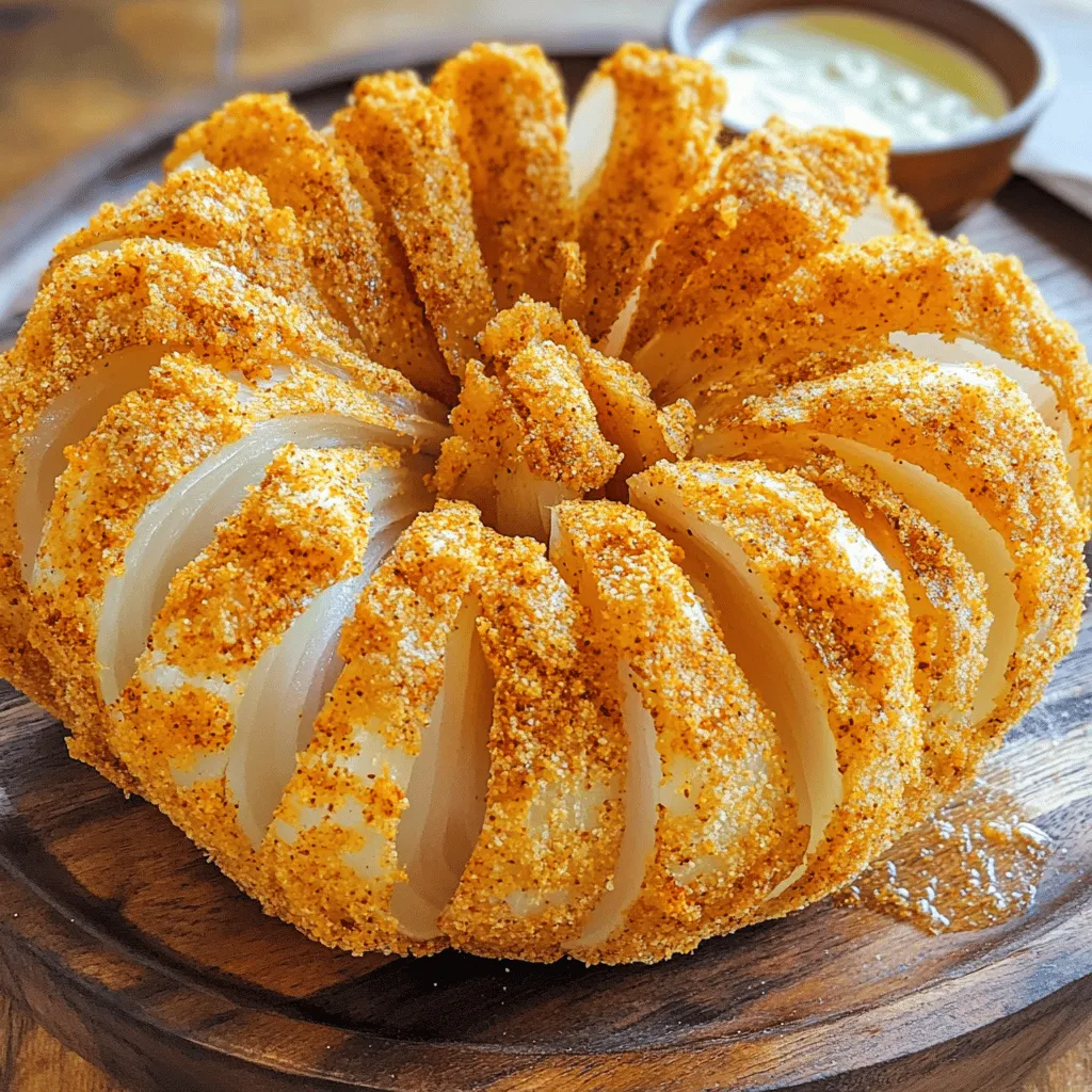 To make a tasty air fryer blooming onion, gather these fresh ingredients: - 1 large sweet onion (Vidalia or similar) - 1 cup all-purpose flour - 1 teaspoon paprika - 1 teaspoon garlic powder - 1 teaspoon onion powder - 1/2 teaspoon cayenne pepper (adjust to taste) - 1/2 teaspoon salt - 1/2 teaspoon black pepper - 2 large eggs - 1 cup breadcrumbs (panko recommended for maximum crunch) - Olive oil spray This list covers everything you need. Each ingredient plays a key role. The sweet onion brings flavor, while the spices add a kick. The flour helps create a crispy crust. Panko breadcrumbs provide that extra crunch we all love. When you pick your onion, go for one that feels heavy for its size. A good onion will bloom nicely in the air fryer. Don't skip the olive oil spray. It helps the onion crisp up and adds flavor. Gather these items before you start cooking. Having everything ready makes the process smooth and fun. Trust me; you'll love the result! For the full recipe, check the detailed steps included in this article. To start, cut off the top of the onion. Peel away the outer layers. Place the onion upside down on a stable cutting board. Use a sharp knife to make vertical cuts about 1 inch from the base. Aim for 8 to 12 petal-like sections. Be careful not to cut through the root at the bottom. This keeps the onion intact. Once cut, gently pull apart the petals to make it bloom. For the coating, grab a medium bowl. Combine these ingredients: - 1 cup all-purpose flour - 1 teaspoon paprika - 1 teaspoon garlic powder - 1 teaspoon onion powder - 1/2 teaspoon cayenne pepper (adjust to taste) - 1/2 teaspoon salt - 1/2 teaspoon black pepper Whisk the mixture well. Even seasoning is key for great flavor in every bite. Next, set up a breading station. In one bowl, crack and whisk 2 large eggs. Next, prepare another bowl for the breadcrumbs. Set this up next to the flour mixture and the egg wash. This order helps you coat the onion quickly and efficiently. Now, let's coat the onion. Dip the blooming onion into the flour mix first. Make sure each petal is well coated. Shake off any extra flour. Then, dip the onion in the eggs, letting any excess drip off. Finally, roll the onion in the breadcrumbs. Press lightly to help them stick. Avoid over-coating, which can make it too heavy. Before you cook, preheat your air fryer to 370°F (188°C). Once it's hot, generously spray the coated onion with olive oil. This helps it crisp up nicely. Carefully place the onion in the air fryer basket. Spread the petals evenly apart for better cooking. Air fry the onion for 12 to 15 minutes. Turn it halfway through to ensure even cooking. It’s ready when it turns golden brown and crispy. The petals should look inviting and delicious. Don’t rush this step; it’s worth the wait. For the full recipe, check out the details provided earlier. To get that perfect crunch, use panko breadcrumbs. They are lighter and flakier than regular breadcrumbs. This helps your blooming onion become extra crispy. For the best result, generously spray the onion with olive oil. Use a spray bottle to cover all sides evenly. This technique gives a golden color and locks in moisture. Watch your cooking time. Overcooking can make the onion dry. Undercooking leaves it soggy. Aim for 12 to 15 minutes at 370°F (188°C). Keep the petals separated while cooking. This ensures even heat circulation. If they stick together, the onion won't bloom properly. Dipping sauces make your blooming onion shine. Try zesty ranch dressing or creamy aioli for great flavor. You can also garnish with fresh herbs like parsley for a pop of color. Arrange the onion on a nice platter to impress your guests. A little creativity goes a long way in presentation. Try pairing it with a side of veggies or your favorite main dish for a complete meal. {{image_4}} You can add your favorite spices to this dish. Try adding smoked paprika or chili powder for extra kick. For a cheesy twist, stuff the onion with cheese before coating. Creamy cheddar or spicy pepper jack can be great choices. This way, you get a surprise inside with every bite. Swap out all-purpose flour for whole wheat flour. This change adds fiber and nutrients. If you need gluten-free, use almond flour or a gluten-free blend. Air frying is healthier than deep frying. It cuts down on oil, making it a lighter option. You still get that crispy texture without all the grease. The blooming onion makes a great appetizer. Pair it with burgers, grilled chicken, or steak. It adds a fun touch to any meal. For parties, serve it on a large platter. Add a variety of dipping sauces like ranch or spicy ketchup. This way, your guests can try different flavors with each petal. To store your blooming onion, place it in an airtight container. Keep it in the refrigerator for up to three days. This helps maintain its flavor and texture. If you leave it out, it spoils quickly. Reheat your blooming onion in the air fryer. Set it to 350°F (175°C) and heat for about 5-7 minutes. This method keeps the onion crispy. You can also use an oven for reheating. Just remember to cover it with foil to avoid drying it out. Freezing a blooming onion is not ideal. It can lose its crunch when thawed. If you want to freeze it, wrap it tightly in plastic wrap and place it in a freezer bag. To thaw, leave it in the fridge overnight. Reheat in the air fryer for the best results. For more details, check out the Full Recipe. A blooming onion takes about 12 to 15 minutes to cook in an air fryer. Set your air fryer to 370°F (188°C). After 6-8 minutes, flip the onion for even cooking. You’ll know it’s done when it turns golden brown and crispy. Timing can vary, so check for desired crispiness. Using frozen onions is not ideal for this recipe. Frozen onions tend to get mushy when cooked. If you only have frozen onions, let them thaw and dry well before cutting and coating. This step helps maintain some crunch. Some great dipping sauces for your blooming onion include: - Zesty ranch dressing - Creamy garlic aioli - Spicy ketchup - Honey mustard - Chipotle mayo You can easily make these sauces at home or buy them from the store. Yes, you can make a blooming onion in the oven. Preheat your oven to 400°F (200°C). After breading, place the onion on a baking sheet. Spray it with olive oil and bake for about 20-25 minutes, turning halfway through. It may not be as crisp as an air-fried version, but it will still taste great. To adjust the spice level, you can modify the cayenne pepper in the coating. For a milder flavor, reduce the amount or omit it. If you like it spicy, feel free to add more. You can also try adding hot sauce to your dipping sauce for an extra kick. You can find the full recipe for Air Fryer Blooming Onion in the recipe section above. It contains all the details you need to create this crispy and flavorful treat! Now you have all the tools to make a delicious blooming onion. We've covered the ingredients, step-by-step instructions, tips for crispiness, and storage information. You can create different flavors and even make healthier versions if you wish. This dish makes a great appetizer or side. Remember, the right coating and cooking time are key to getting it just right. With a little practice, you can impress your friends and family with this tasty treat. Enjoy making your blooming onion!