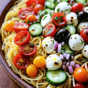 - 8 oz cooked spaghetti - 1 cup cherry tomatoes - 1 medium cucumber - 1 large red bell pepper - 1 cup fresh mozzarella balls - 1/4 cup black olives - 1/4 cup red onion - 1/4 cup fresh basil leaves - 1/4 cup extra-virgin olive oil - 2 tablespoons balsamic vinegar - 1 teaspoon garlic powder - Salt and black pepper This spaghetti salad is bright and tasty. You can make it with fresh, simple ingredients. Start with 8 oz of cooked spaghetti. Ensure it is well-cooled and drained. This makes the salad nice and light. Next, grab 1 cup of cherry tomatoes. Halve them to release their juicy flavor. Then, take 1 medium cucumber and dice it into small pieces. This adds crunch and freshness. Now, find a large red bell pepper. Dice it up to give the salad a sweet taste. Add 1 cup of fresh mozzarella balls, cut in half. They will melt in your mouth! For a salty kick, include 1/4 cup of black olives, sliced into rings. Then, add 1/4 cup of red onion, finely chopped. This gives your salad a bit of bite. To finish, add a handful of fresh basil leaves. They add a fragrant aroma and taste. For the dressing, use 1/4 cup of extra-virgin olive oil and 2 tablespoons of balsamic vinegar. Add 1 teaspoon of garlic powder for a nice zing. Don’t forget salt and black pepper to taste. This combination makes a delicious spaghetti salad. You’ll find it colorful, fresh, and full of flavor! You can follow the Full Recipe for detailed instructions on how to make this dish. 1. In a large bowl, combine spaghetti with vegetables and cheese. Start with the cooled spaghetti. Add the cherry tomatoes, cucumber, red bell pepper, mozzarella balls, black olives, and red onion. Gently toss these ingredients. Be careful not to break the spaghetti. 2. Next, prepare the dressing. In a smaller bowl, whisk together the olive oil, balsamic vinegar, garlic powder, salt, and pepper. Mix until the dressing is smooth and well combined. 3. Then, mix dressings with the salad. Drizzle the dressing over the spaghetti mixture. Use a spatula to toss everything together. Make sure all the ingredients are coated with the dressing. 1. Now, fold in fresh basil. Add the chopped basil leaves carefully. Avoid tearing them too much. This helps keep their bright flavor. 2. After that, refrigerate the salad. Cover the bowl with plastic wrap or a lid. Let it chill for at least 30 minutes. This time helps the flavors blend. 3. Finally, serve and present. When ready, take the salad out of the fridge. Give it a gentle toss again. Serve it in bowls or on plates. Enjoy this fresh and flavorful dish! For the complete recipe, check out the Full Recipe. - Overcooking the spaghetti: Cook your spaghetti until it is al dente. This means it should be firm but not hard. Overcooked pasta can turn mushy and ruin the dish. - Skipping the resting time: Letting the salad rest in the fridge is key. The flavors will blend better and taste amazing after sitting for at least 30 minutes. - Alternatives for fresh mozzarella: If you can’t find fresh mozzarella, use cubed feta cheese or shredded cheddar. Both add a nice twist to the salad. - Options for dressing variations: Try using lemon juice instead of balsamic vinegar for a zestier flavor. You can also mix in some Italian herbs to change the taste. - Best pairings for spaghetti salad: This salad pairs well with grilled chicken or shrimp. Add a protein for a filling meal. - Creative serving ideas: Serve the salad in mason jars for a fun look. You can also layer the ingredients in a clear bowl to show off the colors. {{image_4}} You can make this spaghetti salad your own by changing the ingredients. For protein, add cooked chicken or shrimp for a heartier dish. These proteins complement the salad well, adding both flavor and texture. If you prefer a vegetarian option, try adding chickpeas or diced avocado. Chickpeas bring a nutty taste, while avocado adds creaminess. Both options offer a healthy, satisfying boost. To enhance the flavor of your spaghetti salad, consider adding spices and herbs. Fresh herbs like parsley or dill can brighten the dish. You can also try adding a pinch of red pepper flakes for a bit of heat. For a richer taste, experiment with different vinegars or oils. Apple cider vinegar can add a sweet touch, while lemon juice gives a fresh zing. Using flavored oils, such as garlic-infused or chili oil, can also boost the overall taste. Each tweak offers a new spin on this fresh dish. For the full recipe, check out the Spaghetti Salad Extravaganza. To keep your spaghetti salad fresh, use airtight containers. Glass containers work best. They help prevent odors and keep the salad crisp. If you don't have glass containers, plastic ones are fine. Just ensure they seal well. Store the salad in the fridge right after serving. This keeps it cool and safe. Don’t leave it out for too long. The longer it sits at room temp, the more likely it can spoil. Your spaghetti salad can last for about 3 to 5 days in the fridge. After that, its taste and texture may change. Check for signs of spoilage. If the salad has an off smell or looks mushy, it’s best to throw it away. Freshness is key to enjoying this dish fully. For more ways to make the most of your spaghetti salad, check the Full Recipe. Yes, you can make spaghetti salad ahead of time. It tastes even better after sitting. I recommend preparing it a few hours before serving. This allows the flavors to blend well. Just remember to keep it in the fridge. Cover it tightly to keep it fresh. For this salad, I like using regular spaghetti or thin spaghetti. These noodles hold the dressing nicely. You can also try whole wheat or gluten-free spaghetti. They add a different taste and texture. Make sure to cook the spaghetti until it’s al dente. This keeps it firm in the salad. Yes, you can make spaghetti salad gluten-free. Choose gluten-free pasta made from rice or corn. This way, everyone can enjoy the dish. Just follow the cooking instructions on the package. The rest of the ingredients in the salad are usually gluten-free too. To make spaghetti salad vegetarian, simply skip any meat. You can add more veggies like bell peppers or carrots. Chickpeas or beans are great for protein. They add flavor and texture. Fresh herbs like parsley or dill can also brighten the dish. Enjoy your tasty vegetarian spaghetti salad! This blog shows you how to make a tasty spaghetti salad. You learned about fresh ingredients, step-by-step prep, and tricks to avoid common mistakes. I shared ideas for variations and tips for storing leftovers. Spaghetti salad is versatile and fun. Feel free to mix and match flavors. Enjoy creating your own versions and wow your friends! With this knowledge, you can make the best spaghetti salad.