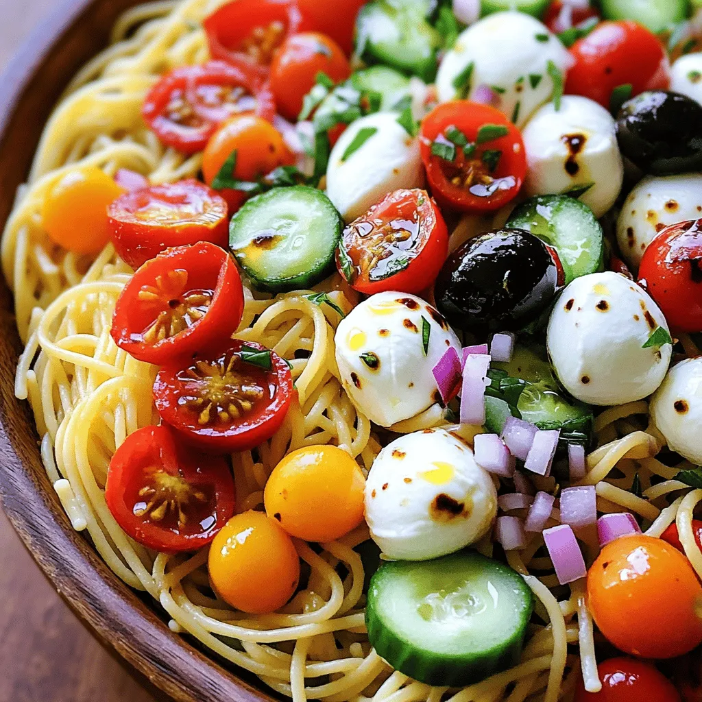 - 8 oz cooked spaghetti - 1 cup cherry tomatoes - 1 medium cucumber - 1 large red bell pepper - 1 cup fresh mozzarella balls - 1/4 cup black olives - 1/4 cup red onion - 1/4 cup fresh basil leaves - 1/4 cup extra-virgin olive oil - 2 tablespoons balsamic vinegar - 1 teaspoon garlic powder - Salt and black pepper This spaghetti salad is bright and tasty. You can make it with fresh, simple ingredients. Start with 8 oz of cooked spaghetti. Ensure it is well-cooled and drained. This makes the salad nice and light. Next, grab 1 cup of cherry tomatoes. Halve them to release their juicy flavor. Then, take 1 medium cucumber and dice it into small pieces. This adds crunch and freshness. Now, find a large red bell pepper. Dice it up to give the salad a sweet taste. Add 1 cup of fresh mozzarella balls, cut in half. They will melt in your mouth! For a salty kick, include 1/4 cup of black olives, sliced into rings. Then, add 1/4 cup of red onion, finely chopped. This gives your salad a bit of bite. To finish, add a handful of fresh basil leaves. They add a fragrant aroma and taste. For the dressing, use 1/4 cup of extra-virgin olive oil and 2 tablespoons of balsamic vinegar. Add 1 teaspoon of garlic powder for a nice zing. Don’t forget salt and black pepper to taste. This combination makes a delicious spaghetti salad. You’ll find it colorful, fresh, and full of flavor! You can follow the Full Recipe for detailed instructions on how to make this dish. 1. In a large bowl, combine spaghetti with vegetables and cheese. Start with the cooled spaghetti. Add the cherry tomatoes, cucumber, red bell pepper, mozzarella balls, black olives, and red onion. Gently toss these ingredients. Be careful not to break the spaghetti. 2. Next, prepare the dressing. In a smaller bowl, whisk together the olive oil, balsamic vinegar, garlic powder, salt, and pepper. Mix until the dressing is smooth and well combined. 3. Then, mix dressings with the salad. Drizzle the dressing over the spaghetti mixture. Use a spatula to toss everything together. Make sure all the ingredients are coated with the dressing. 1. Now, fold in fresh basil. Add the chopped basil leaves carefully. Avoid tearing them too much. This helps keep their bright flavor. 2. After that, refrigerate the salad. Cover the bowl with plastic wrap or a lid. Let it chill for at least 30 minutes. This time helps the flavors blend. 3. Finally, serve and present. When ready, take the salad out of the fridge. Give it a gentle toss again. Serve it in bowls or on plates. Enjoy this fresh and flavorful dish! For the complete recipe, check out the Full Recipe. - Overcooking the spaghetti: Cook your spaghetti until it is al dente. This means it should be firm but not hard. Overcooked pasta can turn mushy and ruin the dish. - Skipping the resting time: Letting the salad rest in the fridge is key. The flavors will blend better and taste amazing after sitting for at least 30 minutes. - Alternatives for fresh mozzarella: If you can’t find fresh mozzarella, use cubed feta cheese or shredded cheddar. Both add a nice twist to the salad. - Options for dressing variations: Try using lemon juice instead of balsamic vinegar for a zestier flavor. You can also mix in some Italian herbs to change the taste. - Best pairings for spaghetti salad: This salad pairs well with grilled chicken or shrimp. Add a protein for a filling meal. - Creative serving ideas: Serve the salad in mason jars for a fun look. You can also layer the ingredients in a clear bowl to show off the colors. {{image_4}} You can make this spaghetti salad your own by changing the ingredients. For protein, add cooked chicken or shrimp for a heartier dish. These proteins complement the salad well, adding both flavor and texture. If you prefer a vegetarian option, try adding chickpeas or diced avocado. Chickpeas bring a nutty taste, while avocado adds creaminess. Both options offer a healthy, satisfying boost. To enhance the flavor of your spaghetti salad, consider adding spices and herbs. Fresh herbs like parsley or dill can brighten the dish. You can also try adding a pinch of red pepper flakes for a bit of heat. For a richer taste, experiment with different vinegars or oils. Apple cider vinegar can add a sweet touch, while lemon juice gives a fresh zing. Using flavored oils, such as garlic-infused or chili oil, can also boost the overall taste. Each tweak offers a new spin on this fresh dish. For the full recipe, check out the Spaghetti Salad Extravaganza. To keep your spaghetti salad fresh, use airtight containers. Glass containers work best. They help prevent odors and keep the salad crisp. If you don't have glass containers, plastic ones are fine. Just ensure they seal well. Store the salad in the fridge right after serving. This keeps it cool and safe. Don’t leave it out for too long. The longer it sits at room temp, the more likely it can spoil. Your spaghetti salad can last for about 3 to 5 days in the fridge. After that, its taste and texture may change. Check for signs of spoilage. If the salad has an off smell or looks mushy, it’s best to throw it away. Freshness is key to enjoying this dish fully. For more ways to make the most of your spaghetti salad, check the Full Recipe. Yes, you can make spaghetti salad ahead of time. It tastes even better after sitting. I recommend preparing it a few hours before serving. This allows the flavors to blend well. Just remember to keep it in the fridge. Cover it tightly to keep it fresh. For this salad, I like using regular spaghetti or thin spaghetti. These noodles hold the dressing nicely. You can also try whole wheat or gluten-free spaghetti. They add a different taste and texture. Make sure to cook the spaghetti until it’s al dente. This keeps it firm in the salad. Yes, you can make spaghetti salad gluten-free. Choose gluten-free pasta made from rice or corn. This way, everyone can enjoy the dish. Just follow the cooking instructions on the package. The rest of the ingredients in the salad are usually gluten-free too. To make spaghetti salad vegetarian, simply skip any meat. You can add more veggies like bell peppers or carrots. Chickpeas or beans are great for protein. They add flavor and texture. Fresh herbs like parsley or dill can also brighten the dish. Enjoy your tasty vegetarian spaghetti salad! This blog shows you how to make a tasty spaghetti salad. You learned about fresh ingredients, step-by-step prep, and tricks to avoid common mistakes. I shared ideas for variations and tips for storing leftovers. Spaghetti salad is versatile and fun. Feel free to mix and match flavors. Enjoy creating your own versions and wow your friends! With this knowledge, you can make the best spaghetti salad.